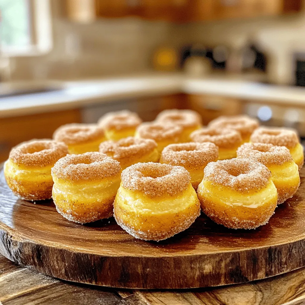 To make these tasty donut holes, gather these main ingredients: - 1 cup pumpkin puree - 1/2 cup granulated sugar - 1/4 cup brown sugar, packed - 1/3 cup unsweetened applesauce - 1/4 cup vegetable oil - 2 large eggs - 1 1/2 teaspoons vanilla extract - 2 cups all-purpose flour - 2 teaspoons baking powder - 1 teaspoon baking soda - 1 teaspoon ground cinnamon - 1/2 teaspoon ground nutmeg - 1/2 teaspoon salt These ingredients make the base for soft and moist donut holes. The pumpkin puree adds flavor and moisture. The sugars create a sweet taste, while the spices give warmth. You can also consider these optional ingredients: - Nutmeg for a stronger spice flavor - Chopped nuts like walnuts or pecans for crunch - Mini chocolate chips for a sweet twist These variations can change the taste, making your donut holes unique. To enhance your donut holes, try these toppings: - Extra cinnamon sugar mix for rolling - A drizzle of maple syrup - Whipped cream or cream cheese frosting Pair your donut holes with a warm drink. They go great with coffee, tea, or hot chocolate. Enjoying them warm makes the flavors pop even more! First, gather your ingredients. You need pumpkin puree, sugars, applesauce, oil, eggs, and vanilla. In a big bowl, mix the pumpkin puree, granulated sugar, brown sugar, applesauce, vegetable oil, eggs, and vanilla extract. Whisk until smooth. In another bowl, combine the flour, baking powder, baking soda, cinnamon, nutmeg, and salt. Slowly add the dry mix to the wet mix. Stir gently. Remember, do not overmix. The batter should be thick but smooth. Preheat your oven to 350°F (175°C). Grease your mini muffin tin or donut hole pan. Spoon the batter into the tin, filling each cavity about two-thirds full. Bake for 10 to 12 minutes. To check if they are done, insert a toothpick in the center. If it comes out clean, they are ready. Let the donut holes cool in the pan for a few minutes. Then, transfer them to a wire rack to cool completely. While the donut holes cool, make the cinnamon sugar. In a shallow dish, mix the granulated sugar and ground cinnamon. Once the donut holes are cool enough to handle, roll each one in the cinnamon sugar. Coat them well. This step makes them extra tasty and sweet. Enjoy your cinnamon sugar pumpkin donut holes warm or at room temperature! To get soft and fluffy donut holes, mix wet and dry ingredients well. Combine pumpkin puree, sugars, applesauce, oil, eggs, and vanilla first. Then, mix the flour, baking powder, baking soda, cinnamon, nutmeg, and salt in another bowl. Slowly add the dry mix to the wet mix. Stir carefully until just combined. Overmixing can lead to tough donut holes. Grease your mini muffin tin or donut hole pan well. Use cooking spray or a light layer of oil. This step helps the donut holes pop out easily. Let them cool for a few minutes before removing them. If they seem stuck, gently run a spatula around the edges to release them. Using the right amounts is key to great donut holes. Always scoop flour into your measuring cup, then level it off. Don’t pack the flour down. For brown sugar, press it into the cup before leveling. Accurate measuring ensures your donut holes rise and taste just right. {{image_2}} You can swap pumpkin puree with other purees. Sweet potato puree works well. You can also try butternut squash puree. Each alternative gives a unique taste. To make these donut holes gluten-free, use a gluten-free flour blend. You can find various blends at stores. Make sure the blend has a good texture for baking. This keeps the donut holes light and fluffy. You can change the flavors of these donut holes easily. Try adding cocoa powder for a chocolate version. For a vanilla twist, use vanilla bean paste instead of extract. You can also add spices like ginger or cloves for a seasonal touch. Each variation brings its own charm and taste! To keep your donut holes fresh, place them in an airtight container. This helps keep them moist. Store them at room temperature for up to three days. For longer storage, you can refrigerate them. Just make sure to seal them well to avoid drying out. You can freeze cinnamon sugar pumpkin donut holes too. First, let them cool completely. Then, arrange them in a single layer on a baking sheet. Freeze them for about an hour. Once they are firm, transfer them to a freezer-safe bag. They will stay good for up to three months. To reheat donut holes, preheat your oven to 350°F (175°C). Place them on a baking tray and heat for about 5-7 minutes. This will make them warm and soft again. If you want, you can also microwave them for about 10-15 seconds. However, the oven gives a better texture. Yes, you can use fresh pumpkin. Start by roasting a pumpkin until it's soft. Scoop out the flesh and blend it until smooth. You need one cup of pumpkin puree for this recipe. Fresh pumpkin can taste richer than canned. Just make sure to drain any extra water for the best results. You can replace the eggs with unsweetened applesauce. Use 1/4 cup of applesauce for each egg. This keeps the donut holes moist and fluffy. You can also try using mashed bananas or a flaxseed mixture. Mix one tablespoon of ground flaxseed with three tablespoons of water and let it sit until it thickens. Serve these donut holes warm or at room temperature. They pair nicely with coffee or tea. You can also add a sweet dip like cream cheese frosting or caramel sauce. For a fun twist, try adding a sprinkle of sea salt to the cinnamon sugar for extra flavor. You learned how to make tasty cinnamon sugar pumpkin donut holes. We covered the key ingredients, step-by-step baking, and helpful tips to get them just right. I shared fun variations to try and how to store your treats for later. You can swap ingredients easily to match your needs. Enjoy these donut holes warm or cold, with your favorite toppings. Now, go ahead and bake a batch. You will love making and sharing these sweet treats!