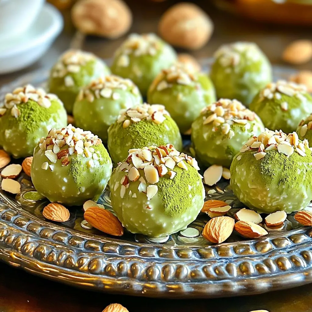 To make No-Bake Matcha White Chocolate Truffles, you need a few simple ingredients. Each one plays a key role in flavor and texture. Here's what you'll need: - 1 cup white chocolate chips - 1/2 cup heavy cream - 2 tablespoons matcha green tea powder - 1/4 teaspoon vanilla extract - Pinch of salt - 1/2 cup crushed almonds (for coating) - Extra matcha powder (for dusting, optional) Each ingredient adds to the truffles' special taste. The white chocolate brings sweetness, while the matcha adds a unique flavor and vibrant color. Heavy cream gives a rich, creamy texture. Vanilla and salt enhance the overall taste. You can coat the truffles in crushed almonds for a crunchy finish. Finally, a dusting of matcha powder makes them look beautiful. Gather these ingredients for a fun and tasty treat! Start by grabbing a small saucepan. Over low heat, combine 1 cup of white chocolate chips and 1/2 cup of heavy cream. Stir continuously, watching for the chocolate to melt. You want it to turn smooth and creamy. This part is key for a perfect truffle. Next, remove the saucepan from the heat. Now, add 2 tablespoons of matcha green tea powder, 1/4 teaspoon of vanilla extract, and a pinch of salt. Mix well to blend everything together. You should see a bright green color form. This is where the magic starts! After mixing, transfer the mixture to a bowl. Place it in the fridge for about 1 hour. You want it to thicken up, making it easy to handle. Once chilled, use a small cookie scoop or your hands to form the truffle mixture into bite-sized balls. Now comes the fun part! Roll each truffle in 1/2 cup of crushed almonds. This gives them a lovely crunch. If you want an extra touch, dust some matcha powder on top. Place the coated truffles on a parchment-lined baking sheet. Finally, refrigerate them for another 30 minutes to firm up. Enjoy your delightful creations! To get the best texture, it’s key to avoid overheating your chocolate. Heat it slowly on low. Stir it well until it is completely smooth. After mixing in the matcha, chill the mixture thoroughly before shaping. This step makes it easier to form the truffles. For a stunning display, arrange the truffles on a decorative platter. Scatter whole almonds around for a lovely touch. You can also dust them with extra matcha powder for extra flair. This little detail adds color and makes your truffles pop. Feel free to get creative with your truffles. You can use different coatings like coconut flakes or crushed pistachios. For flavor, try adding citrus zest or other extracts, like mint or almond. These variations can make each batch unique and fun! {{image_2}} You can change the look and taste of your truffles by using different coatings. Here are two great options: - Coconut flakes: Rolling the truffles in sweet coconut adds a fun twist. The coconut gives a chewy texture and a tropical taste. - Crushed pistachios: This option brings a nice crunch. The green color looks great against the matcha. Plus, pistachios add a nutty flavor that pairs well with the truffles. Adding flavors can make your truffles even more exciting. Here are some ideas: - Citrus zest: Try adding some zest from oranges or lemons. This brightens the flavor and adds a fresh note to your truffles. - Other extracts: You can use mint or almond extract for a unique twist. Just a few drops will change the taste and make it special. If you want to cut sugar, you can use sweeteners that fit your needs. Here are some options: - Sugar-free options: Look for sugar-free white chocolate. This keeps the truffles tasty without the extra sugar. - Using flavored white chocolate: You can find white chocolate with flavors like vanilla or caramel. This adds depth and makes your truffles stand out. Try these variations to make each batch of truffles unique and fun! To keep your truffles fresh, store them in the fridge. Use an airtight container to avoid absorbing other smells. If you have a lot, layer them with parchment paper to prevent sticking. These truffles can last for up to one week in the fridge. If you want to keep them longer, freeze them. Place them in a freezer-safe bag or container. They can last for up to three months when frozen. These truffles taste best when served chilled. Pair them with green tea for a delightful match. You can also enjoy them with a glass of milk or a light dessert wine. Yes, you can use dark chocolate. It will change the taste. Dark chocolate has a richer flavor. This will contrast nicely with the matcha. You may need to adjust the cream amount for texture. These truffles last about one week in the fridge. Store them in an airtight container. This keeps them fresh and tasty. If you want to keep them longer, freeze them. Matcha is usually safe for most people. However, those with caffeine issues should be careful. Matcha contains caffeine like green tea. Always check with a doctor if unsure. Yes, you can make these truffles vegan. Use dairy-free white chocolate and coconut cream. This keeps the rich taste while making it vegan-friendly. If the mixture is too soft, chill it longer. Refrigerate for an extra 30 minutes. This helps it firm up, making it easier to shape. You can also add more matcha powder for texture. You now have all the steps to create delicious matcha white chocolate truffles. We covered ingredients, step-by-step instructions, and tips to ensure the perfect treat. Don't forget to explore the variations and storage tips for extra creativity. These truffles are fun to make and share. Enjoy playing with flavors and coatings to make them your own. Treat yourself or surprise someone special with these tasty bites. Happy truffle-making!
