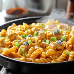 - 2 cups rotini pasta - 1 pound boneless, skinless chicken breasts, diced - 1 tablespoon olive oil - 1 teaspoon garlic powder - 1 teaspoon onion powder - 1/2 teaspoon smoked paprika - Salt and pepper to taste - 1/2 cup buffalo sauce (adjust according to taste) - 2 cups chicken broth - 1 cup heavy cream - 1 cup shredded cheddar cheese - 1/4 cup green onions, chopped (for garnish) - 1/4 cup crumbled blue cheese (optional, for garnish) When I cook this dish, I love how simple the ingredients are. The rotini pasta holds the sauce well. Chicken breasts provide a healthy protein. Olive oil helps to cook the chicken perfectly. The seasonings bring the dish to life. Garlic powder and onion powder add great flavor. Smoked paprika gives a nice touch. You can adjust the salt and pepper to your taste. The buffalo sauce adds a spicy kick. The creamy part comes from heavy cream and cheddar cheese. They make the sauce rich and smooth. Finally, the green onions and blue cheese are optional but add a nice finish. Enjoy this dish, as it satisfies many tastes! To start, heat one tablespoon of olive oil in a large pot over medium heat. Once hot, add one pound of diced chicken breasts. Season the chicken with one teaspoon of garlic powder, one teaspoon of onion powder, and half a teaspoon of smoked paprika. Add salt and pepper to taste. Cook the chicken for about five to seven minutes. You want it browned and cooked through. Next, pour two cups of chicken broth into the pot. Give it a good stir to mix everything. Bring the mixture to a gentle boil. When it starts boiling, add two cups of rotini pasta. Make sure the pasta is fully submerged in the broth. Reduce the heat to a simmer and cover the pot. Cook for 10 to 12 minutes, stirring occasionally to stop it from sticking. Once the pasta is cooked to al dente, lower the heat. Stir in one cup of heavy cream, half a cup of buffalo sauce, and one cup of shredded cheddar cheese. Mix until the cheese melts and the sauce is creamy. Taste the dish and adjust the spice levels if you want it spicier. You can add more buffalo sauce if you like. Let it sit for a couple of minutes to thicken before serving. To keep your pasta from sticking, stir it often. When you add the rotini, make sure it is fully submerged in the broth. This helps it cook evenly and stay loose. For a creamy sauce, use heavy cream and shredded cheddar cheese. The cheese should melt well into the sauce. If you want it creamier, add more cream. Garnish your dish with chopped green onions for a fresh touch. Crumbled blue cheese adds flavor and looks nice too. You can pair this pasta with a simple green salad or garlic bread. Both sides balance the heat of the buffalo sauce. For gluten-free options, swap rotini for gluten-free pasta. Many brands taste great and cook well in this recipe. If you need dairy-free alternatives, use coconut cream instead of heavy cream. Nutritional yeast can replace cheddar cheese for a cheesy flavor without the dairy. {{image_2}} You can switch up the protein in this dish. Turkey works well as a leaner option. Just use the same amount and cook it the same way. If you want a plant-based choice, tofu is great too. Cut it into cubes and cook it until golden. If you love seafood, add shrimp or crab. They cook fast and bring a nice taste. Adjusting spice levels can change the whole dish. If you like it mild, use less buffalo sauce. For more heat, add extra sauce or some red pepper flakes. You can also change the cheeses. Cream cheese gives a rich taste. Pepper jack cheese adds a fun kick. Explore different cheeses to find your favorite blend. Rotini is fun, but feel free to try other pasta shapes. Penne or fusilli are great choices too. They hold the sauce well. If you want a healthier option, use whole grain pasta. It adds fiber and nutrients. Just keep an eye on cooking time, as it may vary. To store leftovers, let the pasta cool down first. Then, put it in an airtight container. Store it in the fridge for up to three days. If you want to freeze it, use a freezer-safe container. This pasta can last in the freezer for about two months. Just remember to label it with the date! When reheating, the best way is to use the stove. Place the pasta in a pan over low heat. Add a splash of chicken broth or cream to keep it creamy. Stir often to heat evenly. To avoid sauce separation, don’t let it boil. Heat it gently until warmed through. This dish lasts about three days in the fridge. If you see any mold or a sour smell, it’s time to toss it. Always check for off colors or changes in texture. If it looks or smells bad, don’t eat it. Better safe than sorry! Yes, you can prep this dish in advance. Cook the pasta and chicken as directed. After cooking, let it cool. Store it in an airtight container in the fridge for up to three days. When ready to eat, reheat it gently on the stove. Add a splash of chicken broth to keep it creamy. This makes for a quick meal on busy days. Absolutely! You can use any pasta you like. Just keep an eye on the cooking time. Thin pastas may cook faster, while thicker ones may need more time. Always check for doneness to get that perfect bite. Rotini holds sauce well, but any pasta will work. This dish pairs well with a simple green salad. A side of garlic bread also complements it nicely. You could serve it with steamed veggies for extra nutrition. For something fun, try dipping celery sticks in blue cheese dressing. These sides enhance the meal and add variety. This recipe shows how to make One-Pot Creamy Buffalo Chicken Pasta. We covered the key ingredients, including rotini, chicken, and creamy sauces. I shared simple steps to prepare, cook, and create a tasty dish. You learned time-saving tips, serving ideas, and options for various diets. Feel free to make it your own with swaps and flavors. Enjoy every bite!