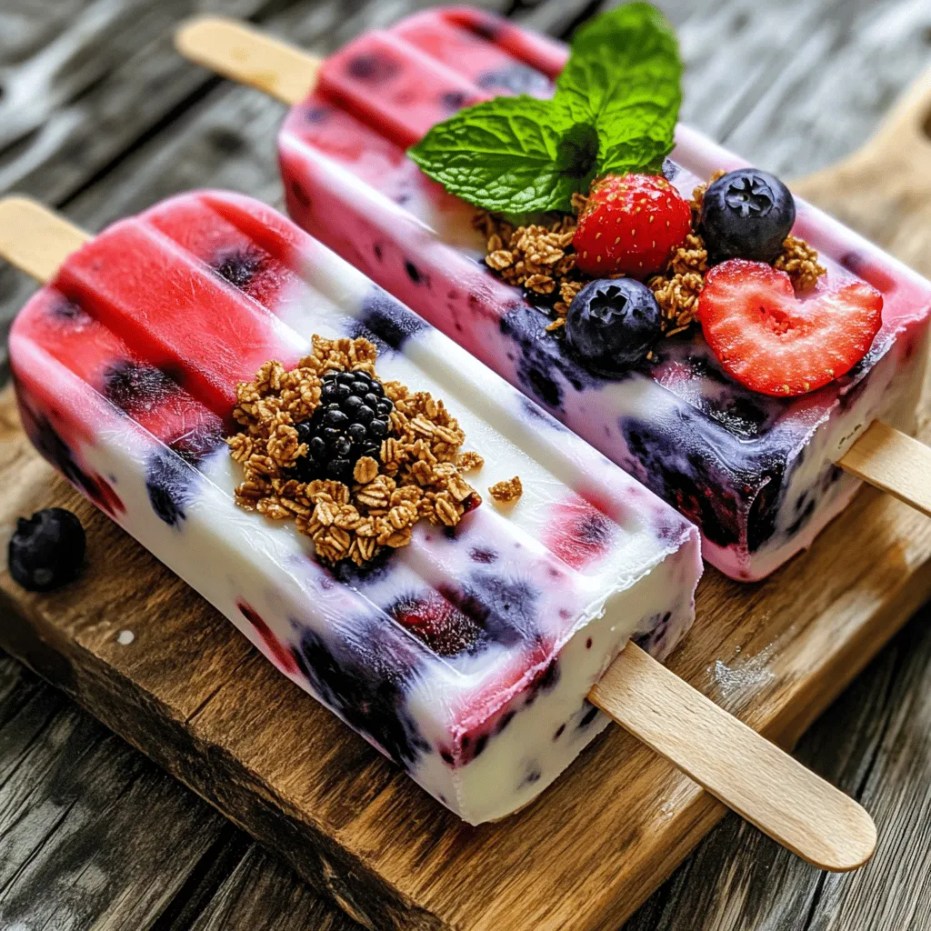 - 2 cups Greek yogurt (plain or vanilla) - 1 cup mixed berries (strawberries, blueberries, raspberries, and blackberries) - 2 tablespoons honey or maple syrup - 1 teaspoon vanilla extract - 1/4 cup granola - Fresh mint leaves for garnish (optional) Gather these simple ingredients to make Greek yogurt berry breakfast popsicles. Greek yogurt is rich and creamy. It adds a great base for your popsicles. You can choose plain yogurt or vanilla to match your taste. Next, you need mixed berries. You can use strawberries, blueberries, raspberries, and blackberries. They add color and flavor. The sweet berries contrast well with the yogurt. For sweetness, use honey or maple syrup. Adjust the amount to your liking. A touch of vanilla extract enhances the flavor. Granola adds crunch. It gives texture and makes the popsicles more fun. Lastly, fresh mint leaves are optional. They make a lovely garnish and add a fresh taste. With these ingredients, you are ready to create a tasty treat. Enjoy the process and get creative! - Mixing the yogurt and sweetener Start by taking a mixing bowl. Add the Greek yogurt, honey or maple syrup, and vanilla extract. Stir it well until the mixture becomes smooth and creamy. - Preparing the mixed berries In another bowl, toss your mixed berries gently. This helps to break them down a bit. You want some juice but keep the berries chunky. This creates a lovely marbled look in your popsicles. - Layering in the popsicle molds Pour a layer of the yogurt mixture into the popsicle molds. Fill them halfway. Then, spoon a layer of the mixed berries on top of the yogurt. Follow this with another layer of the yogurt mixture. - Swirling the mixtures together Take a skewer or a stick and swirl the mixtures together. This gives an artistic touch to your popsicles. Don’t overdo it; you want to see those beautiful berry swirls! - Adding granola and freezing Now, sprinkle some granola into the molds. This adds a nice crunch. Top it off with the remaining yogurt, pressing down slightly. Insert popsicle sticks or lids and freeze for 4 to 6 hours, until fully set. - Achieving the right consistency Make sure your yogurt is thick and creamy. This helps your popsicles have a nice texture. If it’s too runny, they may not hold their shape. - Ensuring even layering Try to layer the yogurt and berries evenly. This ensures that each bite is balanced and tasty. Use a spoon to spread the yogurt smoothly. - Removing popsicles from molds easily When ready to eat, run warm water over the molds for a few seconds. This helps the popsicles pop out easily. Enjoy your tasty treats right away! - Serve the popsicles on a wooden board or a colorful plate. This adds charm and warmth. - Garnish with fresh mint leaves and whole berries. This not only looks nice but also adds fresh flavor. - Greek yogurt is rich in protein. It helps build muscle and keeps you full longer. It also contains probiotics that support gut health. - Mixed berries are full of vitamins. They are low in calories and high in antioxidants. This makes them great for your health. - Honey offers natural sweetness and has health benefits. It can soothe sore throats and is a better choice than sugar. Maple syrup is also sweet but has a lower glycemic index. This means it raises blood sugar less than regular sugar. These tips help you enjoy your Greek yogurt berry breakfast popsicles in a tasty, healthy way. {{image_2}} You can change the flavor of your popsicles easily. Use different fruits to switch it up. Try mangoes, peaches, or even kiwi. Each fruit brings its unique taste. If you want a dairy-free option, swap Greek yogurt for coconut yogurt. This keeps the creaminess while adding a tropical twist. Almond or soy yogurt is another good choice. These options still taste great! You can add fun mix-ins for more texture. Nut butter adds creaminess and flavor. Try almond butter or peanut butter. You can also add chocolate chips for a sweet touch. Explore different types of granola, too. Crunchy granola gives a nice bite. Look for granola with nuts or seeds for extra flavor. You can even make your own granola at home for a personal touch. To keep your Greek yogurt berry breakfast popsicles fresh, follow these tips: - Optimal freezer conditions: Set your freezer to 0°F (-18°C) or lower. This ensures your popsicles freeze solid and stay tasty. - How to store popsicles in airtight containers: Use airtight containers or freezer bags. This helps keep out air and moisture, preventing ice crystals from forming. How long can you store these popsicles? They can last up to two months in the freezer. After that, they may lose flavor and texture. What are the signs that popsicles may have gone bad? Look for changes in color or texture. If you see ice crystals or a strange smell, it's best to toss them. Always trust your senses when it comes to food safety! Yes, you can use frozen berries. They work well in these popsicles. Frozen berries are often picked at their peak ripeness. They hold their flavor and nutrients. Just remember to thaw them slightly before mixing. This helps release some juices. The results may be slightly different in texture. You might have a creamier swirl effect. Overall, frozen berries are a great choice. The popsicles take about 4 to 6 hours to set. This time may vary based on your freezer. I recommend checking them after 4 hours. If they feel solid, they are ready. If they are still soft, give them more time. Once set, they should be firm and easy to hold. You can enjoy them all summer long! Yes, you can make these popsicles vegan! Swap Greek yogurt for a dairy-free yogurt. Look for options made from almond or coconut. For sweeteners, use maple syrup instead of honey. This keeps the recipe plant-based. You can still enjoy all the great flavors. With these swaps, everyone can enjoy these tasty treats! You now have a great recipe for homemade yogurt popsicles. You learned the ingredients, steps, and tips to make them perfect. Including mixed berries adds flavor and nutrition. You can also try different fruits and textures. Remember, proper storage is key for freshness. Overall, these popsicles are easy to make and healthy to enjoy. Get creative and have fun with this recipe. You can impress friends and family with these tasty treats!