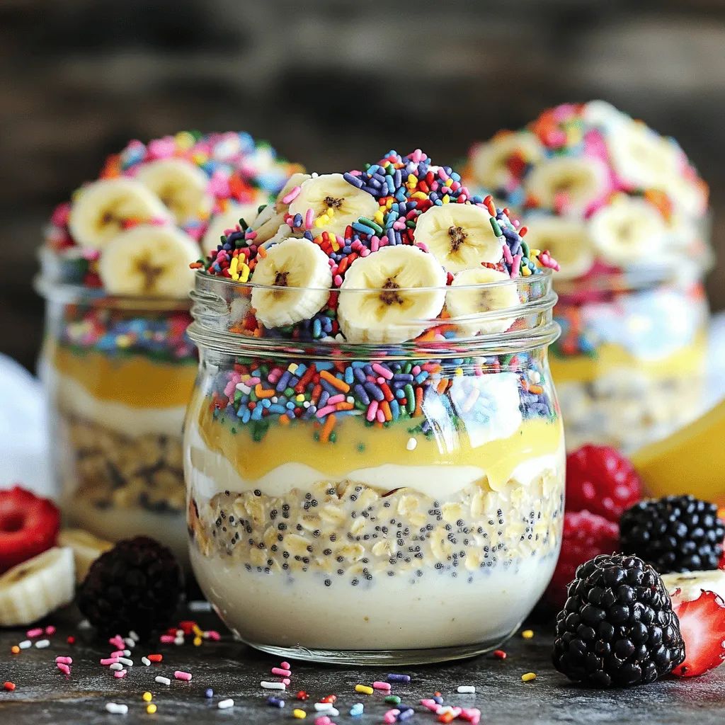 - 1 cup rolled oats - 1 scoop vanilla protein powder - 1 cup unsweetened almond milk (or any milk of choice) - 1 tablespoon chia seeds - 1 tablespoon maple syrup (or honey) - 1 teaspoon vanilla extract - 1/4 teaspoon almond extract - 1/4 cup sprinkles (preferably natural-colored for a healthier option) - Toppings: 1/2 banana, fresh berries, nuts or seeds These ingredients create a fun and tasty dish. The rolled oats form the base. They give a hearty feel and a great texture. Protein powder adds a boost, making these oats filling. Almond milk keeps the mix creamy without dairy. Chia seeds add fiber and healthy fats. Maple syrup or honey gives sweetness. Vanilla and almond extracts provide rich flavors. Sprinkles make it festive, like a birthday cake! For toppings, banana slices add creaminess. Fresh berries bring a burst of color and flavor. Nuts or seeds add a nice crunch. You can swap any ingredient based on your taste. This dish is flexible and easy to customize! - Step 1: In a bowl, combine 1 cup of rolled oats, 1 scoop of vanilla protein powder, and 1 tablespoon of chia seeds. Stir until mixed well. This blend adds both texture and nutrition to your oats. - Step 2: In another bowl, mix 1 cup of unsweetened almond milk, 1 tablespoon of maple syrup, 1 teaspoon of vanilla extract, and 1/4 teaspoon of almond extract. Stir these wet ingredients until they are fully blended. This mixture gives a sweet and creamy base. - Step 3: Gently fold in 1/4 cup of sprinkles. Make sure they are evenly spread throughout the mix. This adds a fun, festive touch to your oats! - Step 4: Transfer the mixture into jars or a large container. This makes it easy to grab in the morning. - Step 5: Cover the jars or container and refrigerate them overnight or for at least 4 hours. This allows the oats to soak and absorb all the tasty flavors. - Step 6: When you are ready to eat, stir the oats well. Top with 1/2 sliced banana, fresh berries, and extra sprinkles if you like. This adds color and more taste. - Step 7: If you want some crunch, sprinkle some nuts or seeds on top before enjoying. This gives your oats extra texture and flavor. - You can swap almond milk for any preferred milk. Try oat, soy, or coconut milk. - Adjust sweetness with more or less maple syrup. Honey works well too. - Add cinnamon or nutmeg for extra flavor. These spices bring warmth and depth. - Incorporate nut butters for added richness. Peanut or almond butter adds creaminess. - Use colorful jars for a festive look. Bright colors make the dish more fun. - Layer ingredients for visual appeal. This adds excitement and makes it Instagram-worthy. {{image_2}} You can easily adjust this recipe to fit your needs. For those following a vegan diet, use plant-based sweeteners like agave syrup instead of honey. You can also swap in gluten-free oats if you have gluten sensitivity. This makes the recipe safe for more people to enjoy. Want to mix things up? Try making chocolate birthday cake oats! Just add cocoa powder to your mix for a rich, chocolatey flavor. You can also puree your favorite fruits and mix them in for a fruity twist. This adds natural sweetness and extra nutrients. Make your oats fit the season! For a fall-inspired version, add pumpkin spice to the mix. It gives a cozy vibe perfect for cool weather. In summer, try adding tropical fruits like mango or pineapple. This brightens up the dish and adds a refreshing touch. To keep your high protein birthday cake overnight oats fresh, use airtight containers. Glass jars work great because they do not hold odors. You can also use plastic containers if they are BPA-free. Here are some tips to keep your oats fresh longer: - Store in the fridge right after mixing. - Avoid adding toppings until serving time. This keeps them from getting soggy. - Check for any leaks in your containers. You can enjoy your oats chilled or warmed. If you like them warm, follow this method: - Remove the lid from the container. - Heat in the microwave for about 30 seconds. - Stir well and check the temperature. Heat more if needed. Warm oats can feel cozy and comforting, while chilled oats are refreshing on hot days. Your overnight oats can last in the fridge for about 3 to 5 days. Keep an eye on them. Here are signs that they have gone bad: - Look for any mold or an off smell. - If the oats feel slimy or have separated, it’s time to toss them. - Always trust your nose and eyes when checking food freshness. To thicken your oats, use less almond milk. Start with 3/4 cup of milk instead of 1 cup. You can also add more chia seeds. Try 2 tablespoons instead of 1. Chia seeds absorb liquid, making the oats thicker. Let them soak longer, too. Overnight is best, but 6 hours works well. Yes, you can! Make a big batch on Sunday for the week. Store them in jars with lids. This keeps them fresh. Layer the oats and toppings in each jar. Just add fresh fruit before eating. This keeps berries from getting mushy. Absolutely! These oats are packed with protein and fiber. They help kids feel full. Use fun toppings like colorful sprinkles and fruit. You can let kids help make their own. It makes breakfast fun and tasty! Plus, they can enjoy a cake-like treat that’s healthy. This article covered a tasty recipe for overnight oats using simple ingredients. You learned how to prepare, store, and even customize these oats for extra fun. Remember, you can mix flavors and tweak the recipe to fit your needs. Overnight oats are easy, healthy, and great for meal prep. Enjoy experimenting with different toppings and flavors to keep breakfast exciting. This recipe can be a great hit with kids too. Now, it’s your turn to make your own delicious batch!