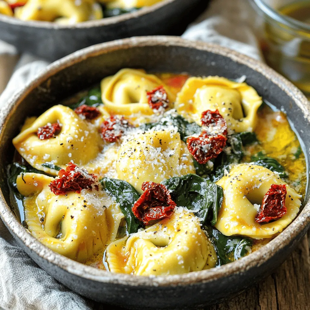 - 12 oz cheese tortellini (fresh or frozen) - 1 cup sun-dried tomatoes, packed in oil, drained and roughly chopped - 3 cups fresh spinach - 2 cloves garlic, minced - 1 small onion, diced - 1 cup vegetable broth (low-sodium) - 1 teaspoon Italian seasoning - 2 tablespoons olive oil - 1/2 cup grated Parmesan cheese (plus more for serving) - Salt and pepper to taste - Red pepper flakes (optional, for a spicy kick) This dish is full of fresh flavors. The cheese tortellini brings a soft bite, while sun-dried tomatoes pack a punch of sweetness. Fresh spinach adds a bright color and a touch of earthiness. Garlic and onion create a lovely base. For the seasonings, Italian seasoning ties everything together. Olive oil provides a rich flavor. Parmesan cheese adds creaminess. Salt and pepper enhance all the tastes. If you like heat, red pepper flakes can give it a fun kick. When you have all these ingredients ready, you create a simple yet delicious meal that impresses everyone at the table! Start by boiling a large pot of salted water. This helps the tortellini taste great. Once the water boils, add 12 ounces of cheese tortellini. If you use fresh tortellini, cook for about 3-4 minutes. If frozen, follow the package instructions. After cooking, drain the tortellini in a colander and set it aside. In a large skillet, heat 2 tablespoons of olive oil over medium heat. Add 1 small diced onion and cook it for about 3-4 minutes. You want it to be soft and translucent. Then, add 2 minced garlic cloves, stirring for about 1 minute. You’ll know it’s ready when it smells wonderful. Now, stir in 1 cup of chopped sun-dried tomatoes and 1 teaspoon of Italian seasoning. Cook this mixture for 2 minutes to let the flavors mix well. Next, pour in 1 cup of low-sodium vegetable broth. Bring it to a gentle simmer and let it cook for about 3-5 minutes to reduce slightly. Add 3 cups of fresh spinach to the skillet. Stir until it wilts, which takes about 2 minutes. Then, gently fold in your cooked tortellini, mixing everything together. Make sure the tortellini is well coated in the sauce. Finally, sprinkle in 1/2 cup of grated Parmesan cheese. Stir until the cheese melts and blends into the dish. Taste your creation and adjust the flavors with salt, pepper, and red pepper flakes if you want some heat. Cook for another minute to heat everything through. - Choosing quality tortellini: Always pick fresh or high-quality frozen tortellini. Fresh tortellini tastes better and cooks faster. Look for brands that use real cheese and good ingredients. Frozen options should still have a nice texture and flavor. - Tips for sautéing vegetables perfectly: Use medium heat to avoid burning. Start with the onion, cooking until it turns clear. This takes about 3-4 minutes. Then, add garlic for one minute until it smells great. This step builds a strong flavor base for your dish. - Suggested spices or herbs: Italian seasoning is a great choice here. It adds a classic taste. You can also try fresh basil or parsley for a pop of color and flavor. If you want a kick, add red pepper flakes. Just a pinch can make a big difference. - Ideas for adding protein: To make this dish heartier, consider adding cooked chicken or shrimp. Both pair well with the flavors. You can simply sauté them in the skillet before adding other ingredients. This way, you boost the protein without changing the dish too much. - Best sides to pair with the dish: A light salad is a perfect side. Try a simple arugula salad with lemon juice and olive oil. It balances the rich flavors of the skillet. You could also serve warm bread to soak up the sauce. - Ideas for garnishing: Top your tortellini with more grated Parmesan cheese. A sprinkle of fresh herbs can make it look nice, too. For a spicy touch, add a few red pepper flakes on top. These small details can elevate your dish’s presentation. {{image_2}} You can make this dish gluten-free. Simply use gluten-free tortellini. Many brands offer great options that taste good. For the broth, choose a gluten-free vegetable broth. Check labels to ensure it fits your needs. To make this dish vegetarian, replace the cheese with a plant-based option. Nutritional yeast works well for a cheesy flavor. If you want it vegan, use vegetable broth without any animal products. You can also add more vegetables. Try bell peppers, zucchini, or mushrooms for extra color and taste. Feel free to switch up the leafy greens. Kale is a great alternative to spinach. It adds a nice texture and flavor. You can also try different types of sun-dried tomatoes. Some come with herbs or spices that can boost the dish's taste. Experiment to find your favorite mix! To store leftovers, let the skillet cool first. Then, place it in an airtight container. This keeps the meal fresh. Glass or BPA-free plastic containers work best. Make sure to seal it well to prevent air from entering. If you want to freeze portions, divide the tortellini into single servings. Place each in a freezer-safe bag. Remember to remove excess air before sealing. For reheating, thaw overnight in the fridge. Heat in a pan on low. Add a splash of vegetable broth for moisture. In the fridge, your dish stays good for about 3 to 5 days. For frozen leftovers, they last up to 2 months. Check for any off smells or mold. If it looks or smells strange, it’s best to throw it away. Making this dish takes about 25 minutes. You spend 10 minutes prepping your ingredients. The cooking time is around 15 minutes. This quick meal is perfect for busy days. You can have dinner ready in no time. Yes, you can use frozen spinach. Just thaw and drain it first. This way, you remove excess water. The flavor will be great, but fresh spinach adds a nice texture. You can swap it in without worry. This dish pairs well with a simple salad or garlic bread. A fresh green salad adds crunch and color. Garlic bread brings a warm, cozy feel. You can also serve it with roasted veggies for more nutrition. Absolutely! You can make it ahead of time. Just store it in an airtight container. When you’re ready to eat, heat it on the stove or microwave. This dish stays tasty for several days in the fridge. Enjoy it for lunch or dinner throughout the week. This blog post shared a simple yet delicious Sun-Dried Tomato Spinach Tortellini Skillet recipe. It covered ingredients, cooking steps, tips for the best results, and variations. You can easily switch ingredients or make it gluten-free or vegan. Storing leftovers is also a breeze. For tasty meals, keep this recipe in mind. You’ll impress family and friends with little effort. Enjoy cooking and make it your own!