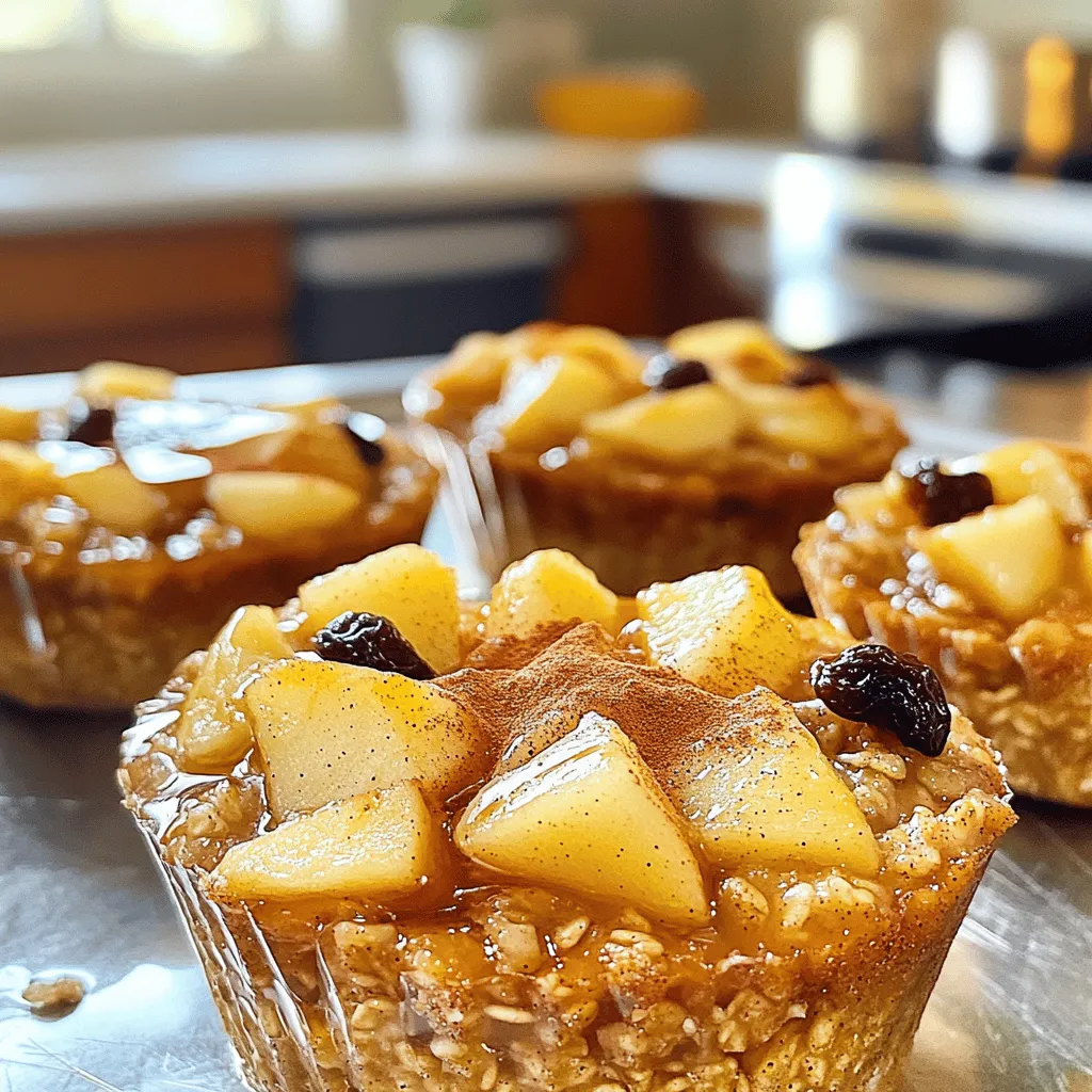 - 2 cups rolled oats - 2 cups almond milk (or alternative milk options) - ¼ cup maple syrup - ¼ cup chopped walnuts or pecans - ¼ cup raisins or dried cranberries - 1 teaspoon baking powder - 1 teaspoon ground cinnamon - ¼ teaspoon salt - 2 ripe bananas, mashed - 2 apples, peeled and diced - 1 teaspoon vanilla extract When making Apple Cinnamon Baked Oatmeal Cups, start with the main ingredients. Rolled oats form the base. They give texture and fiber. Almond milk adds moisture. You can use any milk you like, such as oat or soy milk. Next, consider the optional ingredients. Maple syrup adds sweetness but isn’t a must. Chopped walnuts or pecans bring crunch. Raisins or dried cranberries add a fruity touch. Now, let’s talk about seasonings. Baking powder helps the cups rise. Ground cinnamon gives that warm, cozy flavor we all love. A pinch of salt balances the sweetness. You’ll need ripe bananas for natural sweetness and moisture. Diced apples add freshness and flavor. Finally, a splash of vanilla extract enhances all the tastes. - Preheat your oven to 350°F (175°C). - Line a muffin tin with paper liners or grease it with cooking spray. - In a large bowl, mix together the rolled oats, baking powder, ground cinnamon, and salt. - In another bowl, combine the almond milk, mashed bananas, vanilla extract, and maple syrup if you want extra sweetness. - Whisk these wet ingredients until they are well mixed. - Pour the wet mixture into the dry ingredients. Stir until everything is combined. - Gently fold in the diced apples. - If you want, add walnuts, pecans, and raisins or cranberries. Make sure the apples are spread out well in the mix. - Scoop the mixture into the prepared muffin tin. Fill each cup about three-quarters full. - Bake for 25-30 minutes. The tops should be golden, and a toothpick should come out clean when you test it. - Let the cups cool in the tin for about 5 minutes. Then, transfer them to a wire rack to cool completely. To make the best oatmeal cups, focus on the texture. Use rolled oats for a chewy, hearty base. Avoid quick oats; they get mushy. Mix the dry ingredients first. In a bowl, combine the oats, baking powder, cinnamon, and salt well. This helps the flavors blend nicely. When mixing wet ingredients, mash the bananas until smooth. This step will help them mix in better. Whisk the almond milk, mashed bananas, vanilla, and maple syrup together until they are well combined. Pour this mixture into the dry ingredients and stir gently. You want to combine them without overmixing. Gently fold in the diced apples and any optional ingredients, like nuts or dried fruit. This way, each cup gets a good amount of apple and crunch. Serve the oatmeal cups warm for the best taste. You can drizzle a little maple syrup on top for extra sweetness. A sprinkle of cinnamon adds a nice touch too. For more flavor, add a dollop of yogurt or a scoop of nut butter. Both will make your breakfast more filling and creamy. You can also pair these cups with fresh fruit. Slices of banana or berries work great. They add color and freshness to your plate. You can make these oatmeal cups even healthier. Instead of using white sugar, try natural sweeteners like honey or agave syrup. They add sweetness without the refined sugar. If you want to go gluten-free, choose oats labeled as gluten-free. This ensures they do not contain gluten. Many brands offer this option. You can enjoy these oatmeal cups while keeping your diet intact. {{image_2}} You can change the fruit in your oatmeal cups. Try using pears or berries instead of apples. Both options add great taste. You can also mix in spices. Nutmeg or ginger can give your cups a warm flavor. A little twist can make a big difference. Making vegan oatmeal cups is easy. Just replace almond milk with any plant-based milk. You can use flax eggs instead of the mashed bananas. If you are nut-free, skip the walnuts or pecans. This way, everyone can enjoy these yummy cups. Want a dairy-free option? Use coconut milk instead of almond milk. It gives a nice, creamy texture. If you want to cut calories, use less maple syrup or skip it. The natural sweetness from the bananas and apples is often enough to keep it tasty. To store your Apple Cinnamon Baked Oatmeal Cups in the fridge, place them in an airtight container. You can keep them in the fridge for up to five days. This helps keep them fresh and ready to eat. For freezing, first let the oatmeal cups cool completely. Then, wrap each cup tightly in plastic wrap or place them in a freezer-safe bag. They can last for up to three months in the freezer. When you're ready to eat, thaw in the fridge overnight. To reheat, place them in the microwave for about 30 seconds to one minute. You can also pop them in the oven at 350°F for about 10-15 minutes. This helps keep the texture nice and warm. You can enjoy the oatmeal cups cold or reheated. If you like them cold, serve them straight from the fridge. For a warm treat, heat them up as mentioned. You can add a drizzle of maple syrup or a sprinkle of cinnamon for extra flavor. Adding yogurt or nut butter can make them even better! To make your oatmeal cups gluten-free, choose oats labeled gluten-free. Regular oats can have traces of gluten. Look for brands that test their oats for gluten. This ensures you stay safe if you have a gluten allergy. You can also use gluten-free flour instead of baking powder for extra fluffiness. Yes, you can use any milk you like! Almond milk works great, but try oat, soy, or coconut milk too. These non-dairy options keep the recipe creamy and tasty. If you prefer a richer flavor, use whole milk or even cashew milk. Each milk adds a unique taste. Experiment to find your favorite! To make fewer servings, simply halve the ingredients. Use 1 cup of oats and 1 cup of milk. Adjust the baking time to about 20-25 minutes. Check for doneness by inserting a toothpick. If it comes out clean, your oatmeal cups are ready! This way, you can enjoy a smaller batch without waste. This blog post covers how to make delicious oatmeal cups using simple ingredients. We looked at the main ingredients and optional add-ins, plus how to mix and bake them perfectly. I shared tips for serving and storage, including healthier choices. You can also explore various flavor swaps and dietary options. I hope this inspires you to try making these oatmeal cups yourself. They're tasty, easy, and versatile! Enjoy experimenting with your favorite flavors.