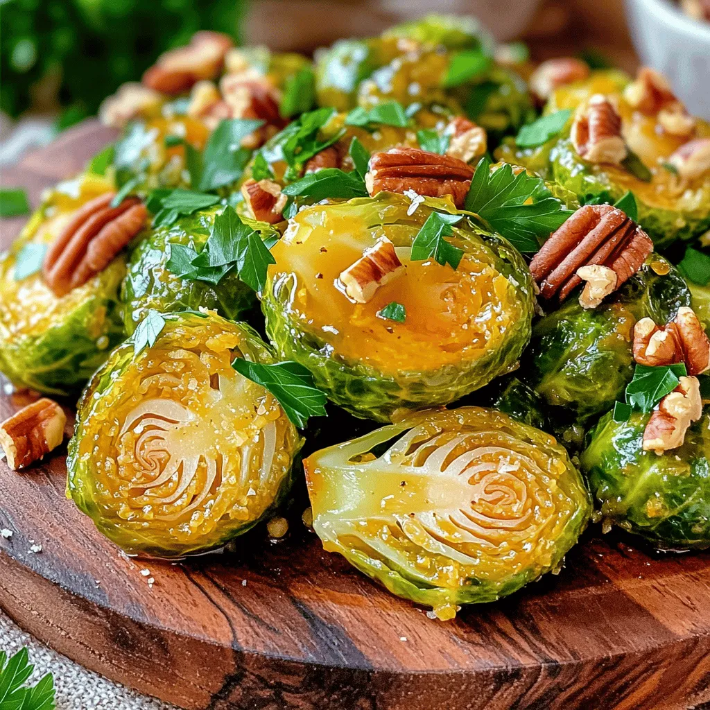 - 1 lb Brussels sprouts, trimmed and halved - 3 tablespoons olive oil - 2 tablespoons pure maple syrup - 1 tablespoon Dijon mustard - 1 teaspoon garlic powder - Salt and pepper to taste - ¼ cup chopped pecans (optional) - Fresh parsley for garnish Gathering the right ingredients makes this dish shine. You need fresh Brussels sprouts for the best flavor. Trim them well and cut each one in half. This helps them cook evenly. You will also need olive oil to help the veggies roast without sticking. Maple syrup adds a sweet touch. The Dijon mustard gives a nice tang to balance the sweetness. Don't forget the garlic powder! It adds depth and richness. Salt and pepper are key for flavor. If you like a crunch, add pecans to the mix. They toast nicely in the oven. Finally, fresh parsley makes a lovely garnish. It adds a pop of color and freshness to your plate. Make sure to have all your ingredients ready before you start. This will make the cooking process smooth and fun! - First, take 1 pound of Brussels sprouts. - Trim the ends and cut each sprout in half. - This helps them cook evenly. - Next, measure out the oil and seasonings: - 3 tablespoons of olive oil - 2 tablespoons of pure maple syrup - 1 tablespoon of Dijon mustard - 1 teaspoon of garlic powder - Salt and pepper to taste - In a large mixing bowl, add the olive oil. - Next, pour in the maple syrup. - Add the Dijon mustard and garlic powder. - Sprinkle in salt and pepper. - Whisk these together until smooth and well mixed. - Toss the halved Brussels sprouts in the maple Dijon mixture. - Make sure every sprout gets a nice coating. - Spread the coated sprouts on a baking sheet lined with parchment paper. - Roast in a preheated oven at 400°F (200°C) for 20-25 minutes. - Stir them halfway through for even cooking. - When they look golden brown and tender, they are done. - If using pecans, add them in the last 5 minutes to toast. - Once out of the oven, let them cool a bit. - Transfer to a serving dish and garnish with fresh parsley. To get the best roasted Brussels sprouts, size matters. Cut larger sprouts in half or quarters. Keep smaller ones whole. This way, they cook evenly. To achieve that golden brown color, roast them at 400°F (200°C). Stir them halfway through cooking. This helps all sides get that nice, crispy finish. You can adjust the sweetness by adding more maple syrup. If you want more tang, add extra Dijon mustard. For a twist, try adding a pinch of cayenne for some heat. Fresh herbs like thyme or rosemary also pair well. They add a nice aroma and depth to the flavor. These Brussels sprouts work great as a side dish. They pair nicely with roasted chicken or grilled fish. For a fun twist, toss them in a salad with feta cheese and cranberries. If you have leftovers, try mixing them into a stir-fry or a grain bowl. They add great flavor and texture! {{image_2}} If you want a nut-free dish, you can replace the pecans. Use seeds like sunflower or pumpkin seeds instead. You can also skip the nuts entirely. This way, you still get a crunchy texture. The sprouts will still taste great with the maple and Dijon mix. To make this dish vegan, focus on sweeteners. Use agave nectar instead of maple syrup. You can also use a plant-based binder. Silken tofu or mashed bananas can work well. These options keep the texture smooth and add sweetness. You can cook Brussels sprouts in different ways. Air frying gives them a crispy edge. Set your air fryer to 375°F (190°C) for about 15 minutes. Shake the basket halfway through for even cooking. Grilling adds a smoky flavor. Toss the sprouts in the maple Dijon mix and skewer them. Grill for about 10 minutes, turning often. This method makes them charred and delicious. To store your leftover Maple Dijon Roasted Brussels Sprouts, let them cool first. Place them in an airtight container. This keeps them fresh. They can last up to three days in the fridge. Make sure not to stack them too high. This helps prevent them from getting soggy. If you want to save some for later, freezing is a great option. First, cool the sprouts completely. Then, spread them on a baking sheet in a single layer. Freeze for about an hour. Once they are frozen, transfer them to a freezer-safe bag. Remove as much air as possible. They can stay good for about three months. Reheating is easy and can be done in a few ways. You can use the oven, microwave, or stovetop. To keep the texture nice, the oven works best. Preheat to 350°F (175°C). Spread the sprouts on a baking sheet. Heat them for about 10-15 minutes. This will keep them crispy. If you use the microwave, place them in a dish with a lid. Heat in short bursts, checking often. This way, they won’t get too soft. To cut Brussels sprouts, start by trimming the stem end. Then, slice each sprout in half from top to bottom. This method ensures even cooking. Try to keep the halves similar in size. This helps them roast evenly and get that nice golden color. Yes, you can use frozen Brussels sprouts. They are handy and save time. However, fresh sprouts often taste better. Frozen sprouts may have a softer texture after cooking. If you use frozen, thaw them first. Make sure to pat them dry to avoid extra moisture. To achieve crispy Brussels sprouts, follow these tips: - Use enough olive oil. This helps them crisp up nicely. - Spread them out on the baking sheet. Avoid crowding the sprouts. - Roast them at a high temperature, like 400°F. - Stir them halfway through cooking for even browning. - If you want extra crunch, add the pecans in the last few minutes. They will toast perfectly! This article covered the key ingredients and steps to make delicious roasted Brussels sprouts. We explored tips for perfect roasting, flavor boosts, and variations for different diets. Remember, even small changes can make a big difference in taste. Experiment with your favorite flavors and cooking styles. Enjoy your tasty dish, whether fresh or creatively repurposed. With just a few guidelines, you can impress anyone at your table. Happy cooking!