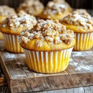 - 1 cup canned pumpkin puree - 1 cup brown sugar - 1/2 cup granulated sugar - 2 large eggs - 2 cups all-purpose flour - 1 teaspoon baking powder - 1 teaspoon baking soda - 1 teaspoon ground cinnamon - 1/2 teaspoon ground nutmeg - 1/2 teaspoon salt - 1 teaspoon vanilla extract - 1/2 cup vegetable oil The base of these muffins starts with canned pumpkin puree. It gives moisture and flavor. The mix of brown and granulated sugar creates a nice sweetness. Brown sugar adds depth, while granulated sugar helps with rise and texture. Ground cinnamon and nutmeg bring that warm, cozy fall taste. - 1/2 cup all-purpose flour - 1/4 cup rolled oats - 1/4 cup brown sugar - 1 teaspoon ground cinnamon - 1/4 cup cold butter, cubed The streusel topping makes these muffins special. I use all-purpose flour and rolled oats for a crunchy texture. Cold butter is key here. It makes the topping crumbly and flaky. A mix of sugar and cinnamon in the streusel adds sweetness and spice, balancing the muffin's flavors. 1. First, preheat your oven to 350°F (175°C). This helps the muffins bake evenly. 2. Next, line a muffin tin with paper liners. If you don’t have those, grease the tin using non-stick spray. 3. In a large bowl, mix the wet ingredients. Combine 1 cup of pumpkin puree, 1/2 cup of vegetable oil, 1 cup of brown sugar, 1/2 cup of granulated sugar, and 2 eggs. Whisk until smooth. Then, add 1 teaspoon of vanilla extract and mix again. 4. In another bowl, combine the dry ingredients. Mix together 2 cups of all-purpose flour, 1 teaspoon of baking powder, 1 teaspoon of baking soda, 1 teaspoon of ground cinnamon, 1/2 teaspoon of ground nutmeg, and 1/2 teaspoon of salt. 1. Gradually add the dry mix to the wet ingredients. Stir gently until just combined. 2. It’s really important not to overmix. Overmixing can make the muffins tough. Stop mixing as soon as you don’t see dry flour. 1. In a small bowl, mix the streusel topping ingredients. Combine 1/2 cup of all-purpose flour, 1/4 cup of rolled oats, 1/4 cup of brown sugar, and 1 teaspoon of ground cinnamon. 2. Add 1/4 cup of cold butter, cut into small cubes. Use your fingers or a pastry cutter to blend until you see coarse crumbs. This topping gives your muffins a sweet crunch. Now, you're ready to fill the muffin tin and bake! Each step helps create those tasty pumpkin streusel muffins perfect for fall. Getting the oven temperature right is key. Set it to 350°F (175°C) for the best results. This heat helps bake the muffins evenly. To check if your muffins are done, use a toothpick. Insert it into the center of a muffin. If it comes out clean, your muffins are ready. If not, bake them a little longer. Store your muffins in an airtight container. This keeps them soft and fresh. You can also wrap them in plastic wrap for extra protection. For longer storage, place the muffins in the fridge. They will stay fresh for about a week. If you want to keep them longer, freeze them. Just thaw them before serving. Make your muffins look great! Dust them with powdered sugar or drizzle a vanilla glaze on top. Serve them warm on a rustic wooden board for a cozy feel. Pair your muffins with a warm drink like coffee or tea. You can also enjoy them with butter or cream cheese for extra flavor. {{image_2}} You can easily change this recipe to fit different diets. - Gluten-free substitutes: Use a gluten-free flour blend in place of all-purpose flour. Make sure it has a good binding agent to keep the muffins fluffy. - Vegan options using pumpkin puree: Replace the eggs with flaxseed meal or chia seeds mixed with water. This keeps the muffins moist and tasty. Want to give your muffins a special twist? - Adding nuts or chocolate chips: Chopped walnuts or pecans add crunch. Chocolate chips bring sweetness. Mix in 1/2 cup of either to the batter. - Alternative spices and flavorings: Try ginger, allspice, or cloves for a different taste. A dash of vanilla extract also boosts flavor. Make your muffins fit the season! - Fall-themed additions like apple or pecan: Fold in diced apples or toasted pecans for a fun twist. They add texture and flavor. - Holiday-inspired variations: Add a hint of peppermint for winter or orange zest for a spring feel. These small changes make your muffins festive. Each pumpkin streusel muffin has about 200 calories. This number can change based on your ingredients. These muffins also contain fiber, which helps digestion. Each muffin offers around 2 grams of fiber. Plus, you get about 3 grams of protein from the eggs and pumpkin. You can make these muffins even healthier. Try reducing the sugar by 1/4 cup. You still get great flavor without all the sweetness. You can also use applesauce instead of some oil. This change lowers the fat but keeps the muffins moist. These muffins may contain common allergens. They include gluten from the flour and dairy from the butter. If you have nut allergies, these muffins are safe. They do not have nuts in the recipe. For gluten-free options, use gluten-free flour. You can also make vegan muffins by using flax eggs instead of real eggs. This makes the recipe fit various diets. To keep your muffins fresh, store them in an airtight container. This helps retain moisture. You can also wrap them in plastic wrap. Place them at room temperature for short-term storage. For longer freshness, refrigerate them. Avoid putting them in direct sunlight or near heat sources. Yes, you can freeze these muffins! First, let them cool completely. Wrap each muffin in plastic wrap. Then, place them in a freezer bag. Make sure to remove as much air as possible. To reheat, thaw at room temperature or microwave for about 30 seconds. Enjoy them warm! You can use homemade pumpkin puree instead of canned. Simply roast a pumpkin and mash it. Another option is butternut squash puree. It gives a similar taste and texture. Just ensure the substitute is smooth to keep the recipe intact. At room temperature, these muffins stay fresh for about 3 days. If you store them in the fridge, they can last up to a week. Always check for signs of spoilage, like mold or off smells, before eating. In this post, we explored the simple steps to make delicious pumpkin streusel muffins. We looked at essential ingredients like pumpkin puree, brown sugar, and warm spices. We also detailed how to create a tasty streusel topping and shared tips for baking and storing. Don't forget the various fun twists you can try, like gluten-free options or holiday flavors. With these ideas, your muffins will impress everyone and make any occasion special. Enjoy your baking journey!