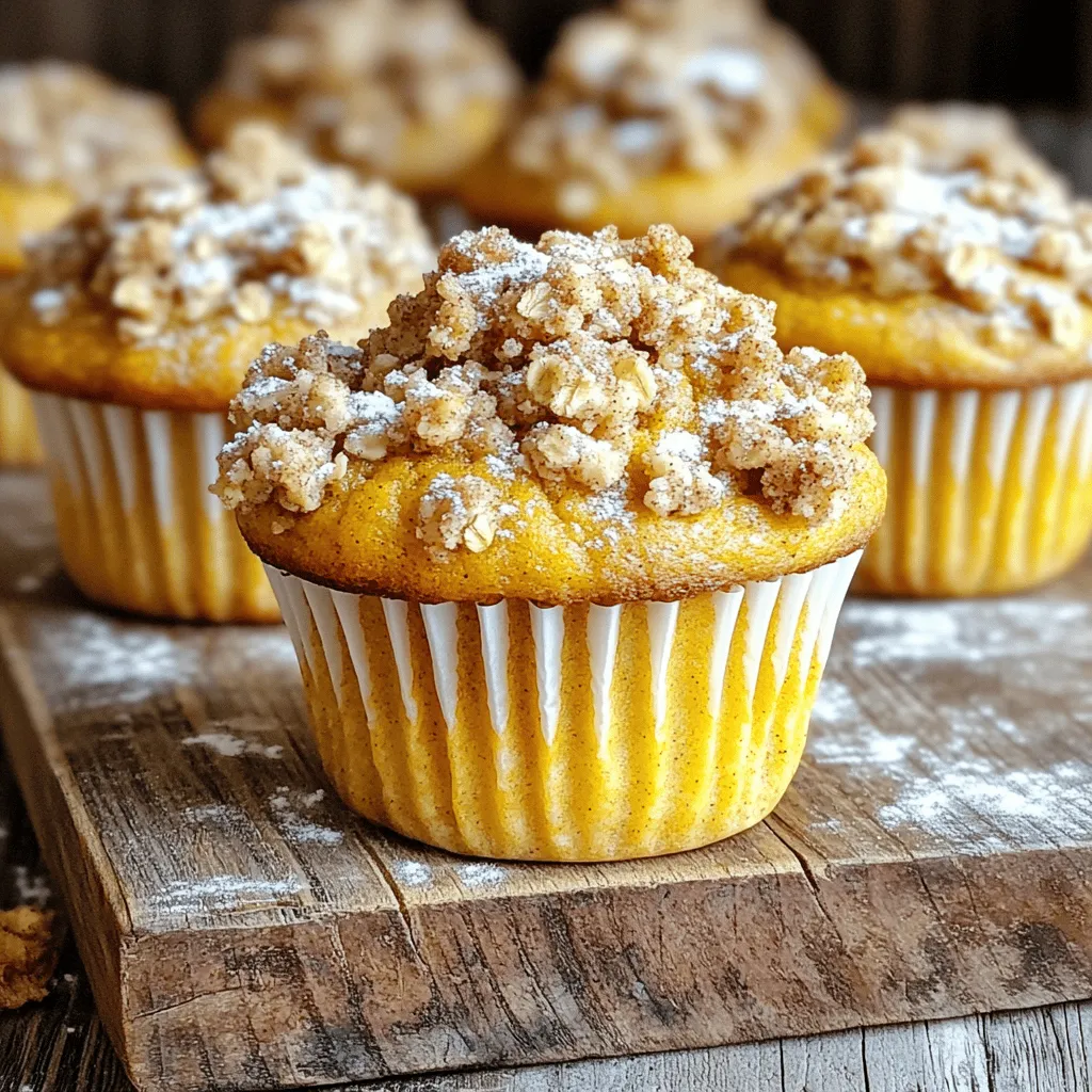 - 1 cup canned pumpkin puree - 1 cup brown sugar - 1/2 cup granulated sugar - 2 large eggs - 2 cups all-purpose flour - 1 teaspoon baking powder - 1 teaspoon baking soda - 1 teaspoon ground cinnamon - 1/2 teaspoon ground nutmeg - 1/2 teaspoon salt - 1 teaspoon vanilla extract - 1/2 cup vegetable oil The base of these muffins starts with canned pumpkin puree. It gives moisture and flavor. The mix of brown and granulated sugar creates a nice sweetness. Brown sugar adds depth, while granulated sugar helps with rise and texture. Ground cinnamon and nutmeg bring that warm, cozy fall taste. - 1/2 cup all-purpose flour - 1/4 cup rolled oats - 1/4 cup brown sugar - 1 teaspoon ground cinnamon - 1/4 cup cold butter, cubed The streusel topping makes these muffins special. I use all-purpose flour and rolled oats for a crunchy texture. Cold butter is key here. It makes the topping crumbly and flaky. A mix of sugar and cinnamon in the streusel adds sweetness and spice, balancing the muffin's flavors. 1. First, preheat your oven to 350°F (175°C). This helps the muffins bake evenly. 2. Next, line a muffin tin with paper liners. If you don’t have those, grease the tin using non-stick spray. 3. In a large bowl, mix the wet ingredients. Combine 1 cup of pumpkin puree, 1/2 cup of vegetable oil, 1 cup of brown sugar, 1/2 cup of granulated sugar, and 2 eggs. Whisk until smooth. Then, add 1 teaspoon of vanilla extract and mix again. 4. In another bowl, combine the dry ingredients. Mix together 2 cups of all-purpose flour, 1 teaspoon of baking powder, 1 teaspoon of baking soda, 1 teaspoon of ground cinnamon, 1/2 teaspoon of ground nutmeg, and 1/2 teaspoon of salt. 1. Gradually add the dry mix to the wet ingredients. Stir gently until just combined. 2. It’s really important not to overmix. Overmixing can make the muffins tough. Stop mixing as soon as you don’t see dry flour. 1. In a small bowl, mix the streusel topping ingredients. Combine 1/2 cup of all-purpose flour, 1/4 cup of rolled oats, 1/4 cup of brown sugar, and 1 teaspoon of ground cinnamon. 2. Add 1/4 cup of cold butter, cut into small cubes. Use your fingers or a pastry cutter to blend until you see coarse crumbs. This topping gives your muffins a sweet crunch. Now, you're ready to fill the muffin tin and bake! Each step helps create those tasty pumpkin streusel muffins perfect for fall. Getting the oven temperature right is key. Set it to 350°F (175°C) for the best results. This heat helps bake the muffins evenly. To check if your muffins are done, use a toothpick. Insert it into the center of a muffin. If it comes out clean, your muffins are ready. If not, bake them a little longer. Store your muffins in an airtight container. This keeps them soft and fresh. You can also wrap them in plastic wrap for extra protection. For longer storage, place the muffins in the fridge. They will stay fresh for about a week. If you want to keep them longer, freeze them. Just thaw them before serving. Make your muffins look great! Dust them with powdered sugar or drizzle a vanilla glaze on top. Serve them warm on a rustic wooden board for a cozy feel. Pair your muffins with a warm drink like coffee or tea. You can also enjoy them with butter or cream cheese for extra flavor. {{image_2}} You can easily change this recipe to fit different diets. - Gluten-free substitutes: Use a gluten-free flour blend in place of all-purpose flour. Make sure it has a good binding agent to keep the muffins fluffy. - Vegan options using pumpkin puree: Replace the eggs with flaxseed meal or chia seeds mixed with water. This keeps the muffins moist and tasty. Want to give your muffins a special twist? - Adding nuts or chocolate chips: Chopped walnuts or pecans add crunch. Chocolate chips bring sweetness. Mix in 1/2 cup of either to the batter. - Alternative spices and flavorings: Try ginger, allspice, or cloves for a different taste. A dash of vanilla extract also boosts flavor. Make your muffins fit the season! - Fall-themed additions like apple or pecan: Fold in diced apples or toasted pecans for a fun twist. They add texture and flavor. - Holiday-inspired variations: Add a hint of peppermint for winter or orange zest for a spring feel. These small changes make your muffins festive. Each pumpkin streusel muffin has about 200 calories. This number can change based on your ingredients. These muffins also contain fiber, which helps digestion. Each muffin offers around 2 grams of fiber. Plus, you get about 3 grams of protein from the eggs and pumpkin. You can make these muffins even healthier. Try reducing the sugar by 1/4 cup. You still get great flavor without all the sweetness. You can also use applesauce instead of some oil. This change lowers the fat but keeps the muffins moist. These muffins may contain common allergens. They include gluten from the flour and dairy from the butter. If you have nut allergies, these muffins are safe. They do not have nuts in the recipe. For gluten-free options, use gluten-free flour. You can also make vegan muffins by using flax eggs instead of real eggs. This makes the recipe fit various diets. To keep your muffins fresh, store them in an airtight container. This helps retain moisture. You can also wrap them in plastic wrap. Place them at room temperature for short-term storage. For longer freshness, refrigerate them. Avoid putting them in direct sunlight or near heat sources. Yes, you can freeze these muffins! First, let them cool completely. Wrap each muffin in plastic wrap. Then, place them in a freezer bag. Make sure to remove as much air as possible. To reheat, thaw at room temperature or microwave for about 30 seconds. Enjoy them warm! You can use homemade pumpkin puree instead of canned. Simply roast a pumpkin and mash it. Another option is butternut squash puree. It gives a similar taste and texture. Just ensure the substitute is smooth to keep the recipe intact. At room temperature, these muffins stay fresh for about 3 days. If you store them in the fridge, they can last up to a week. Always check for signs of spoilage, like mold or off smells, before eating. In this post, we explored the simple steps to make delicious pumpkin streusel muffins. We looked at essential ingredients like pumpkin puree, brown sugar, and warm spices. We also detailed how to create a tasty streusel topping and shared tips for baking and storing. Don't forget the various fun twists you can try, like gluten-free options or holiday flavors. With these ideas, your muffins will impress everyone and make any occasion special. Enjoy your baking journey!