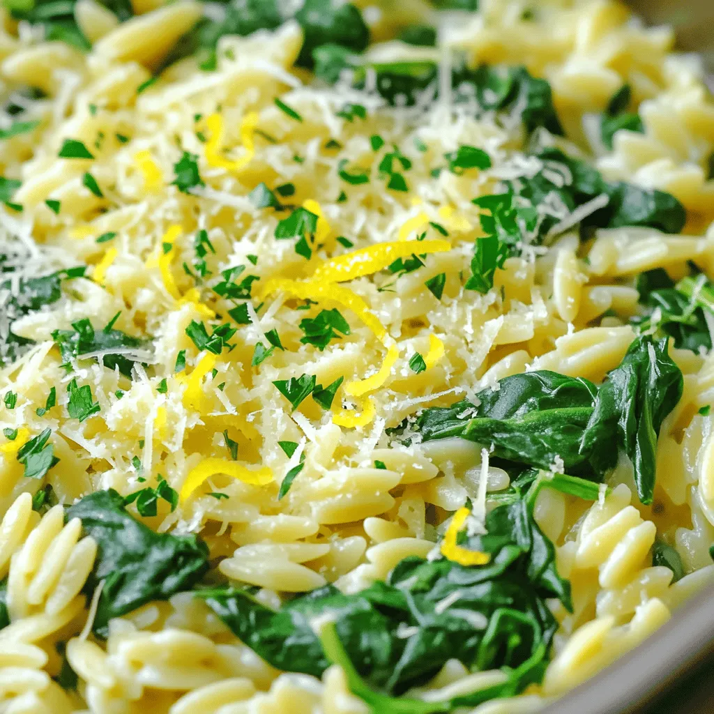- 1 cup orzo pasta - 2 tablespoons olive oil - 3 cloves garlic, minced - 4 cups vegetable broth - 2 cups fresh spinach, packed - 1 lemon, zested and juiced - 1 cup grated Parmesan cheese - Salt and pepper to taste - 1/4 teaspoon red pepper flakes (optional) - Fresh parsley, chopped (for garnish) For the orzo, you can swap it with any small pasta. Use less broth if you want a thicker dish. Instead of olive oil, try butter for a richer flavor. You can switch the vegetable broth for chicken broth, too. If you want a dairy-free version, use nutritional yeast instead of Parmesan cheese. Fresh spinach adds the best taste. Look for bright green leaves with no wilting. Choose a lemon that feels heavy for its size; this means it has more juice. When picking garlic, look for firm cloves. Avoid any that feel soft or have sprouted. For the best flavor, use freshly grated Parmesan cheese. It melts better than the pre-grated kind. 1. Heat 2 tablespoons of olive oil in a large pot over medium heat. 2. Add 3 cloves of minced garlic. Sauté for 1-2 minutes. Watch it closely so it doesn’t burn. 3. Stir in 1 cup of orzo pasta. Toast it lightly for about a minute. 4. Pour in 4 cups of vegetable broth. Bring it to a gentle boil. 5. Once boiling, reduce the heat to a simmer. Cover the pot with a lid. 6. Cook for 10-12 minutes. Stir occasionally until the orzo is tender and most broth is absorbed. 7. Remove the pot from heat. Fold in 2 cups of fresh spinach, 1 lemon’s zest, 1 lemon’s juice, and 1 cup of grated Parmesan cheese. 8. Stir until the spinach wilts and the cheese melts into the orzo. 9. Season to taste with salt, pepper, and 1/4 teaspoon of red pepper flakes if you like a bit of heat. 10. Serve hot, garnished with chopped fresh parsley. - Always stir the orzo while it cooks. This helps it cook evenly and prevents sticking. - Taste the orzo near the end of cooking. This will help you know if it needs more broth. - Use freshly grated Parmesan cheese. It melts better and adds great flavor. - Start on medium heat to sauté the garlic without burning it. - When boiling, reduce to low heat for a gentle simmer. - Adjust the red pepper flakes to your taste. You can always add more later if you like spice. To make your One-Pot Lemon Parmesan Orzo with Spinach shine, use fresh herbs. Fresh parsley adds color and taste. You can also try basil or thyme for a different twist. Zesting the lemon gives a bright flavor. If you like heat, add red pepper flakes. Start with a little, then taste. Adjust to your heat preference. One-pot meals save time and effort. Make sure to stir the orzo often. This keeps it from sticking and helps it cook evenly. Use a pot with a tight lid to trap steam. This helps the orzo cook through. Always taste as you go. Adjust seasoning if needed. It’s key to a great dish. One mistake is adding too much liquid. Follow the broth measurement closely. If you add too much, the pasta will be mushy. Another mistake is not to sauté the garlic long enough. It should smell fragrant but not burn. Lastly, don’t skip the spinach. It adds nutrients and flavor. Add it at the end so it wilts but stays bright green. {{image_2}} Want to make your One-Pot Lemon Parmesan Orzo even heartier? Try adding protein! You can include cooked chicken or shrimp. For chicken, use grilled or rotisserie. Chop it into bite-sized pieces and stir it in after the orzo cooks. For shrimp, sauté in olive oil before adding the orzo. Cook until pink, then mix in. Both options will add flavor and make this dish more filling. If you're looking for vegetarian or vegan options, it's easy! Simply skip the Parmesan cheese or use a vegan substitute. Nutritional yeast is a great choice. It adds a cheesy flavor without any dairy. You can also add more veggies. Think bell peppers, zucchini, or mushrooms. Just sauté them with the garlic before adding the orzo. This will keep the dish tasty and colorful. To kick up the flavor, think about herbs and citrus. Fresh herbs like basil or thyme make a big difference. Add them in right before serving for a fresh taste. You can also squeeze in more lemon juice. This will enhance that zesty flavor. For a spicy kick, add a bit more red pepper flakes. These small changes can elevate your dish and make it shine! After you enjoy your One-Pot Lemon Parmesan Orzo with Spinach, store leftovers properly. Let the dish cool to room temperature first. Use an airtight container to keep it fresh. This meal stays good in the fridge for up to three days. If you want to keep it longer, freezing is a good option. To reheat your orzo, use the microwave or stovetop. If using a microwave, place the orzo in a bowl. Add a splash of water or broth to keep it moist. Heat for about one to two minutes, stirring halfway. If you choose the stovetop, warm it in a pan over low heat. Stir often to prevent sticking. When freezing, use a freezer-safe container. Portion the orzo into smaller servings. This way, you can thaw only what you need. It’s best to eat frozen orzo within three months for the best taste. To thaw, place it in the fridge overnight. Reheat as mentioned before for a tasty meal. Yes, you can use other pasta types. Penne or fusilli work well. Just remember to adjust the cooking time to match the pasta you choose. Cook it until it's tender and absorbs most of the broth. This keeps the dish creamy and delicious. To make this dish gluten-free, swap out the orzo for a gluten-free pasta. Many brands offer gluten-free orzo made from rice or corn. Just ensure you check the package for cooking times. This way, you can enjoy the same great taste without gluten. One-Pot Lemon Parmesan Orzo pairs well with many sides. A simple green salad adds freshness. Grilled chicken or shrimp can make it a hearty meal. You can also serve it with crusty bread to soak up the flavors. Enjoy mixing and matching to find your favorite combinations! This blog post covers how to make One-Pot Lemon Parmesan Orzo. We talked about the right ingredients and where to swap them out. I gave you step-by-step cooking tips and shared how to control heat levels. You learned tricks for better flavor and how to cook in one pot. We explored variations, from adding proteins to making it vegetarian. Finally, I covered storage tips and answered common questions. Now, you’re ready to cook a delicious meal that’s easy to make and share with friends. Enjoy your cooking journey!