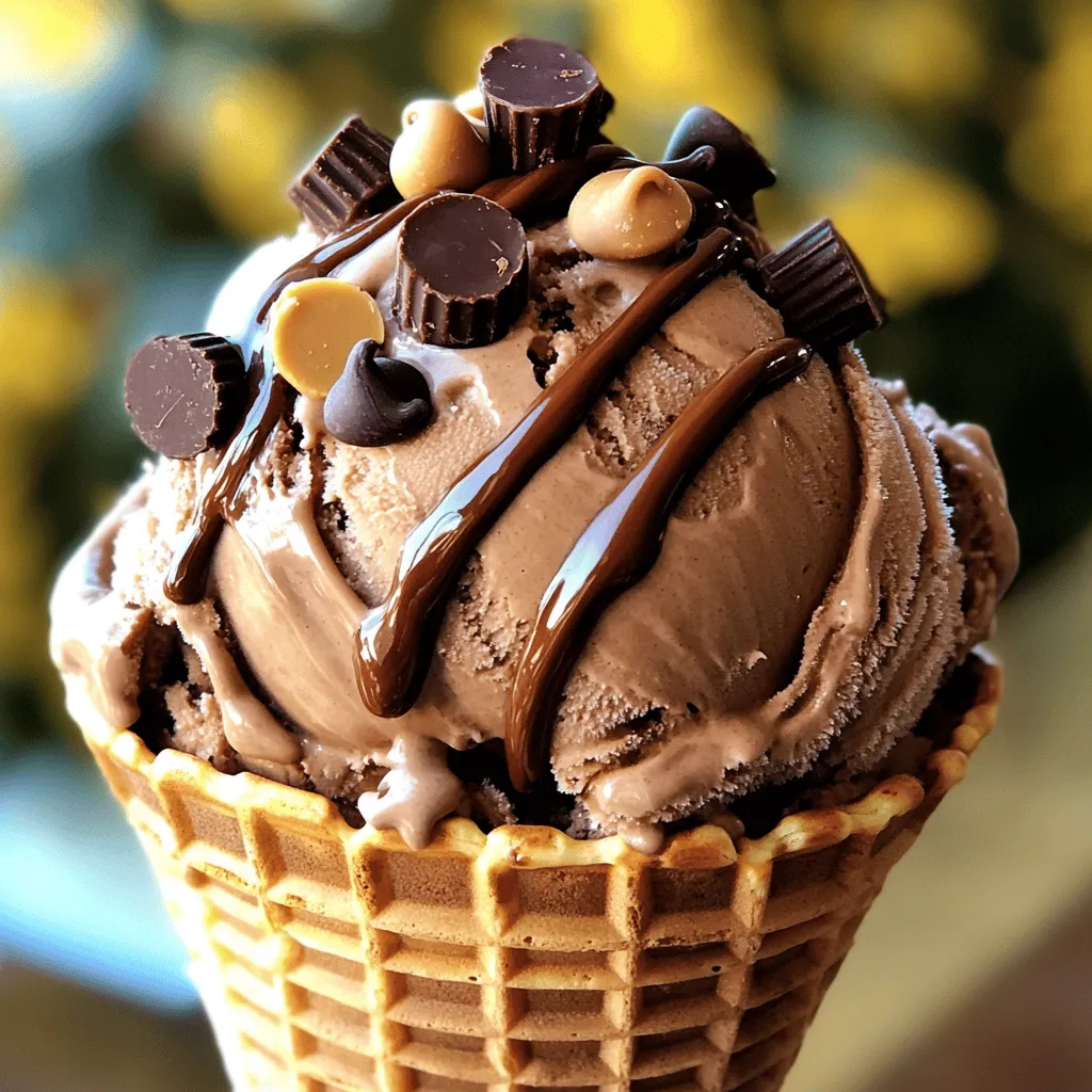 - 2 cups heavy cream - 1 cup sweetened condensed milk - ½ cup smooth peanut butter - 1 teaspoon vanilla extract - ½ cup chocolate chips - ½ cup mini peanut butter cups, chopped - A pinch of salt When making No-Churn Chocolate Peanut Butter Cup Ice Cream, these ingredients are key. Heavy cream gives the ice cream a rich and creamy texture. Sweetened condensed milk adds sweetness and helps it freeze well. Smooth peanut butter gives that nutty flavor we love. Vanilla extract enhances all the flavors. Chocolate chips and mini peanut butter cups add a fun crunch and extra flavor. A pinch of salt balances the sweetness and brings out the chocolate and peanut butter taste. - Best types of peanut butter for flavor and texture: I recommend using smooth peanut butter for a creamy texture. Natural peanut butter works too, but it may be a bit less smooth. Avoid chunky peanut butter in this recipe, as it can affect the texture. - Alternative sweeteners for variation: You can use honey or maple syrup if you want less refined sugar. Just note that this may change the overall flavor a bit. - Options for dairy-free or lactose-free versions: For a dairy-free treat, swap heavy cream with coconut cream. Use a dairy-free sweetened condensed milk for the base. This way, everyone can enjoy this delicious ice cream! Whipping the heavy cream Start by taking 2 cups of heavy cream. Pour it into a large mixing bowl. Use an electric mixer to whip the cream. Whip until stiff peaks form. This usually takes about 3 to 5 minutes. The cream should look thick and fluffy. Mixing the peanut butter base In another bowl, combine 1 cup of sweetened condensed milk and ½ cup of smooth peanut butter. Add in 1 teaspoon of vanilla extract and a pinch of salt. Mix these ingredients until they are smooth and well combined. This base adds a rich flavor. Folding techniques for a light texture Take the whipped cream and gently fold it into the peanut butter mixture. Do this in three additions. Be careful not to deflate the whipped cream. The mixture should look light and fluffy when combined. Incorporating chocolate chips and mini peanut butter cups Now, stir in ½ cup of chocolate chips and ½ cup of chopped mini peanut butter cups. Mix well to ensure they are evenly spread throughout the ice cream base. This adds a delightful crunch and flavor. Pouring into a container for freezing Pour the mixture into a 9x5 inch loaf pan or a freezer-safe container. Use a spatula to smooth the top. This helps create an even surface for freezing. Cover the pan with plastic wrap or a lid to keep it fresh. Freezing time guidelines Place the container in the freezer. Let it freeze for at least 6 hours or until solid. This step is key for the perfect texture. Tips for scooping the ice cream When you’re ready to serve, allow the ice cream to sit at room temperature for a few minutes. This makes scooping easier. Serve in waffle cones or bowls. Garnish with extra chopped peanut butter cups and a drizzle of chocolate sauce for a tasty treat. - To get stiff peaks, whip your heavy cream for 3-5 minutes. Use a clean bowl and beaters. This helps the ice cream hold its shape. - When you fold the whipped cream into the peanut butter base, do it gently. Start with one-third of the cream. Use a spatula, and scoop from the bottom up. This keeps your mixture light and airy. - For a fun presentation, serve the ice cream in waffle cones or bowls. - Top your ice cream with extra chopped mini peanut butter cups. A drizzle of chocolate sauce adds a rich touch. - You can also add whipped cream for extra creaminess. Enjoy every bite! {{image_2}} You can easily change the flavors in this ice cream. Here are some fun ideas: - Add mix-ins: Try adding crushed cookies, nuts, or fruit. Swirl in some caramel or fudge for extra goodness. - Substitute chocolate: Use white chocolate or dark chocolate instead. You can even try flavors like mint or coffee to mix it up. These twists keep the ice cream fresh and exciting. You can make this ice cream fit different diets. Here are some options: - Vegan alternatives: Use coconut cream instead of heavy cream. Replace sweetened condensed milk with coconut milk for a vegan treat. - Low-carb or sugar-free options: Choose a low-carb sweetened condensed milk. Use sugar-free chocolate chips to keep it keto-friendly. These changes let everyone enjoy this tasty dessert while sticking to their diet. To keep your ice cream fresh, store it in the freezer. Make sure it is in an airtight container. This will prevent ice crystals from forming. For the best taste and texture, eat it within two weeks. However, it can last up to one month in the freezer. Just remember, the longer it sits, the more it may lose flavor and texture. Use a sturdy freezer-safe container. Glass or plastic containers work well. If you want to save space, a loaf pan is a great choice. When you store it, label the container with the date. This will help you remember when you made it. You can also note the flavor on the label. This way, you can easily find it later. Can I make this ice cream without an electric mixer? Yes, you can. Just whisk the cream by hand. It will take longer. Use a strong whisk and a big bowl. Keep whisking until you see stiff peaks. How can I fix icy texture in homemade ice cream? To fix icy texture, try to whip the cream longer. You can also add more sweetened condensed milk. This helps make it creamier. Use an airtight container to limit air exposure. What can I use instead of sweetened condensed milk? You can use coconut cream. It gives a nice flavor and keeps it creamy. Another option is evaporated milk with sugar mixed in. How long does it take for the ice cream to set? It takes at least six hours to freeze fully. I recommend leaving it overnight for the best texture. Can I use crunchy peanut butter instead of smooth? Yes, you can use crunchy peanut butter. It adds nice texture and flavor. Just remember, the ice cream will have more bites. Is it possible to make this recipe in different flavors? Absolutely! You can add different mix-ins like cookies or fruits. Try using flavored extracts, like mint or almond, for a twist. You learned how to make a tasty peanut butter ice cream. We discussed key ingredients and steps to whip up this cool treat. Remember, you can customize with flavors and mix-ins. Don’t forget storage tips to keep it fresh. With this guide, you're ready to create a delightful dessert at home. Dive into this easy recipe and enjoy every scoop!