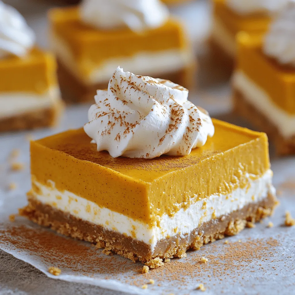 To make these bars, you need simple ingredients. Here’s what you will need: - 1 1/2 cups graham cracker crumbs - 1/4 cup granulated sugar - 1/2 cup unsalted butter, melted - 16 oz cream cheese, softened - 3/4 cup powdered sugar - 1 teaspoon vanilla extract - 1 cup canned pumpkin puree - 1 teaspoon ground cinnamon - 1/2 teaspoon ground nutmeg - 1/4 teaspoon ground ginger - 1/4 teaspoon salt - 1 cup whipped cream (for topping) - Additional ground cinnamon for garnish These ingredients work together to create a smooth and creamy dessert. The pumpkin and spices give it that classic fall flavor. While the main ingredients shine, you can add some optional ones for a twist: - A splash of maple syrup for sweetness - Chopped nuts like pecans or walnuts for crunch - A dash of vanilla bean paste for a richer flavor These extras can elevate your bars and make them even more delicious. Before you start, gather these tools: - A 9x9 inch baking pan - Medium and large mixing bowls - Electric mixer or whisk - Spatula for spreading - Plastic wrap or aluminum foil for chilling Having the right tools makes the process smooth. This way, you can focus on creating these tasty bars without stress. Start by gathering your ingredients. Grab 1 1/2 cups of graham cracker crumbs, 1/4 cup of granulated sugar, and 1/2 cup of melted unsalted butter. In a medium bowl, mix the graham cracker crumbs and sugar together. Pour the melted butter in and stir until it looks like wet sand. Once mixed, press it firmly into the bottom of a 9x9 inch baking pan. This forms a nice, even crust for your bars. Next, you’ll make the creamy filling. Take 16 oz of softened cream cheese and place it in a large mixing bowl. Use an electric mixer to beat the cream cheese until it’s smooth. Gradually add 3/4 cup of powdered sugar and 1 teaspoon of vanilla extract. Mix until the filling is creamy and fully combined. This step is key for a rich texture. Now, it’s time to add the star ingredient: pumpkin! Stir in 1 cup of canned pumpkin puree. Then add 1 teaspoon of ground cinnamon, 1/2 teaspoon of ground nutmeg, 1/4 teaspoon of ground ginger, and 1/4 teaspoon of salt. Mix everything together until it’s well blended and smooth. The spices will give your cheesecake bars that warm, fall flavor. Pour the pumpkin cheesecake filling over the graham cracker crust. Use a spatula to spread it evenly across the crust. Make sure the top is smooth so each bar looks nice when you cut it. This is where your delicious bars start to take shape! Cover the pan with plastic wrap or aluminum foil. Place it in the fridge for at least 4 hours. This allows the cheesecake to firm up so you can slice it easily. It’s a good time to clean your kitchen and maybe plan your next meal! Once the bars are set, lift them out of the pan using the edges of the foil or parchment paper. Cut them into squares or rectangles. For a tasty finish, top each bar with a spoonful of whipped cream and a sprinkle of ground cinnamon. This adds a nice touch and makes them look even more inviting! To get the best crust, use fresh graham cracker crumbs. I like to crush them finely. Mix them with granulated sugar for a sweet touch. Next, add melted butter to the mixture. It should feel like wet sand. Press this mix firmly into the bottom of your pan. Make sure it is even and packed tight. This helps the crust hold its shape when sliced. Start with softened cream cheese. It blends better and creates a smooth texture. Use an electric mixer to beat it until creamy. Gradually add powdered sugar and vanilla extract. This step adds sweetness without lumps. Stir in the pumpkin puree and spices next. Mix until everything is well combined. The key is to keep mixing until it looks smooth. Presentation makes a big difference. Top each bar with a spoonful of whipped cream. This adds a light and fluffy touch. For extra flair, sprinkle ground cinnamon on top. It gives a nice pop of color and flavor. You can also add a few pecans or walnuts for crunch. These simple touches make your bars look fancy and inviting. {{image_2}} You can change the flavors of your cheesecake bars easily. Use crushed cookies instead of graham crackers for a new base. Try Oreo or gingersnap cookies for a fun twist. If you want a dairy-free option, swap cream cheese with a plant-based cream cheese. This keeps it creamy while fitting different diets. You can also use maple syrup instead of granulated sugar for a richer taste. Toppings can really change your bars. Whipped cream is great, but you can go beyond that. Try adding caramel sauce for a sweet touch. You might also sprinkle chopped nuts for crunch or drizzle chocolate sauce for richness. Fresh fruit like pomegranate seeds or pears can add color and flavor too. These toppings make each bite special and unique. These bars fit every season with some easy swaps. In fall, serve them with spiced apple slices. In winter, add a touch of peppermint extract to the filling. For spring, try a light berry topping for freshness. In summer, serve with a scoop of ice cream to keep it cool. Each season brings new ways to enjoy these no-bake pumpkin pie cheesecake bars, keeping them exciting all year round. To keep your No-Bake Pumpkin Pie Cheesecake Bars fresh, place them in an airtight container. If you don’t have one, wrap them tightly in plastic wrap. Store them in the fridge for up to five days. Make sure the bars are cool before sealing them. This helps keep them firm and tasty. If you want to save the bars for later, you can freeze them. Cut the bars into squares first. Then, wrap each piece in plastic wrap. Place the wrapped bars in a freezer-safe bag or container. They can last up to three months in the freezer. When you are ready to eat them, just let them thaw in the fridge overnight. These cheesecake bars are best served cold, so reheating is not necessary. However, if you prefer a warm treat, you can place a bar on a plate and microwave it for about 10-15 seconds. Be careful not to overheat. Enjoy it while it’s warm, but remember, the texture will be different. Yes, you can use fresh pumpkin. Just cook and puree it first. Make sure it is smooth and not too watery. Canned pumpkin is often easier, but fresh can taste great too! These bars last for about 5 days in the fridge. Keep them covered to avoid drying out. The flavors may get better as they sit! Yes, you can make these bars a day or two ahead. They need time to chill and set. Just make sure to cover them well in the fridge. You can use Greek yogurt or a vegan cream cheese. These swaps change the taste a bit, but they still work well. Just pick one that you enjoy! The bars are not gluten-free because of the graham crackers. However, you can use gluten-free graham cracker crumbs. This way, everyone can enjoy the treat! You can reduce or omit the sugar. Use a sugar substitute if you want sweetness. Just keep in mind that it may change the texture a little. Adjust to your taste! You can create delicious no-bake pumpkin pie cheesecake bars with simple steps. We explored key ingredients, tools, and helpful tips for the perfect dessert. Don’t forget the variations and storage info for best results. These bars are easy to make and offer room for creativity. Enjoy making them with family and friends! You’ll impress everyone with your tasty creation.