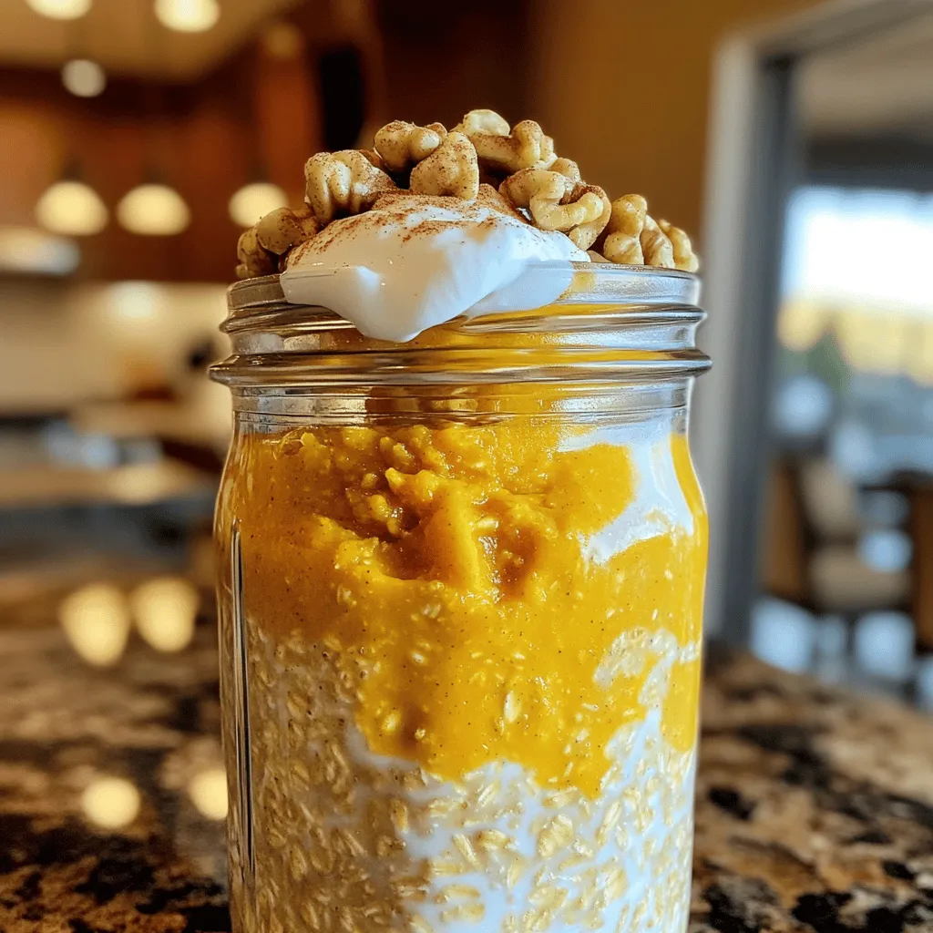 To make Protein Pumpkin Pie Overnight Oats, you need: - 1 cup rolled oats - 1 cup almond milk (or any plant-based milk) - 1/2 cup canned pumpkin puree - 1 scoop vanilla protein powder (or plant-based alternative) - 1 teaspoon pumpkin pie spice - 1 tablespoon maple syrup (or honey) - 1 tablespoon chia seeds - 1/4 teaspoon vanilla extract - A pinch of salt - Optional toppings: chopped walnuts, a dollop of Greek yogurt, or a sprinkle of cinnamon You can switch almond milk for any plant-based milk you like. Coconut milk adds a nice creaminess. If you prefer, use dairy milk instead. Canned pumpkin puree is key for flavor, but you can make your own if you have fresh pumpkin. For the protein powder, use your favorite brand or type. If you want a nut-free option, skip the walnuts and use seeds instead. Maple syrup adds sweetness, but honey works well, too. Chia seeds help thicken the oats, but you can omit them if you wish. The vanilla extract adds flavor, but you can skip it if you want. Lastly, salt enhances all the flavors, so don't leave it out. Each serving of these oats packs a punch. Here’s what you get: - Calories: 350 - Protein: 18g - Carbohydrates: 50g - Dietary Fiber: 10g - Sugars: 10g - Fat: 10g These oats are a great mix of protein, carbs, and healthy fats. Enjoy them as a filling breakfast or snack. Start by gathering your ingredients. You need: - 1 cup rolled oats - 1 cup almond milk (or any plant-based milk) - 1/2 cup canned pumpkin puree - 1 scoop vanilla protein powder (or plant-based alternative) - 1 teaspoon pumpkin pie spice - 1 tablespoon maple syrup (or honey) - 1 tablespoon chia seeds - 1/4 teaspoon vanilla extract - A pinch of salt - Optional toppings: chopped walnuts, a dollop of Greek yogurt, or a sprinkle of cinnamon In a large mixing bowl, add all the ingredients. Stir well. Make sure the oats get coated with the milk and pumpkin. This step is key for flavor. Once your mixture is ready, cover the bowl. You can use plastic wrap or transfer it to jars. The choice is yours! Refrigerate it overnight. If you’re short on time, four hours will do. This lets the oats soak up the flavors and soften. In the morning, take it out of the fridge. Give the oats a good stir. If they look thick, add a splash of almond milk. This helps get your desired texture. Serve your oats in bowls or jars. Top with your favorite items, like chopped walnuts or a dollop of Greek yogurt. You can also sprinkle some cinnamon on top for extra flavor. Enjoy your tasty and nutritious meal! You can make these oats your own. Try different milk types like soy or oat milk. Add sweeteners like agave instead of maple syrup. You can also swap the protein powder with your favorite flavor. If you want more spice, add extra pumpkin pie spice. You can even mix in some nut butter for creaminess. Get creative with your toppings! Chopped nuts, seeds, or fresh fruit can boost flavor and texture. One mistake is not mixing well. Make sure all ingredients blend nicely. If you don’t, some oats may stay dry. Another mistake is not letting them sit long enough. They need time to soak up the liquid. Lastly, don’t forget to taste before serving. This way, you can adjust sweetness or spice to your liking. When ready to eat, stir your oats well. If they seem too thick, add more almond milk. Serve in bowls or jars for a fun look. Top with your choice, like walnuts or Greek yogurt. A sprinkle of cinnamon adds a nice touch, too. Enjoy your tasty meal right away or take it on the go! {{image_2}} You can change the flavor of your Protein Pumpkin Pie Overnight Oats in fun ways. Here are some ideas: - Chocolate Pumpkin: Add 1 tablespoon of cocoa powder for a chocolate twist. - Spiced Apple: Swap pumpkin puree with apple sauce and add extra cinnamon. - Nutty Banana: Mix in mashed banana and chopped nuts for added texture. These simple swaps can keep breakfast exciting and fresh! Toppings can elevate your overnight oats. Here are some tasty choices: - Chopped Walnuts: They add crunch and healthy fats. - Greek Yogurt: A dollop boosts protein and creaminess. - Cinnamon Sprinkle: A pinch adds warmth and flavor. - Fresh Berries: Strawberries or blueberries give a burst of freshness. Feel free to mix and match your toppings for a custom touch! If you have dietary needs, you can still enjoy this recipe. Here’s how: - Gluten-Free: Choose certified gluten-free oats to keep your dish safe. - Vegan: Use plant-based protein powder and maple syrup instead of honey. These substitutes make this dish accessible for everyone. Enjoy creating your perfect bowl! To keep your Protein Pumpkin Pie Overnight Oats fresh, store them in airtight containers. Glass jars work great. You can also use plastic containers, but make sure they seal well. This keeps the oats moist and tasty. If you make a big batch, divide them into individual servings. This makes breakfast easy on busy mornings. Your oats can last about four to five days in the fridge. They stay good as long as you keep them sealed. After a few days, check for any changes in smell or texture. If they look or smell off, it's best to toss them. You can freeze your overnight oats for longer storage. Just scoop the mixture into freezer-safe containers. Leave some space at the top, as the oats will expand. To thaw, move them to the fridge overnight. You can also microwave them for a quick warm-up. Enjoy them within one to three months for the best quality. Yes, you can use quick oats. They will cook faster and absorb liquid more quickly. This means your overnight oats may be softer. If you like a creamier texture, quick oats work well. But if you want more chewiness, stick with rolled oats. Overnight oats can last up to five days in the fridge. Just keep them in an airtight container. This makes them great for meal prep. You can make a batch at the start of the week and enjoy them all week long. Yes, you can skip the protein powder. You can add more yogurt or nut butter for extra protein. This keeps your oats tasty and filling. You can also use extra pumpkin or nuts to boost flavor and nutrition. In this blog post, we explored the basics of overnight oats. We covered required ingredients, step-by-step instructions, and helpful tips to avoid common mistakes. We also discussed fun variations for flavors and dietary needs. Lastly, we went over storage best practices and answered common questions. You can now create your perfect bowl of overnight oats. Enjoy the process and experiment with flavors. Your breakfast can be easy, tasty, and healthy.