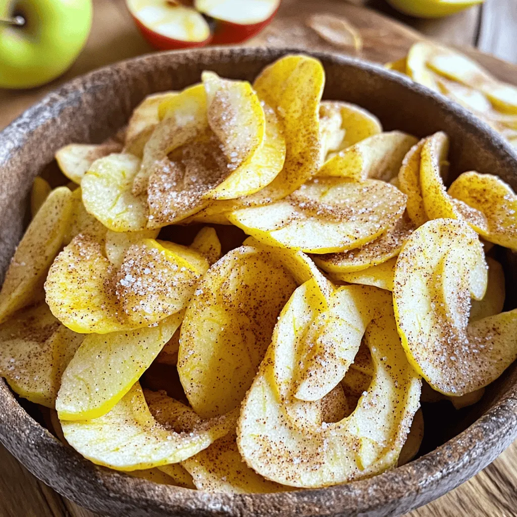 To make delicious air fryer cinnamon sugar apple chips, you need: - 2 large apples (like Fuji or Honeycrisp) - 1 tablespoon cinnamon - 2 tablespoons granulated sugar - 1 tablespoon lemon juice - Pinch of salt You can add a few extras for fun flavors: - 1 tablespoon brown sugar for a richer taste - A sprinkle of nutmeg for warmth - A dash of vanilla extract for sweetness Use these tools to make your cooking easy: - Air fryer for quick cooking - Mandoline slicer for even apple slices - Mixing bowl for blending spices - Airtight container for storing your chips First, you need to prepare your apples. Start by washing them well. After that, core the apples and slice them thinly. Aim for about 1/8 inch thick. A mandoline slicer helps make this easy and uniform. Next, grab a small bowl. Mix together 1 tablespoon of cinnamon, 2 tablespoons of granulated sugar, and a pinch of salt. This mix will give your apple chips that sweet, spicy kick. Now, drizzle lemon juice over the apple slices. This step stops the apples from turning brown and adds a nice tang. After that, toss the apple slices in the cinnamon-sugar mix. Make sure each slice is well covered for the best flavor. Now it's time to cook. Preheat your air fryer to 160°C (320°F). Place the apple slices in the air fryer basket. Make sure they are in a single layer. Avoid stacking them to ensure even cooking. You may need to work in batches if you have many slices. Air fry the apple slices for 15 to 20 minutes. Make sure to shake the basket halfway through. This action helps them cook evenly. Keep an eye on them. You want them to turn golden brown and get crispy. To get your apple chips super crispy, follow these tips. First, slice the apples thinly and evenly. This technique helps them cook at the same rate. Second, avoid overcrowding the air fryer basket. If the slices overlap, they won't crisp up well. Once you take them out, let the apple chips cool for a few minutes. They will continue to get crispier as they cool. Store your cooled chips in an airtight container. This will keep them fresh and crunchy. When making apple chips, choose the right apples. I love using Fuji or Honeycrisp apples. These apples are sweet and crisp. Their flavor shines through after cooking. Look for firm apples without bruises. Fresh apples will give the best taste. Try to pick apples that are in season for the best quality. After making your apple chips, let them cool down. Once cooled, store them in an airtight container. This helps keep them crispy. If you leave them out, they may get soft. You can also use a zip-top bag. Just remove as much air as possible. Proper storage can keep them fresh for a week. If you do not have an air fryer, you can use your oven. Preheat the oven to 120°C (250°F). Place the apple slices on a baking sheet in a single layer. Bake for about two hours, flipping halfway. Keep an eye on them to avoid burning. You can also use a dehydrator for this recipe. The result will be similar, but it takes longer. Try these methods if you want to experiment! {{image_2}} You can change the spice mix to fit your taste. Try adding nutmeg or ginger for a warm kick. Cardamom gives a sweet touch, while chili powder adds heat. Mix and match your favorite spices for unique flavors. Apple chips are just the start. You can use pears or peaches for a fun twist. Slice them thin, just like the apples. Adjust the cooking time based on the fruit's thickness. This brings new flavors to your snacking. You can make sweet or savory apple chips. For a sweet treat, keep the sugar and cinnamon mix. For savory, skip the sugar and try salt with rosemary or thyme. This gives a different snack experience, perfect for everyone. To keep your air fryer cinnamon sugar apple chips fresh, use an airtight container. This prevents moisture from making them soggy. Choose a cool, dry place away from sunlight. Avoid stacking the chips to prevent crushing. If you have a lot, consider using multiple containers. Stored correctly, apple chips can last about one week. After that, they may lose some crispness. If you want them to stay fresh longer, you can store them in the fridge. However, this may change the texture slightly. To reheat and keep your apple chips crispy, use the air fryer. Preheat it to 160°C (320°F) and place the chips in for about 3-5 minutes. This will help revive their crunch. Avoid using the microwave as it can make them chewy. Enjoy your crispy snack again! Yes, you can! You can bake apple chips in the oven. Set your oven to 90°C (200°F). Slice the apples thinly, like in the air fryer method. Place them on a baking sheet lined with parchment paper. Bake for about two hours, flipping halfway. This method takes longer, but you still get tasty snacks. Slice your apples about 1/8 inch thick. This thickness ensures they get crispy. If they are too thick, they will not crisp well. A mandoline slicer works great for even slices. You want them uniform for the best results. Apple chips pair well with many things. You can serve them with yogurt or nut butter. They also go great on salads or as a topping for oatmeal. Enjoy them as a crunchy snack on their own too! Yes, these apple chips are a healthy snack option. They have no added fats. You get natural sweetness from the apples. Cinnamon adds flavor without extra sugar. Just watch the portion size, as they can be easy to overeat! This blog post covered how to make delicious apple chips. We looked at key ingredients and helpful tools to prepare them. You learned the steps for cooking in an air fryer for perfect crispiness. I shared tips for selecting the best apples and storing leftovers. You even discovered variations, like spice combos and using other fruits. In the end, making apple chips is easy and fun. You can enjoy them sweet or savory. Now, grab your apples and start cooking. Enjoy your tasty snacks!