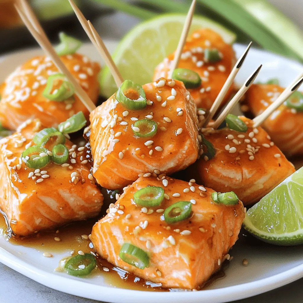- 1 lb (450g) salmon fillet, skinless and diced into bite-sized pieces - 3 tablespoons honey - 2 tablespoons soy sauce - 2 cloves garlic, minced - 1 tablespoon fresh ginger, grated - 1 tablespoon olive oil - 1 teaspoon sesame oil - 1/2 teaspoon black pepper - 1/4 teaspoon chili flakes (optional, for a kick) - 2 green onions, thinly sliced (for garnish) - Sesame seeds (for garnish) Gathering the right ingredients sets the stage for great flavor. The salmon fillet is the star here. It should be fresh and skinless for the best results. Dicing it into bite-sized pieces makes it easy to cook and eat. Honey adds a sweet touch, while soy sauce gives a salty depth. Together, they make a marinade that is hard to resist. Next, garlic and ginger bring a burst of flavor. Mince the garlic well, and grate the ginger finely. These two spices uplift the dish. Olive oil and sesame oil help the salmon cook nicely. They add a rich taste and keep the salmon moist. You can also spice things up with black pepper and chili flakes. They add a little heat if you like it spicy. For garnish, green onions and sesame seeds make your dish look pretty. They add color and texture, making your salmon bites pop on the plate. With all these ingredients ready, you’re set to make a tasty treat! To start, grab a mixing bowl. You will need: - 3 tablespoons honey - 2 tablespoons soy sauce - 2 cloves garlic, minced - 1 tablespoon fresh ginger, grated - 1 tablespoon olive oil - 1 teaspoon sesame oil - 1/2 teaspoon black pepper - 1/4 teaspoon chili flakes (optional) In the bowl, whisk the honey, soy sauce, garlic, and ginger. Mix until smooth. Next, add the olive oil, sesame oil, black pepper, and chili flakes. Stir well to combine all the flavors. This marinade is key to giving your salmon a sweet and savory taste. Now it's time to prepare the salmon. Take 1 lb of skinless salmon fillet and dice it into bite-sized pieces. Make sure the pieces are even for consistent cooking. Place the diced salmon into the marinade, coating each piece well. Let it marinate for about 10 minutes. This short wait allows the flavors to soak in. While the salmon marinates, you can prep your skillet. Preheat a nonstick skillet over medium-high heat. When the skillet is hot, drizzle a little olive oil. Once the oil is shimmering, add the marinated salmon bites in a single layer. Cook them for about 2-3 minutes on one side. Look for a nice caramelization. Then, carefully flip the salmon pieces. Cook for another 1-2 minutes until they turn golden and are fully cooked. For the best results, keep an eye on the time. Overcooking can dry out the salmon. Remove the pan from heat, and your salmon bites are ready to serve! To make these salmon bites shine, marination is key. Mix honey, soy sauce, garlic, and ginger well. This blend gives the salmon its sweet and savory taste. Let the salmon soak in this mix for about ten minutes. It really brings out the flavor. If you want it sweeter, add more honey. Just remember, a little goes a long way! Cooking salmon bites on medium-high heat is crucial. This helps them cook evenly and get that nice caramelized crust. Make sure your pan is hot before adding the salmon. To prevent sticking, use a nonstick skillet. A small drizzle of olive oil helps too. It keeps the salmon from clinging and helps it cook better. Serving salmon bites well makes them even more appealing. Use a nice platter and arrange the bites neatly. Adding toothpicks makes them easy to grab. A fresh lime wedge on the side adds a pop of color. Squeeze it over the bites for a bright, zesty flavor. For a final touch, sprinkle green onions and sesame seeds on top. This adds color and a bit of crunch! {{image_2}} You can use either farmed or wild salmon for this recipe. Farmed salmon is often more affordable and has a milder taste. Wild salmon, on the other hand, offers a richer flavor and is often considered healthier. Wild salmon is usually leaner and has more omega-3 fatty acids. Choose the type that fits your budget and taste! You can get creative with flavors! Adding spices like paprika gives a nice smoky touch. If you want more sweetness, try maple syrup instead of honey. This change can add a unique twist. You can also mix in other spices, like cumin or coriander, for extra depth. These salmon bites can be great as a snack or a meal. Serve them with rice or steamed veggies for a complete dinner. You can also present them as an appetizer at parties. Just place them on a platter with toothpicks for easy eating. A squeeze of fresh lime right before serving adds a zesty finish! After you make these yummy salmon bites, store them in the fridge. Use an airtight container to keep them fresh. They will last for about 2 to 3 days. If you see any change in smell or color, it’s best to throw them away. Always trust your senses! If you want to save your salmon bites longer, freezing is a great option. Place them in a freezer-safe bag or container. Remove as much air as you can. This helps prevent freezer burn. You can freeze them for up to 2 months. When you’re ready to eat, move them to the fridge overnight to thaw. To enjoy your leftovers, reheating is key. I suggest using a skillet over low heat. This keeps them juicy and warm. If you prefer the oven, set it to 350°F (175°C) and bake for about 10 minutes. Avoid using the microwave, as it can make the salmon dry. Enjoy your tasty bites! You should marinate the salmon for about 10 minutes. This short time gives the fish a nice flavor without making it too soft. The honey and soy sauce work well together to soak into the salmon. If you have more time, you can marinate it longer, but 10 minutes is just right for a quick meal. Yes, you can use frozen salmon for this recipe. Just make sure to thaw it completely before you start. You can leave it in the fridge overnight or run it under cold water. Once thawed, you can cut it into bite-sized pieces and follow the recipe as usual. Honey garlic salmon bites go well with many sides. I love serving them with rice or quinoa. Steamed veggies like broccoli or snap peas also work great. You can even add a fresh salad for some crunch. These bites make a tasty appetizer or a main dish. To check if your salmon is done, look for its color. Cooked salmon should be opaque and flake easily with a fork. If it is still shiny or raw in the middle, it needs more time. Cooking it for 2-3 minutes on each side usually does the trick. Yes, it's okay to drizzle leftover marinade on cooked salmon. Just make sure it has not touched raw fish. This adds extra flavor and makes the dish even tastier. It’s a great way to use every bit of that delicious sauce! This blog outlined how to make honey garlic salmon bites, from ingredients to storage tips. You learned about essential flavors, marinades, and cooking methods. Also, we shared ways to present the dish and variations to suit your taste. Remember, with a few tweaks, you can make this dish your own. Cooking is fun, so don't hesitate to explore! Enjoy your culinary adventure with salmon bites and impress your family or guests.
