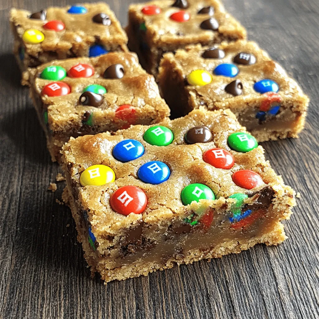 To make chewy brown butter M&M cookie bars, gather the following ingredients: - 1 cup (2 sticks) unsalted butter, browned - 1 cup brown sugar, packed - 1/2 cup granulated sugar - 1 large egg - 1 large egg yolk - 2 teaspoons vanilla extract - 2 1/4 cups all-purpose flour - 1/2 teaspoon baking soda - 1/2 teaspoon salt - 1 cup M&M's chocolate candies (plus extra for topping) - 1/2 cup chocolate chips (optional for extra chocolatey flavor) Each of these ingredients plays a key role. The brown butter gives a rich, nutty flavor. The sugars help create a chewy texture that you will love. Eggs add moisture and bind everything together. The flour, baking soda, and salt provide the base for the bars. M&M's and chocolate chips add fun and sweetness. If you need to substitute an ingredient, here are some ideas: - Use salted butter instead of unsalted for extra flavor. - Coconut sugar can replace brown sugar for a different taste. - For a lighter option, you can use half the amount of granulated sugar. - If you need a vegan version, try using a flax egg instead of eggs. - Replace all-purpose flour with a gluten-free blend if needed. These swaps will change the flavor and texture a bit, but they can still work well. Feel free to experiment! Always use fresh ingredients for the best results. Check your butter for any off smells or discoloration. Make sure your eggs are within the sell-by date. Fresh flour should feel light and not clumpy. Store M&M's in a cool, dry place to keep them fresh. Using high-quality ingredients helps your cookie bars taste amazing. The better the ingredients, the better your bars will be! To brown butter, start with unsalted butter. Use a medium saucepan and melt it over medium heat. Stir it often. Keep an eye on it. Soon, it will turn golden brown. You will smell a nutty aroma. This means your butter is ready. Remove it from the heat and let it cool a bit. Cooling helps prevent the eggs from cooking when you mix them in. In a large bowl, mix the brown butter with both sugars. Use a hand mixer or a whisk to beat them well. You want a smooth and creamy texture. Then add the egg, egg yolk, and vanilla extract. Beat this mixture until it is fully blended. This step is key for a soft and chewy cookie bar. Make sure no lumps remain in your batter. After mixing your wet ingredients, it’s time to add the dry ones. In a separate bowl, whisk flour, baking soda, and salt together. Slowly mix this into the wet batter. Do not overmix; just combine until you see no flour. Now, it’s time for the fun part! Gently fold in your M&Ms and chocolate chips. Use a spatula to fold carefully. This keeps the candy intact and ensures even distribution. To get that perfect chewy texture, start with brown butter. Brown the butter slowly. This gives it a rich flavor and adds moisture to the dough. Use one cup of brown sugar. This sugar helps to keep the bars moist and chewy. You can also add an extra egg yolk for more richness. This simple tip makes a big difference in texture. For even cooking, preheat your oven to 350°F (175°C). This ensures your bars bake evenly. Use a 9x13 inch baking pan and line it with parchment paper. This helps with easy removal later. Spread the dough evenly in the pan. Press it down firmly but gently. This helps the bars cook evenly without creating air pockets. Keep an eye on them while baking. The edges should be lightly golden, while the center should look set but soft. If your cookie bars come out too dry, check your flour measurement. Too much flour can lead to dryness. Use the spoon and level method for measuring. If they spread too much in the oven, chill the dough for 30 minutes before baking. This helps the bars hold their shape. For undercooked centers, bake a few extra minutes. The bars will continue to firm up as they cool. {{image_2}} You can switch up the chocolate in these cookie bars. Try using dark chocolate chips instead of milk chocolate. It adds a rich taste. You could also mix in white chocolate for a fun twist. If you want a crunch, add crushed nuts or toffee bits. Experimenting with different candies keeps the bars exciting! For a gluten-free version, use gluten-free all-purpose flour. Ensure the flour blend includes xanthan gum for texture. If you want a vegan option, replace the butter with coconut oil and use flax eggs instead of regular eggs. Just mix one tablespoon of flaxseed meal with three tablespoons of water to make one flax egg. These swaps help you enjoy the bars without compromise. You can make these cookie bars festive with seasonal flavors. In fall, add pumpkin spice or chopped pecans. For winter, mix in peppermint extract and crushed candy canes. In spring, consider lemon zest for a fresh twist. Each season brings new chances to flavor your bars with seasonal delights! To keep your chewy cookie bars fresh, store them in an airtight container. Place a sheet of parchment paper between layers to prevent sticking. This way, they stay soft and delicious for up to a week. If you want to keep them longer, consider freezing them. To freeze your cookie bars, first let them cool completely. Cut them into squares and wrap each piece in plastic wrap. Place them in a freezer-safe bag or container. They can last up to three months in the freezer. When you're ready to enjoy them, just thaw at room temperature. To reheat your cookie bars, place them on a microwave-safe plate. Heat them for about 10-15 seconds. This will warm them up and make them soft again. If you want a little crispness, pop them in the oven at 350°F for about five minutes. Enjoy that fresh-baked taste! If you don't have brown butter, you can use regular unsalted butter. Simply melt it in a saucepan. To mimic that nutty flavor, add a bit of extra vanilla or a pinch of salt. While it won't be the same, your cookie bars will still taste great. Brown butter does add a unique taste, so try it when you can. Yes! You can switch the M&Ms for other candies or nuts. Try chocolate chunks, peanut butter chips, or even dried fruit. The goal is to have fun and create your own twist. Just keep the total amount of add-ins similar to the recipe. This way, your cookie bars will still bake perfectly. These cookie bars last about 3 to 5 days at room temperature. To keep them fresh, place them in an airtight container. If you want to store them longer, freeze them. They can last for up to 3 months in the freezer. Just thaw at room temperature before enjoying again! This blog post covered all you need to create delicious cookie bars. We talked about choosing the best ingredients and making perfect brown butter. I shared tips to get chewiness and even baking. You also learned how to store your treats for freshness. In the end, enjoy being creative with flavors and mix-ins. With these steps, you'll bake amazing cookie bars each time. Simple choices make great snacks!