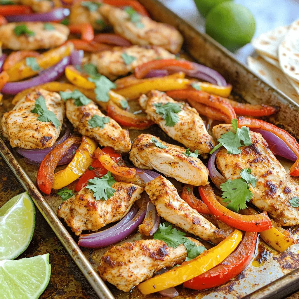 - 1.5 pounds boneless, skinless chicken thighs, sliced - 2 bell peppers (red and yellow), sliced - 1 red onion, sliced - 3 tablespoons olive oil - 2 tablespoons fajita seasoning (store-bought or homemade) - 1 teaspoon garlic powder - 1 teaspoon smoked paprika - Salt and pepper to taste - Fresh cilantro, chopped (for garnish) - Lime wedges (for serving) - Tortillas (for serving) Gather these ingredients for a tasty, easy meal. Chicken thighs give the dish a juicy flavor. The bell peppers add sweetness and color. Slicing the red onion brings a nice crunch. Using olive oil helps the spices stick to the chicken. Fajita seasoning makes it bold and flavorful. Garlic powder and smoked paprika add depth. You can adjust salt and pepper to your liking. Don't forget the fresh cilantro! It brightens the dish. Serve with lime wedges for a zesty kick. Warm tortillas complete this meal. You can also try making your tortillas if you're feeling adventurous! - Preheat oven to 425°F (220°C). - Prepare the baking sheet with parchment paper. - Combine chicken, bell peppers, and onion in a bowl. - Add olive oil and seasonings, toss to coat. To start, you want to make sure your oven is nice and hot at 425°F. This high heat helps the chicken get crispy. Line a large baking sheet with parchment paper. This step makes cleanup easy and keeps things from sticking. Next, grab a big bowl. Put the sliced chicken thighs in the bowl. Then, add the sliced bell peppers and onion. The colors make this dish pop! Drizzle in the olive oil. Now, sprinkle in the fajita seasoning, garlic powder, smoked paprika, salt, and pepper. Mix it all together until every piece is coated well. This step is crucial for full flavor. - Spread mixture on baking sheet. - Bake for 20-25 minutes, stirring halfway. After mixing, spread the chicken and veggies on the parchment-lined sheet. Make sure they are in a single layer. This helps them cook evenly. Now, pop the sheet into the preheated oven. Set a timer for 20 to 25 minutes. Halfway through, take it out and stir the mixture. This helps everything cook and crisp up nicely. When the timer goes off, check that the chicken is cooked through. It should reach an internal temperature of 165°F (75°C). The edges should look crispy and golden. Let it rest for a few minutes before serving. Enjoy your crispy chicken fajitas with warm tortillas and fresh lime! To get that crispy chicken, focus on two key techniques. First, use a hot oven. Set it to 425°F (220°C). This high heat helps the chicken cook quickly while browning the edges. Second, spread the chicken and veggies in a single layer on the baking sheet. This allows hot air to circulate. If they are too close, they will steam instead of crisp. You can elevate the flavor of your fajitas with a few extra spices. Try adding chili powder or cumin for a deeper taste. If you want a zesty kick, squeeze in some lime juice before serving. Customize your fajita seasoning by mixing in your favorite spices. You can even create your own blend with paprika, garlic powder, and a pinch of cayenne for heat. This way, every bite bursts with flavor. {{image_2}} You can switch chicken for shrimp or tofu. Shrimp cooks fast, about 10-15 minutes at 425°F. Tofu takes longer, around 25-30 minutes. Just make sure everything is crispy and cooked through. To make a vegetarian version, use only vegetables. Bell peppers, onions, and zucchini work great. You can add black beans or cheese for more protein. This makes the meal filling and tasty. You can try different sauces with your fajitas. A lime crema adds creaminess. Mix sour cream with lime juice and zest. For spice, blend in some hot sauce or jalapeños. These sauces enhance the dish and let you explore new flavors. To store leftovers in the fridge, let the chicken fajitas cool before sealing them. Use an airtight container to keep them fresh. You can store the fajitas for up to three days. Make sure to eat them before they start to lose quality. You can freeze the fajita mix if you have extra. Place the cooled chicken and veggies in a freezer-safe bag. Squeeze out the air to avoid freezer burn. The fajitas can last up to three months in the freezer. When you're ready to enjoy them, thaw the mix in the fridge overnight. To reheat, place it in a skillet over medium heat. Stir until it's hot throughout. You can also use the oven. Just bake them at 350°F (175°C) until warmed. Enjoy your crispy chicken fajitas any time! Yes, you can swap out the veggies in this recipe. Here are some great substitutes: - Zucchini, sliced - Mushrooms, sliced - Corn, fresh or frozen - Broccoli florets - Asparagus, chopped These options work well and add new flavors. Feel free to mix and match based on what you have at home. To add more heat, try these tips: - Use spicy fajita seasoning or add cayenne pepper. - Add jalapeños or serrano peppers, sliced. - Toss in some crushed red pepper flakes. - Serve with a spicy salsa or hot sauce. These changes boost the heat and make each bite exciting! Pair your fajitas with these sides for a full meal: - Mexican rice for a hearty touch. - Refried beans for added protein. - A fresh salad with lime dressing. - Guacamole and chips for fun snacking. These options complement the fajitas and make for a satisfying dinner. This recipe brings together juicy chicken thighs and colorful veggies for a tasty meal. You learned how to prep, mix, and bake efficiently. Remember to customize with spices or veggies you love. Crispiness matters, so spread out ingredients well. Store any leftovers properly, whether in the fridge or freezer. Enjoy sharing these fajitas with friends or family. With a few simple steps, you can make a fun and delicious feast any time!