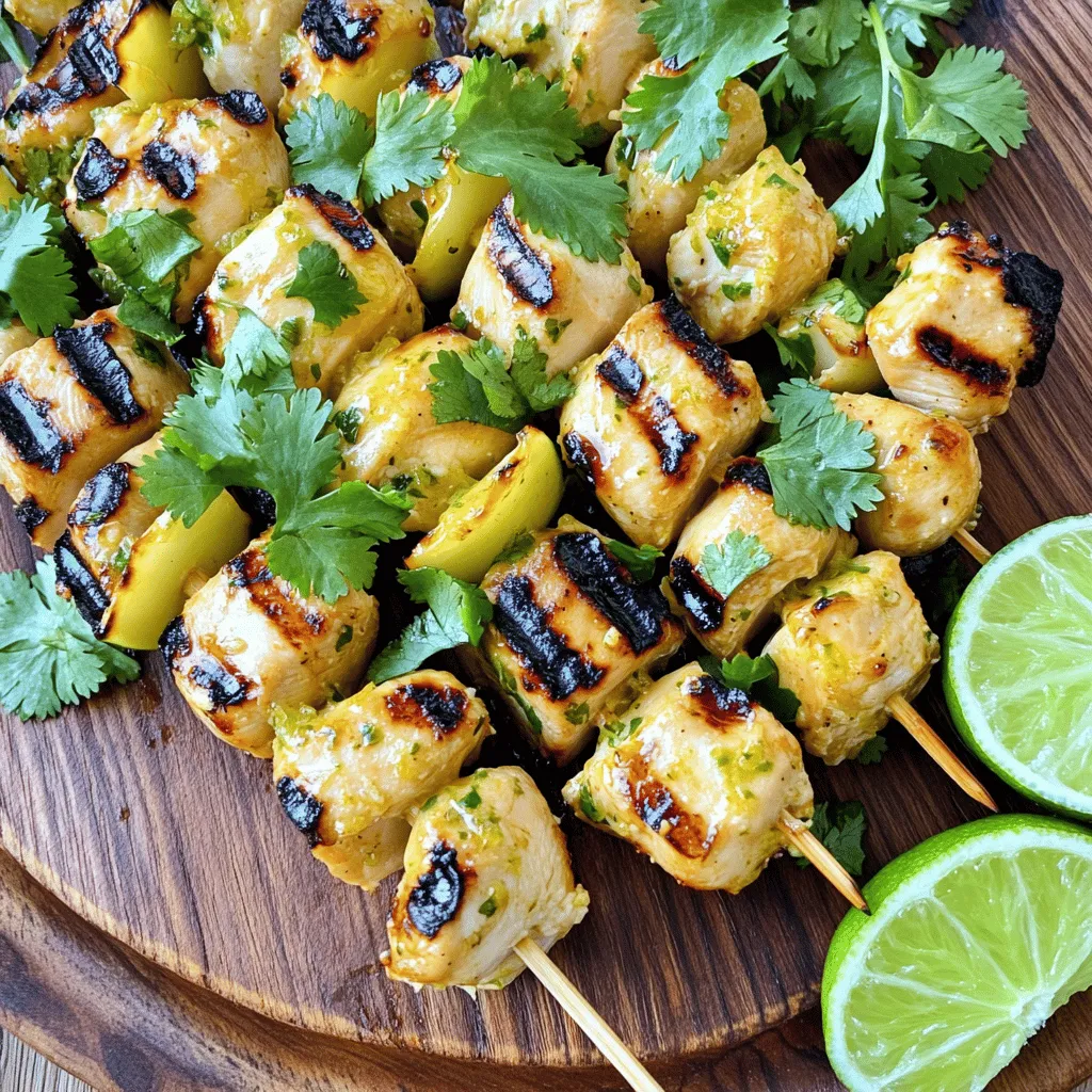 To make Coconut Lime Chicken Skewers, gather these items: - 1 lb (450g) chicken breast, cut into 1-inch cubes - 1 cup coconut milk - Zest of 1 lime - 2 tablespoons lime juice - 1 tablespoon honey - 2 cloves garlic, minced - 1 teaspoon ginger, grated - 1 teaspoon salt - ½ teaspoon black pepper - Wooden or metal skewers (if using wooden skewers, soak in water for 30 minutes) - Fresh cilantro, for garnish - Lime wedges, for serving You can switch out some ingredients if needed: - Use chicken thighs instead of chicken breast for a juicier bite. - Swap coconut milk for Greek yogurt for a tangy twist. - Honey can be replaced with maple syrup or agave nectar for a vegan option. - For the ginger, you can use ground ginger in a pinch; just use less. - If you don’t have fresh cilantro, parsley makes a good garnish too. Here’s what you need to cook these skewers: - A large mixing bowl for the marinade - Whisk or fork for mixing - Skewers for threading the chicken - Grill or grill pan for cooking - Tongs for turning the skewers on the grill - A meat thermometer to check for doneness - A cutting board and knife for prepping the chicken To start, grab a large mixing bowl. In it, mix the coconut milk, lime zest, lime juice, honey, minced garlic, grated ginger, salt, and black pepper. Whisk these ingredients until they blend well. The coconut milk gives a rich flavor, while lime adds zing. This marinade is the key to tasty chicken. Next, cut your chicken breast into 1-inch cubes. Add the chicken to the marinade. Make sure all pieces are well-coated. Cover the bowl and put it in the fridge. Let it marinate for at least 2 hours. If you can, let it sit overnight. This adds more flavor and makes the chicken tender. When you're ready to cook, preheat your grill to medium-high heat. If you use wooden skewers, soak them in water for about 30 minutes. This stops them from burning. Thread the marinated chicken onto the skewers. Leave a little space between each piece. Place the skewers on the grill. Cook for about 10-12 minutes. Turn them occasionally. The chicken should reach an internal temperature of 165°F. This ensures it's safe to eat. Once cooked, let the skewers rest for a few minutes. This helps keep them juicy. Garnish with fresh cilantro and serve with lime wedges. Enjoy your delicious Coconut Lime Chicken Skewers! For juicy chicken skewers, aim for a grill temperature of 375°F to 400°F. This range helps cook the chicken evenly and gives a nice char. Use a meat thermometer to check. The chicken should reach 165°F inside. Overcooking can dry it out. Evenly cut chicken pieces help with cooking. Aim for 1-inch cubes. Marinate the chicken for at least 2 hours. Overnight is best for flavor. When grilling, turn the skewers every few minutes. This ensures all sides cook well. Look for nice grill marks as a sign of doneness. Garnish your skewers with fresh cilantro. It adds bright flavor and color. Squeeze fresh lime juice over the skewers before serving. Lime wedges on the side make each bite zesty. You can also add sliced green onions for extra crunch. {{image_2}} You can change the marinade for more flavors. Try adding soy sauce for a savory twist. You can also add spices like cayenne pepper for heat. For a sweeter taste, mix in pineapple juice. You can even use yogurt for a creamier texture. Each option gives a new taste to the chicken. You can cook these skewers in many ways. Grilling gives a nice smoky flavor. If you don’t have a grill, use a grill pan on your stove. You can also bake them in the oven. Preheat the oven to 400°F (200°C) and cook for about 20 minutes. No matter the method, just make sure the chicken is fully cooked. Serve your skewers with rice or quinoa for a filling meal. A fresh salad adds a nice crunch. You can also use a yogurt sauce or sweet chili sauce for dipping. Lime wedges are perfect for squeezing over the chicken. Fresh cilantro as a garnish brightens up the dish. Each side enhances the meal's flavor. Store any leftover Coconut Lime Chicken Skewers in an airtight container. They keep well in the fridge for up to three days. Make sure the skewers cool down first. This helps prevent moisture buildup. You can also separate the chicken from the skewers for easier storage. To freeze, place the cooled skewers in a freezer-safe bag. Remove as much air as possible before sealing the bag. Label the bag with the date. The skewers can last up to three months in the freezer. When ready to use, thaw them in the fridge overnight. To reheat, you can use the oven or a grill. If using the oven, preheat it to 350°F (175°C). Place the skewers on a baking sheet and heat for about 10-15 minutes. For the grill, heat it to medium and cook the skewers for about 5 minutes, turning them often. Ensure the chicken reaches 165°F (75°C) before serving. This keeps the chicken juicy and tasty! You should marinate the chicken for at least 2 hours. For the best flavor, marinate it overnight. This allows the chicken to soak up all the tasty ingredients. The coconut milk, lime, and spices blend well, making the chicken juicy and flavorful. Yes, you can use other meats. Shrimp or pork work well with this marinade. Just cut the shrimp into smaller pieces. For pork, use tender cuts like loin or tenderloin. Adjust the cooking times based on the type of meat you choose. Make sure all meats are cooked to a safe temperature. Great sides include rice, salad, or grilled veggies. Coconut rice adds a nice touch to the meal. A fresh cucumber salad can balance the flavors. Grilled corn or peppers also pair well with the skewers. Enjoy your meal with lime wedges for extra zing! In this blog post, we covered how to make Coconut Lime Chicken Skewers. We explored ingredients, marinades, grilling tips, and variations. You learned about cooking times and how to store leftovers. With these steps, you can enjoy great-tasting chicken every time. Remember, try different marinades and serving suggestions for fun twists. Experimenting keeps meals fresh and exciting. Now, grab your equipment, and start cooking!
