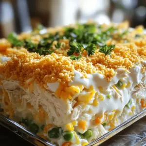 To create a delicious Million Dollar Chicken Casserole, you will need: - 3 cups cooked chicken, shredded - 1 cup cooked white rice - 1 can (10.5 oz) cream of chicken soup - 1 cup sour cream - 1 cup shredded cheddar cheese - 1 cup frozen mixed vegetables (peas, carrots, corn) - 1 teaspoon garlic powder - 1 teaspoon onion powder - 1 teaspoon dried thyme - Salt and pepper to taste - 1 cup crushed buttery crackers (like Ritz) - 2 tablespoons melted butter The cream of chicken soup and sour cream add a rich, creamy texture. The shredded cheddar cheese gives a nice melt and sharp flavor. Adding frozen mixed vegetables brings nutrition and color. Garlic powder, onion powder, and thyme enhance the dish's overall taste with aromatic notes. The buttery crackers on top create a crunchy, golden crust that contrasts with the creamy filling. If you have dietary needs, there are easy substitutes you can make: - Use gluten-free crackers instead of buttery crackers for a gluten-free option. - Swap the sour cream for Greek yogurt for a tangy flavor and less fat. - If you're dairy-free, choose plant-based cheese and sour cream. - For a vegetarian option, replace the chicken with a mix of beans or lentils. These swaps keep the casserole tasty and enjoyable for everyone! To make the base mixture, start by gathering your ingredients. You will need cooked chicken, cooked rice, cream of chicken soup, sour cream, shredded cheddar cheese, and frozen mixed veggies. In a large bowl, add 3 cups of shredded chicken and 1 cup of cooked rice. Next, mix in 1 can of cream of chicken soup and 1 cup of sour cream. Then, stir in 1 cup of shredded cheddar cheese and 1 cup of frozen mixed vegetables. Now, season the mixture with 1 teaspoon of garlic powder, 1 teaspoon of onion powder, and 1 teaspoon of dried thyme. Add salt and pepper to taste. Mix everything well until it is all combined. This base is creamy and full of flavor. Once your base mixture is ready, it's time to layer it in the baking dish. First, grease a 9x13 inch baking dish to prevent sticking. Pour the chicken mixture into the dish and spread it evenly. This ensures that every bite is tasty. In a small bowl, take 1 cup of crushed buttery crackers and mix it with 2 tablespoons of melted butter. This will give your casserole a nice crunch. Evenly sprinkle this cracker mix over the top of the chicken mixture. This layer adds texture and flavor. Now, preheat your oven to 350°F (175°C). Once it's heated, place your casserole in the oven. Bake it for 25 to 30 minutes. You will know it’s done when it is hot and bubbly, and the top is golden brown. After baking, let the casserole cool for a few minutes before serving. This helps the layers set and makes it easier to cut. For a nice touch, serve it warm, garnished with fresh parsley. Enjoy your meal! Shredding chicken can be easy if you follow a few steps. First, use cooked chicken. I like to use rotisserie chicken for its flavor. Let the chicken cool for a few minutes. Grab two forks and pull the chicken apart. You can also use your hands if you like it easier. Make sure to shred it into bite-sized pieces. This helps it mix well with other ingredients. To boost flavors, use fresh herbs when possible. Dried thyme is great, but fresh thyme adds more taste. You can also add a splash of lemon juice for zing. If you enjoy spice, sprinkle in some red pepper flakes. Mix in some sautéed onions and garlic for depth. Experiment with different cheeses, like pepper jack or mozzarella, for a fun twist. Every oven heats a bit differently. If your oven runs hot, check the casserole a few minutes early. For slower ovens, you might need to add a few extra minutes. The goal is for it to be hot and bubbly. Look for a golden-brown crust on top. Use a food thermometer to check the center; it should reach 165°F. This way, you ensure it cooks evenly every time. {{image_2}} You can easily change this recipe to fit your taste. Try adding fresh herbs like parsley or basil. They will boost the flavor and make it lively. You can also mix in different veggies. Bell peppers, zucchini, or broccoli can add crunch and color. If you want more creaminess, you can blend in some cream cheese. This will make the dish richer and extra tasty. Want to switch up the protein? Use cooked turkey instead of chicken. Turkey gives a nice flavor and is a great way to use leftovers. You can also try shredded pork or beef for a hearty meal. For a lighter option, consider using canned tuna. It adds a different taste and is quick to use. For gluten-free eaters, swap the crackers for gluten-free ones. You can find many options in stores. For a vegetarian twist, replace the chicken with cooked lentils or chickpeas. This will make the dish filling and healthy. You can also add more veggies like spinach or mushrooms. These options help everyone enjoy this casserole without missing out. After you enjoy your meal, let the casserole cool. Place the leftover chicken casserole in an airtight container. This keeps it fresh. Store it in the fridge for up to three days. If you use a glass dish with a lid, that works great too! When you’re ready to reheat, preheat your oven to 350°F (175°C). Place the casserole in the oven for about 20 minutes. Cover it with foil to keep it moist. If you want, add a sprinkle of cheese on top for extra flavor. You can also use a microwave, but be careful. Heat it in short bursts to avoid drying it out. To freeze, first cool the casserole completely. Then, cut it into servings. Wrap each piece tightly in plastic wrap. Place the wrapped pieces in a freezer bag or container. Label it with the date. This way, you can enjoy it for up to three months. When you’re ready to eat, thaw it in the fridge overnight before reheating. Yes, you can prepare this casserole a day ahead. Just mix all the ingredients and place them in the baking dish. Cover it with plastic wrap and store it in the fridge. When you’re ready to bake, take it out, remove the wrap, and let it sit for about 20 minutes. Bake it as directed. This way, you save time on busy days. This casserole pairs well with a simple green salad. The crisp greens and fresh veggies balance the rich flavors of the dish. You can also serve it with steamed broccoli or garlic bread for a heartier meal. Feel free to add fruits like apples or grapes for a sweet touch. Absolutely! You can swap sour cream for Greek yogurt. It adds protein and lowers fat. Use brown rice instead of white for more fiber. You can also add extra veggies, like spinach or bell peppers, to boost nutrition. Adjust the cheese to reduce calories if needed. These simple changes keep the taste while making it healthier. This blog post shared everything you need for a great Million Dollar Chicken Casserole. We covered ingredients, step-by-step instructions, and helpful tips. You learned how to customize the dish and store leftovers properly. I hope you feel ready to create your own version. Remember, cooking can be fun and rewarding. Enjoy sharing this dish with family and friends, and feel free to make it your own. Happy cooking!