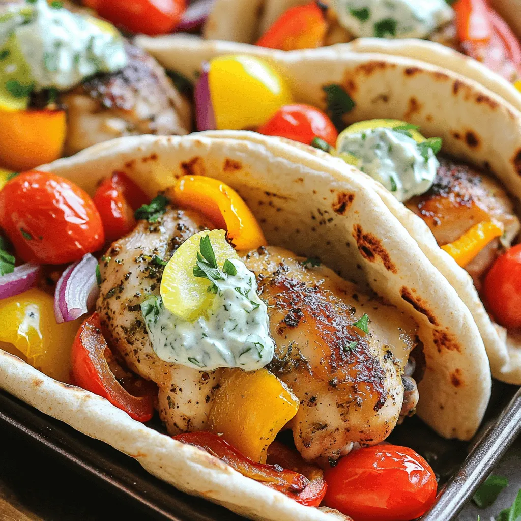 - 4 boneless, skinless chicken thighs - 2 tablespoons olive oil - 1 tablespoon dried oregano - 1 teaspoon garlic powder - 1 teaspoon lemon zest - Salt and pepper, to taste - 1 red bell pepper, sliced - 1 yellow bell pepper, sliced - 1 red onion, sliced - 4 whole wheat pitas - 1 cup cherry tomatoes, halved - Fresh parsley, chopped, for garnish To make these tasty pitas, you need fresh chicken and vibrant veggies. The chicken thighs offer a juicy bite. The peppers and onion add color and crunch. Whole wheat pitas provide a hearty wrap for all the goodness. - 1 cup Greek yogurt - 1 cucumber, grated and excess moisture squeezed out - 2 cloves garlic, minced - 1 tablespoon fresh dill, chopped (or 1 teaspoon dried dill) - 1 tablespoon lemon juice - Salt and pepper, to taste Tzatziki is a cool and creamy sidekick to the warm chicken. Greek yogurt gives it richness, while grated cucumber adds freshness. Garlic and dill bring a burst of flavor, making each bite exciting. - Feta cheese, crumbled - Lemon wedges - Extra fresh parsley Adding these garnishes can make your dish even better. Crumbled feta adds a salty touch, while lemon wedges lend brightness. Fresh parsley elevates the look and flavor of your pitas. Feel free to mix and match! First, preheat your oven to 425°F (220°C). In a large bowl, mix two tablespoons of olive oil, one tablespoon of dried oregano, one teaspoon of garlic powder, and one teaspoon of lemon zest. Add salt and pepper to taste. This marinade adds a rich flavor to the chicken. Next, place the four boneless, skinless chicken thighs in the bowl. Make sure to coat each piece well with the marinade. Let it sit for a few minutes while you prep the vegetables. After marinating, arrange the chicken thighs on a sheet pan. Surround them with sliced red and yellow bell peppers, sliced red onion, and halved cherry tomatoes. This mix enhances the dish's color and flavor profile. Roast everything in the preheated oven for about 25-30 minutes. Your chicken should be cooked through and the veggies tender and caramelized. This step brings out the natural sweetness in the vegetables. While the chicken and vegetables roast, prepare the tzatziki sauce. In a bowl, combine one cup of Greek yogurt and a grated cucumber. Be sure to squeeze out excess moisture from the cucumber first. Add two minced garlic cloves, one tablespoon of fresh dill, and one tablespoon of lemon juice. Season with salt and pepper to taste. This creamy sauce will add a refreshing touch to your pitas. Once the chicken is done, remove the sheet pan from the oven and let it rest for a few minutes. If you want warm pitas, place four whole wheat pitas in the oven for the last five minutes of cooking. To assemble, slice the chicken and fill each pita with the chicken and roasted vegetables. Top it off with a generous dollop of tzatziki. For a final touch, sprinkle fresh chopped parsley over the top. This step adds a burst of color and flavor to each bite. Enjoy your delicious creation! To get the best taste, marinate the chicken thighs. Use a mix of olive oil, dried oregano, garlic powder, lemon zest, salt, and pepper. Coat the chicken well in this mixture. Let it sit for at least 30 minutes. If you have more time, marinate overnight in the fridge. This extra time lets the flavors soak in deep. You will taste the difference in each bite. When roasting vegetables, cut them evenly. This helps them cook at the same rate. Use red bell peppers, yellow bell peppers, red onion, and cherry tomatoes. Spread them around the chicken on the sheet pan. Drizzle a bit of olive oil, and sprinkle salt and pepper. Roast at 425°F for 25-30 minutes. Keep an eye on them. They should be tender and slightly caramelized for the best taste. Tzatziki is a great sauce with Greek dishes. For a twist, you can add fresh mint alongside dill. You can also play with yogurt. If you like it tangier, use a mix of Greek yogurt and sour cream. For added crunch, try adding chopped bell peppers. Adjust the garlic and lemon juice to suit your taste. This sauce is very flexible! {{image_2}} You can switch chicken thighs for several other proteins. Try using chicken breasts for a leaner option. Pork tenderloin adds a nice twist too. If you prefer seafood, shrimp works well. Simply adjust the cooking time to avoid overcooking. Firm tofu is great for a vegetarian dish. It soaks up flavors and adds protein. Feel free to mix up the vegetables in your pitas. Zucchini or eggplant make tasty alternatives. Broccoli florets add a nice crunch. You could also use spinach for a pop of color. Just remember to cut your veggies into small, even pieces. This helps them cook evenly on the sheet pan. Pitas come in many types and sizes. Whole wheat pitas are healthy and filling. Look for gluten-free options if needed. You can also use mini pitas for bite-sized snacks. For a fun twist, try using naan bread or flatbreads. Each type offers a unique taste and texture. Choose what suits your meal best! To store your Greek chicken pitas, first, let them cool down. Place the chicken, veggies, and tzatziki in separate airtight containers. This keeps each part fresh. You can store the chicken and veggies in the fridge for up to four days. The tzatziki also stays fresh for about four days. Use clear labels to mark each container with the date. When you're ready to enjoy leftovers, reheat the chicken and veggies. Place them on a baking sheet and warm them in the oven at 350°F (175°C) for about 10 minutes. This keeps the food moist and tasty. You can also reheat in the microwave. Just cover the dish to avoid drying it out. Warm the pitas separately for a few seconds in the microwave or the oven. If you want to freeze the chicken and veggies, do so right after cooking. Let them cool, then transfer them to freezer bags. Squeeze out the air before sealing. You can freeze them for up to three months. When ready to eat, thaw overnight in the fridge. Reheat as mentioned above. However, it's best to make tzatziki fresh. Freezing it may change the texture. Yes, you can use chicken breasts instead of thighs. Chicken breasts are leaner. Just be careful not to dry them out. Thighs have more fat and stay juicy. If you use breasts, cook them for about 20-25 minutes. If you need a substitute, use sour cream or a dairy-free yogurt. For a lighter option, consider using plain yogurt. Adjust the flavor with more lemon juice and salt to taste. Each option brings a different taste, but they all work well. You can store leftovers in an airtight container for up to three days. If you have tzatziki, keep it separate from the chicken and pitas. This helps keep everything fresh. Reheat the chicken in the oven or microwave before serving. Yes, you can prepare parts of the recipe in advance. Marinate the chicken the night before for extra flavor. You can also chop vegetables and make tzatziki ahead of time. Just store them in the fridge. Assemble the pitas right before serving for the best taste. This blog post covered how to make delicious sheet-pan Greek chicken pitas. We explored the main ingredients, including chicken and homemade tzatziki, with tasty optional extras. I shared step-by-step instructions for marinating, roasting, and assembling your pitas. You learned tips for flavor and veggie roasting, plus variations and storage options. In conclusion, this dish offers great tastes and easy meal prep. You can enjoy making this dish your own with simple changes. Dive in and enjoy the flavors!