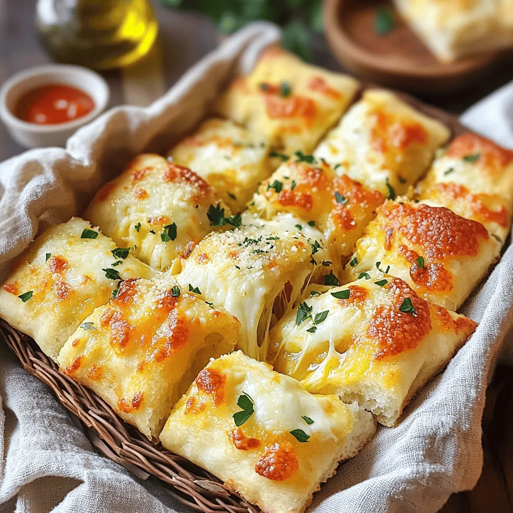 To make Cheesy Garlic Pull-Apart Flatbread, gather these ingredients: - 2 cups all-purpose flour - 1 tablespoon baking powder - 1 teaspoon salt - 1 teaspoon garlic powder - 1 cup milk - 1/4 cup olive oil - 1 1/2 cups shredded mozzarella cheese - 1/2 cup grated Parmesan cheese - 3 tablespoons fresh parsley, finely chopped - 3 cloves garlic, minced (plus more for brushing) - Additional olive oil for brushing If you want to change things up, try these alternatives: - Use whole wheat flour instead of all-purpose flour for a nutty flavor. - Swap out milk for a plant-based milk to make it dairy-free. - Use a mix of different cheeses like cheddar or gouda for a twist. - Try adding herbs like thyme or rosemary for extra flavor. Using fresh ingredients makes a big difference. Fresh garlic has a strong flavor, which brings the dish to life. Fresh parsley adds a bright touch, enhancing both taste and color. Quality cheese melts beautifully, creating that perfect gooey texture. Always choose the freshest ingredients you can find. They elevate every bite, making your flatbread truly special. First, gather all your ingredients. You will need: - 2 cups all-purpose flour - 1 tablespoon baking powder - 1 teaspoon salt - 1 teaspoon garlic powder - 1 cup milk - 1/4 cup olive oil - 1 1/2 cups shredded mozzarella cheese - 1/2 cup grated Parmesan cheese - 3 tablespoons fresh parsley, finely chopped - 3 cloves garlic, minced (plus more for brushing) - Additional olive oil for brushing Start by preheating your oven to 375°F (190°C). Line a baking sheet with parchment paper to prevent sticking. In a large bowl, mix the flour, baking powder, salt, and garlic powder. Make sure they are well combined to get a good rise. Next, create a well in the center of these dry ingredients. Pour in the milk and olive oil. Mix everything together until a dough forms. This is where it starts to get fun! Now, turn the dough out onto a floured surface. Knead it gently for about 2 minutes. You want it to be smooth. Roll the dough out into a rectangle about 1/2 inch thick. This step is crucial for the texture. Using a pizza cutter, slice the dough into strips that are about 1 inch wide. Then, stack these strips and cut them into 1-inch squares. In another bowl, combine the mozzarella, Parmesan, parsley, and minced garlic. This mixture is the heart of your pull-apart flatbread. Take each square of dough and place a spoonful of the cheese mixture in the center. Fold the dough over to seal in that delicious filling. Repeat until all squares are filled. Arrange the filled squares in your baking dish. Overlap them slightly for a nice look. In a small bowl, mix some minced garlic with a tablespoon of olive oil. Brush this tasty mix over the top of the dough to add flavor. Pop it in the oven and bake for 20-25 minutes. You want it golden brown and cheesy. The aroma will be amazing! To get that perfect pull-apart texture, make sure your dough is not too dry. If it feels stiff, add a splash more milk. Kneading well is key, but don’t overdo it. When cutting the squares, try to keep them even. This helps them cook uniformly. Lastly, don’t skip the brushing step! Brushing with garlic oil adds flavor and helps with browning. Enjoy the process and the delicious results! To get the best flatbread, keep a few tips in mind. First, always preheat your oven to 375°F (190°C). This helps the bread rise and cook evenly. Line your baking sheet with parchment paper. This makes sure the flatbread does not stick and bakes nicely. Keeping your flatbread moist is key for great taste. Brush the top with olive oil before baking. This adds flavor and moisture. You can also cover the flatbread with foil for the first half of baking. This traps steam and keeps it soft. If you want extra moisture, serve it warm with a side of herb-infused olive oil or marinara for dipping. You can mix up the flavors of your flatbread easily. Add herbs like thyme or rosemary for a fresh taste. Want it spicy? Toss in some red pepper flakes. For a rich kick, try mixing in some sun-dried tomatoes or olives with the cheese filling. You can also swap mozzarella for other cheeses like cheddar or gouda for a whole new twist. {{image_2}} You can make Cheesy Garlic Pull-Apart Flatbread gluten-free. Use a gluten-free flour blend. Look for one that has a good balance of starch and protein. Many blends work well for baking. Just check the package for a 1:1 ratio. This way, you can still enjoy that soft, cheesy goodness without gluten. Want to add more veggies? You can include spinach, sun-dried tomatoes, or roasted red peppers. Just chop them finely and mix them into the cheese filling. This adds color and nutrients, giving your flatbread a fresh twist. You can also try adding different types of cheese for extra flavor. To kick the flavor up a notch, add herbs and spices. Try mixing in dried oregano, thyme, or red pepper flakes into the cheese blend. Fresh herbs like basil or chives can also brighten up the dish. You can even add a pinch of smoked paprika for a smoky taste. These small changes can make your flatbread even more exciting and delicious. Store your leftover cheesy garlic pull-apart flatbread in an airtight container. Make sure to let it cool first. This keeps the bread fresh and tasty. You can keep it in the fridge for up to three days. For best results, place a paper towel on the bottom of the container. This absorbs extra moisture and helps keep the bread from getting soggy. To reheat, preheat your oven to 350°F (175°C). Place the flatbread on a baking sheet. Cover it with aluminum foil to prevent it from getting too brown. Heat for about 10-15 minutes or until warm. You can also microwave it for 20-30 seconds, but this may make it chewy. The oven method keeps the flatbread nice and crisp. For long-term storage, you can freeze your cheesy garlic pull-apart flatbread. Wrap it tightly in plastic wrap and then in aluminum foil. This helps prevent freezer burn. Label the package with the date. You can freeze it for up to three months. To enjoy later, thaw it in the fridge overnight. Then, reheat in the oven as mentioned above. This way, you can enjoy your delicious flatbread even after a long time! Yes, you can make the dough ahead of time. Prepare the dough and shape it into squares. Place them on a baking sheet and cover them with plastic wrap. You can store them in the fridge for up to 24 hours. When you're ready to bake, just brush with garlic oil and bake as directed. This lets the flavors blend and makes it easy for you when guests arrive. Cheesy Garlic Pull-Apart Flatbread pairs well with many dishes. Here are some ideas: - Marinara sauce for dipping - Herb-infused olive oil - A fresh garden salad - Creamy tomato soup - Charcuterie board items These options add variety and make your meal more fun. They also let you explore different tastes with each bite. To spice up your flatbread, you can add a few extra ingredients. Here are some simple ideas: - Mix in crushed red pepper flakes with the cheese filling - Use spicy garlic or chili-infused olive oil for brushing - Add diced jalapeños or green chilies to the cheese mix These tweaks will give your flatbread a nice kick! Adjust the amount to match your heat level. This blog post covers how to make Cheesy Garlic Pull-Apart Flatbread. We explored key ingredients, including fresh options and tasty alternatives. I shared step-by-step baking instructions to help you achieve that perfect texture. You learned tips for keeping your flatbread moist and fun flavor variations to try. Remember, using fresh ingredients will give you the best results. Store and reheat your leftovers properly for future enjoyment. Now you have all you need to make this yummy dish a hit! Enjoy your baking journey!
