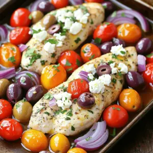 - 4 boneless, skinless chicken breasts - 1 cup cherry tomatoes, halved - 1 medium red onion, sliced - 1 cup Kalamata olives, pitted and halved - 1 block (8 oz) feta cheese, crumbled - 3 tablespoons olive oil - 2 tablespoons fresh lemon juice - 4 cloves garlic, minced - 1 teaspoon dried oregano - 1 teaspoon smoked paprika - Salt and pepper to taste - Fresh parsley, chopped - Optional lemon wedges When I cook Sheet-Pan Mediterranean Feta Chicken, I love the vibrant colors and flavors. This dish uses simple, fresh ingredients that come together beautifully. The chicken breasts are the star. I choose boneless and skinless ones for quick cooking. The cherry tomatoes add sweetness, while the red onion gives a nice crunch. Kalamata olives bring a briny flavor that balances everything. Finally, crumbled feta cheese melts slightly, adding a rich creaminess. I make a flavorful marinade with olive oil, lemon juice, minced garlic, oregano, and smoked paprika. This mix keeps the chicken juicy and packed with taste. I always add salt and pepper to enhance the flavors. For a finishing touch, I sprinkle fresh parsley on top. The optional lemon wedges are great for an extra burst of freshness. Each bite of this dish feels like a trip to the Mediterranean! 1. Start by preheating your oven to 400°F (200°C). This ensures even cooking. 2. Line a large baking sheet with parchment paper. This makes cleanup easy. 3. In a large bowl, whisk together the olive oil, lemon juice, minced garlic, and spices. This creates a tasty marinade. 1. Take your chicken breasts and place them in the bowl with the marinade. 2. Make sure to coat them well. This helps infuse flavor. 3. Let the chicken marinate for at least 15 minutes. For more flavor, you can marinate for up to 1 hour in the fridge. 1. Once marinated, place the chicken breasts in the center of the prepared baking sheet. 2. Next, scatter the halved cherry tomatoes, red onion slices, and Kalamata olives around the chicken. 3. Crumble the feta cheese evenly over everything. This adds creaminess and a nice tang. 4. Drizzle a little more olive oil over the sheet pan. This helps everything roast perfectly. 5. Bake in the oven for 25-30 minutes. The chicken should reach an internal temperature of 165°F (75°C). 6. After baking, remove the pan from the oven. Sprinkle fresh parsley on top before serving. To keep your chicken juicy, use a marinade. The marinade adds moisture and flavor. Let the chicken sit in the marinade for at least 15 minutes. For a deeper taste, marinate for up to an hour. This helps the flavors soak in. For plating, serve directly from the sheet pan. It looks casual and inviting. You can also plate each chicken breast and add vegetables. Drizzle pan juices on top for extra flavor. For sides, consider a fresh salad or crusty bread. Both pair well with this dish. Avoid overcrowding your baking sheet. If the sheet is too full, the chicken and veggies will steam instead of roast. This affects the texture. Always check if the chicken is done cooking. The internal temperature should reach 165°F (75°C). Use a meat thermometer for accuracy. {{image_2}} You can easily swap chicken for turkey or fish. Turkey breasts work well and stay moist. Try using salmon or cod for a lighter meal. Fish cooks faster, so reduce the baking time. Always check that fish reaches 145°F for safety. Feel free to mix in other Mediterranean veggies. Zucchini, bell peppers, and artichokes add nice flavors. You can also use eggplant for a heartier dish. Just chop them into similar sizes for even cooking. If you want dairy-free, try plant-based cheese. Nutritional yeast gives a cheesy flavor too. You can also use goat cheese for a tangy twist. Just crumble it on top to melt slightly. This keeps the dish fresh and exciting. To store leftovers, cool the dish to room temperature. Then, place it in an airtight container. The chicken and veggies can last in the fridge for up to 3 days. When ready to eat, check for any odd smells or changes in texture before reheating. You can freeze this dish. First, let it cool completely. Then, transfer it to a freezer-safe bag or container. Make sure to remove as much air as possible. It can be frozen for up to 3 months. For best taste, label the bag with the date you froze it. To reheat, preheat your oven to 350°F (175°C). Place the chicken and veggies on a baking sheet. Cover it with foil to prevent drying. Heat for about 20-25 minutes or until warmed through. You can also reheat in the microwave for 2-3 minutes on medium power. Always check that the chicken is hot in the center before serving. Yes, you can use frozen chicken. However, you need to thaw it first. Place the chicken in the fridge overnight to defrost. If you're short on time, use the microwave to thaw it. Just be careful not to start cooking it. After thawing, follow the same marinating steps. This helps keep the chicken juicy and flavorful. This dish pairs well with many sides. Here are some great options: - Rice: Fluffy white rice or lemon rice complements the flavors. - Quinoa: A nutty, healthy choice that soaks up the juices. - Salad: A fresh Greek salad adds crunch and color. - Bread: Warm pita or crusty bread is perfect for mopping up juices. Check the chicken's internal temperature. It should reach 165°F (75°C) for safe eating. Use a meat thermometer for accuracy. If you don’t have one, look for these signs: - The juices should run clear, not pink. - The meat should be firm to the touch. Cut into the thickest part of the chicken to check. If it looks cooked all the way through, it's ready to serve. In this article, I covered a tasty Sheet-Pan Mediterranean Feta Chicken recipe. We explored the main ingredients, including chicken and feta. I provided step-by-step instructions for marinating and baking your meal. You discovered tips to keep the chicken juicy and serving ideas to impress. I also shared how to store leftovers and variations for different diets. Enjoy cooking and savoring this dish while making it your own! Try it out, and you won’t be disappointed.