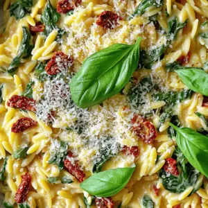 To make the creamy sun-dried tomato orzo with spinach, you will need these key items: - 1 cup orzo pasta - 1 cup vegetable broth - 1 cup heavy cream - 1/2 cup sun-dried tomatoes, chopped - 2 cups fresh spinach - 1/2 cup grated Parmesan cheese - 2 cloves garlic, minced - 2 tablespoons olive oil - Salt and pepper to taste - Fresh basil for garnish These ingredients create a rich, creamy dish that is full of flavor. The orzo pasta serves as a great base. It cooks quickly and absorbs the broth beautifully. Sun-dried tomatoes add a burst of tanginess, while fresh spinach offers a nice pop of color and nutrition. I love using heavy cream to create a smooth sauce. It blends perfectly with the Parmesan cheese, making every bite delightful. The garlic adds warmth and depth to the dish. Olive oil helps everything come together, giving it a nice sheen. When you gather these ingredients, think about quality. Fresh spinach and good parmesan really elevate the dish. You can also adjust the salt and pepper to fit your taste. This recipe is flexible and will adapt to your preferences. Enjoy the process of cooking and experimenting with these ingredients! 1. Start by heating 2 tablespoons of olive oil in a large saucepan over medium heat. 2. Add 2 cloves of minced garlic. Sauté it for about 1 minute until it smells amazing. 3. Next, stir in 1/2 cup of chopped sun-dried tomatoes. Cook for 2-3 minutes to let their flavor shine. 4. Now, add 1 cup of orzo pasta to the pan. Stir well to coat it with the oil and tomato mix. 1. Pour in 1 cup of vegetable broth. Bring it to a gentle boil. 2. Lower the heat, cover the pan, and let it simmer for about 10 minutes. Check that the orzo is cooked al dente and has absorbed most of the broth. 3. Stir in 1 cup of heavy cream and 1/2 cup of grated Parmesan cheese. Mix until the cheese melts and the sauce becomes creamy. 4. Fold in 2 cups of fresh spinach. Let it wilt for a couple of minutes. Season with salt and pepper to taste. 1. Remove the pan from heat and let it rest for a few minutes. This helps the dish thicken up nicely. 2. Serve it warm and top with fresh basil leaves for a burst of flavor. - Achieving the Perfect Orzo Texture To cook orzo just right, watch the time closely. Cook it in simmering broth for about 10 minutes. Test it for a firm bite, or al dente. This keeps the orzo from being mushy. Stir it often to help it cook evenly. - Seasoning Effectively Season your dish in steps. Start with salt when cooking the orzo. Add more salt and pepper after mixing in the cream and cheese. Taste as you go. This ensures balanced flavor throughout the dish. - Best Ways to Garnish Fresh basil is key for a vibrant look and taste. Tear the leaves and sprinkle them on top just before serving. You can also add a sprinkle of Parmesan for a nice finish. - Serving Suggestions Serve the orzo warm in shallow bowls. This makes the colors pop. Pair it with a light salad for a full meal. A crisp white wine can enhance the flavors, too. - Reheating and Maintaining Creaminess If you make this dish in advance, store it in an airtight container. When reheating, add a splash of broth or cream. This helps keep the dish creamy and prevents it from drying out. Heat gently on low to warm it through. {{image_2}} If you want a dairy-free version of creamy sun-dried tomato orzo, try using coconut cream or cashew cream. These options keep the dish rich and creamy without dairy. You can also use nutritional yeast instead of Parmesan for a cheesy flavor. For extra nutrition, add more vegetables. Chopped bell peppers, zucchini, or mushrooms work well. You can toss in some peas or broccoli for a pop of color and flavor. Spice up your orzo with fresh herbs. Basil, thyme, or oregano add great taste. Try adding a pinch of red pepper flakes for a little heat. If you want more protein, chicken or shrimp fits perfectly. Cook the protein separately, then mix it in before serving. This makes the dish hearty and satisfying. Orzo is very versatile. You can make a refreshing orzo salad with veggies and a light dressing. Another great dish is lemon orzo soup, which is comforting and bright. If you have leftover orzo, use it in stir-fries or as a base for a grain bowl. Mix it with your favorite proteins and veggies for a quick meal. Orzo holds up well, so the options are endless! To store leftovers, place the creamy sun-dried tomato orzo in an airtight container. Make sure to let it cool down first. This keeps the dish fresh and tasty. In the fridge, it lasts about 3 to 5 days. Always check for any off smells or changes in texture before eating. For freezing, portion the orzo into small containers. This makes it easy to reheat later. Let it cool completely before putting it in the freezer. It can stay good for up to 3 months. When you are ready to eat, thaw it in the fridge overnight. Then, reheat it on the stove with a splash of cream or broth to bring back its creaminess. You can easily include creamy sun-dried tomato orzo in your weekly meals. Prepare a big batch and divide it into portions. This way, you have quick meals ready to go. You can pair it with grilled chicken or a fresh salad for a balanced meal. It’s perfect for busy days when you need something delicious in a hurry. Can I use other types of pasta? Yes, you can! Other small pasta shapes work well. Try using ditalini, fusilli, or even penne. Each type gives a unique twist to the dish. Just keep an eye on the cooking times. Is there a vegan version of this recipe? Absolutely! Replace heavy cream with coconut milk or cashew cream. Use nutritional yeast instead of Parmesan cheese for a cheesy flavor. Also, swap vegetable broth for a homemade or store-bought vegan option. How do I make the dish spicier? To add spice, mix in red pepper flakes or diced jalapeños while cooking. You can also use spicy sun-dried tomatoes for extra heat. Adjust the amount to suit your taste. Calorie count per serving This dish has about 450 calories per serving. That can vary based on the amount of oil and cheese you use. Dietary considerations The recipe is not gluten-free due to the orzo. However, you can find gluten-free orzo in stores. Always check labels for dietary needs. Variations in cooking times Cooking times can change based on the pasta shape you use. For larger pasta, like penne, you may need to cook a bit longer. Always taste the pasta to check for doneness. Adjusting for larger portions If making more servings, increase broth and cream in equal parts. Adjust seasonings as needed. Keep an eye on the cooking time to ensure everything cooks evenly. This blog gave you all the key steps for a tasty orzo dish. You learned about the main ingredients, cooking tips, and how to store leftovers. Remember, you can mix things up by changing ingredients or adding flavors. Try new variations to keep meals exciting. Cooking can be fun and creative. With these tips, you’ll make delicious orzo that everyone will love. Enjoy your cooking adventure!