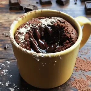 For this quick and tasty treat, you need simple ingredients. Here’s what you’ll need: - 4 tablespoons all-purpose flour - 4 tablespoons granulated sugar - 2 tablespoons cocoa powder - 1/8 teaspoon baking powder - A pinch of salt - 3 tablespoons milk - 2 tablespoons vegetable oil - 1/4 teaspoon vanilla extract - 1-2 squares of dark chocolate (around 70% cocoa) These ingredients mix to create the rich, gooey cake. The dark chocolate in the center is key to that delightful lava filling. You can make this mug cake even better with some tasty toppings. Here are a few ideas: - Whipped cream - Ice cream - Fresh berries - Nuts - A drizzle of caramel or chocolate sauce Feel free to get creative! Each topping adds a new flavor and texture. If you are missing something, don’t worry! Here are some easy swaps: - Use whole wheat flour instead of all-purpose flour. - Swap granulated sugar for brown sugar for a deeper flavor. - Milk can be replaced by almond milk or oat milk. - For a dairy-free version, use coconut oil instead of vegetable oil. These substitutions can help you make this mug cake fit your needs. Enjoy your baking! Start by gathering your ingredients. You need: - 4 tablespoons all-purpose flour - 4 tablespoons granulated sugar - 2 tablespoons cocoa powder - 1/8 teaspoon baking powder - A pinch of salt - 3 tablespoons milk - 2 tablespoons vegetable oil - 1/4 teaspoon vanilla extract In a microwave-safe mug, mix the flour, sugar, cocoa powder, baking powder, and salt. Use a whisk to blend them well. This step is key for a smooth batter. After mixing the dry ingredients, add the milk, vegetable oil, and vanilla. Stir until there are no dry lumps. The batter should look nice and smooth. Now, the fun part! Take 1 or 2 squares of dark chocolate. Push them gently into the center of the batter. This is what creates that delicious gooey lava effect. Make sure the chocolate is covered with the batter. This step is crucial for that rich, melty center when you dig in. Place your mug in the microwave. Cook it on high for 40 to 60 seconds. Start checking at 40 seconds. The cake should rise and look set at the edges. It’s okay if the middle is still soft; that’s where the lava is! Be careful not to overcook it. Once done, let it rest for a minute. This lets the cake firm up a bit. Serve warm for the best taste. Enjoy your treat! To get that perfect lava texture, use high-quality dark chocolate. I like chocolate with 70% cocoa. Make sure to push the chocolate deep into the batter. This helps it melt well. When microwaving, stop cooking when the edges rise but the middle stays soft. This is the secret to the gooey center. Microwave times can vary. Start with 40 seconds, then check it. If the cake looks puffy and set at the edges, it is close to done. If not, add 10-second bursts until it rises. Remember, overcooking can turn it into a dry cake. Always let it rest for a minute before diving in. This lets the lava settle. Serve your mug cake warm for the best taste. You can top it with vanilla ice cream or whipped cream. Fresh berries add a nice touch too. Drizzling chocolate sauce on top makes it even better. You can also sprinkle some sea salt for a flavor boost. Enjoy your delicious creation! {{image_2}} You can switch up the chocolate in your mug cake. Use milk chocolate for a sweeter taste. If you want a richer flavor, try dark chocolate with 70% cocoa or more. For a unique twist, try white chocolate. Each choice gives a different taste and texture. Experiment with what you like best! Adding extras can make your mug cake even better. Consider mixing in some nuts like walnuts or pecans. They add a nice crunch. You could also try a scoop of peanut butter or almond butter. This adds creaminess and flavor. A few chocolate chips can give extra gooeyness too. Don't be afraid to get creative! You can make a healthier mug cake too. Swap regular flour for almond or oat flour. This change adds fiber and nutrients. Use coconut sugar or honey instead of white sugar to cut refined sugar. For a dairy-free version, try almond milk or oat milk. These small changes keep the taste while making it better for you! If you have leftover mug cake, store it in an airtight container. This keeps it fresh. You can keep it at room temperature for one day. If you want it to last longer, put it in the fridge. It stays good for up to three days. Just remember, the lava effect may fade a bit. To reheat the mug cake, use the microwave. Place the cake in the microwave for about 10-15 seconds. Check it often to avoid overcooking. The goal is to warm it up, not to cook it again. If the cake feels dry, add a small splash of milk before reheating. You can freeze the mug cake if you want to save it longer. Let it cool completely first. Wrap it tightly in plastic wrap or foil. Then place it in a freezer-safe bag. It can stay in the freezer for up to two months. When you want to eat it, let it thaw in the fridge overnight. Reheat as usual after thawing. You should microwave the mug cake for 40 to 60 seconds. Start checking at 40 seconds. The cake should rise and set at the edges. The center should still be soft. If you cook it too long, it may dry out. Yes, you can make a mug cake without eggs. The recipe here does not use eggs. The milk and oil keep the cake moist. You won’t miss the eggs in this tasty treat. If your mug cake overflows, it’s likely too full. Use a smaller mug next time. Make sure to leave space for the cake to rise. You can also reduce the batter. If it overflows, simply clean your microwave with a damp cloth. You learned how to make a chocolate lava mug cake with easy steps. We covered key ingredients, tips for a great texture, and tasty variations. Remember to try different flavors and toppings. Storing leftovers are simple too. Enjoy this fun and quick dessert whenever you want a treat. Happy baking!