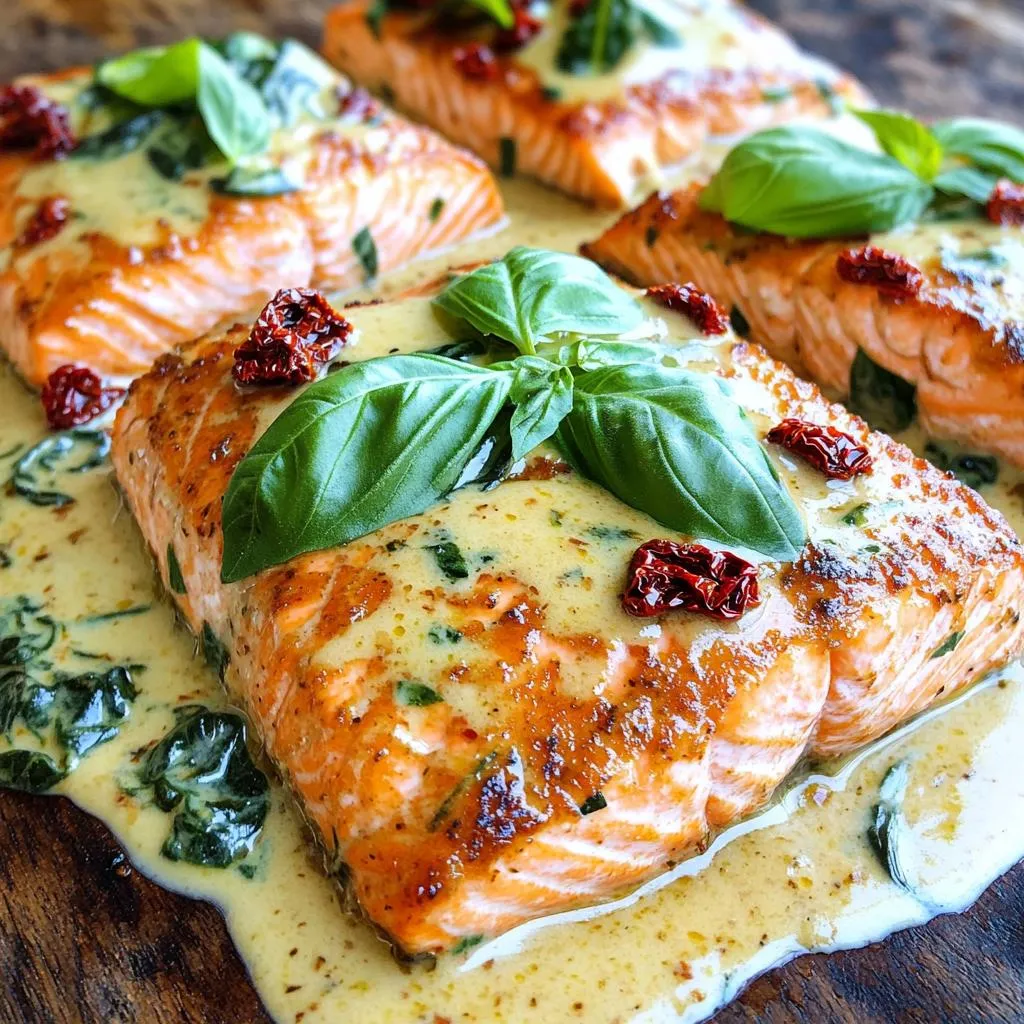 - 4 salmon fillets - 1 cup heavy cream - 1/2 cup sun-dried tomatoes, chopped - 1 cup fresh spinach - 3 cloves garlic, minced - 1/2 cup grated Parmesan cheese - 2 tablespoons olive oil - Salt and pepper to taste - 1 teaspoon Italian seasoning - Fresh basil leaves for garnish In this dish, the salmon fillets shine. They bring a rich flavor and a tender bite. Heavy cream adds creaminess, making the sauce smooth and velvety. Sun-dried tomatoes provide a burst of sweetness and a hint of tang. Fresh spinach not only adds color but also a touch of earthiness. Garlic gives the dish a warm, aromatic note. Lastly, Parmesan cheese enhances the sauce with a savory depth. For seasoning, olive oil helps cook the salmon to perfection. Salt and pepper balance the flavors. Italian seasoning adds a classic touch. Fresh basil leaves brighten the dish, making it look and taste fresh. Each ingredient plays a role in creating a delicious meal that feels special yet easy to make at home. - Seasoning fillets Start by seasoning the salmon fillets. Use salt, pepper, and Italian seasoning. Make sure to coat both sides. This adds flavor and enhances the dish. - Searing technique Heat olive oil in a large skillet over medium-high heat. Place the salmon skin-side down in the skillet. Cook for 4-5 minutes until the skin gets crispy. Carefully flip the fillets and cook for another 3-4 minutes. Then, remove the salmon and set it aside. - Sautéing garlic and sun-dried tomatoes In the same skillet, add minced garlic. Sauté it for about 1 minute until it smells great. Next, add the chopped sun-dried tomatoes and cook for 2 more minutes. This builds a rich flavor base. - Adding cream and spinach Pour in the heavy cream and let it come to a simmer. Stir in the fresh spinach and let it wilt. This takes about 2-3 minutes. The cream and spinach create a lush sauce. - Incorporating cheese Add the grated Parmesan cheese to the sauce. Stir until it melts and thickens. Taste the sauce and adjust seasoning with salt and pepper if needed. The cheese adds depth and richness. - Returning salmon to the skillet Place the seared salmon fillets back into the skillet. Spoon the creamy sauce over the top. Let it simmer for 2-3 minutes to heat through. This step brings all the flavors together beautifully. To make your salmon extra crispy, start with dry fillets. Pat them with a paper towel. Season both sides with salt, pepper, and Italian seasoning. Heat your skillet over medium-high heat and add olive oil. Place the salmon skin-side down. Cook for about 4-5 minutes. You’re looking for that lovely golden brown. Flip and cook for another 3-4 minutes. Use a fork to check for doneness. The salmon should flake easily but not be dry. If you want to swap the heavy cream, use half-and-half or coconut cream. This change keeps the sauce rich but lowers the calories. For cheese, try a mix of mozzarella and cream cheese. If you find the sauce too thick, add a splash of chicken broth or pasta water to thin it out. Stir well until you reach the perfect consistency. Pair this dish with garlic bread or a fresh salad. For drinks, a crisp white wine like Sauvignon Blanc works great. To make your plate shine, drizzle extra sauce over the salmon. Add a few fresh basil leaves on top for color. This small touch makes your meal feel special and inviting. {{image_2}} You can change some ingredients for a unique dish. - Using different fish: Try using trout or tilapia. Both have a mild taste and cook well. - Adding vegetables: You can include mushrooms or bell peppers. They add great texture and flavor. Enhancing flavor can make your dish even better. - Incorporating herbs and spices: Fresh thyme or oregano adds depth. Use them for a fresh aroma. - Adding heat with chili flakes: If you like spice, sprinkle in chili flakes. They bring a nice kick to the creamy sauce. Adjust the recipe to fit your diet needs. - Gluten-free options: This dish is gluten-free as is. Just check your cream and cheese labels. - Low-carb alternative suggestions: Swap out the cream for coconut cream. It keeps the richness while cutting carbs. To keep your creamy Tuscan sun-dried tomato salmon fresh, store it in airtight containers. Make sure the salmon is cooled to room temperature before sealing it up. You can keep it in the fridge for up to 3 days. This way, you can enjoy the rich flavors later without losing quality. When it’s time to enjoy your leftovers, reheating carefully is key. Use a skillet over low heat to gently warm the salmon and sauce. This helps maintain moisture and flavor. You can also cover the skillet with a lid to trap heat. Avoid using the microwave if you want to keep that creamy texture intact. If you want to save some for later, freezing works well too. Make sure the salmon is completely cooled, then place it in freezer-safe containers. You can freeze the dish for up to 2 months. When you’re ready to eat, thaw it in the fridge overnight before reheating. This way, you preserve the delicious taste. To cook salmon perfectly, you need about 8 to 10 minutes. Start with skin-side down in a hot pan. Cook for 4-5 minutes until the skin is crispy. Then flip and cook for another 3-4 minutes. The salmon should be light pink in the center when done. This method keeps it juicy and tender. Yes, canned sun-dried tomatoes work well in this recipe. They add great flavor without extra work. Just drain them before chopping. If you love a strong taste, try oil-packed ones. They will enhance the creamy sauce even more. This dish pairs well with several sides. Try serving it with: - Steamed rice - Mashed potatoes - Garlic bread - A fresh green salad These choices balance the rich flavors of the salmon and sauce. Yes, this recipe is great for meal prep! You can make it ahead and store it. Just keep the salmon and sauce in separate containers. Reheat gently in the microwave or a skillet. This way, you can enjoy it fresh throughout the week. You can substitute heavy cream with half-and-half or whole milk. This will lighten the dish and reduce calories. However, the sauce may be less thick. If you want creaminess without heaviness, use Greek yogurt as a base. It adds a nice tang and still keeps it rich. This recipe combines fresh salmon with a rich creamy sauce, sun-dried tomatoes, and spinach. We explored steps for searing salmon, making a flavorful sauce, and serving it right. You learned tips for perfect cooking and variations to fit your taste. With the right storage methods, leftovers stay delicious. Cooking can be simple and enjoyable. This dish will impress anyone at your table. Keep experimenting, and have fun in the kitchen!
