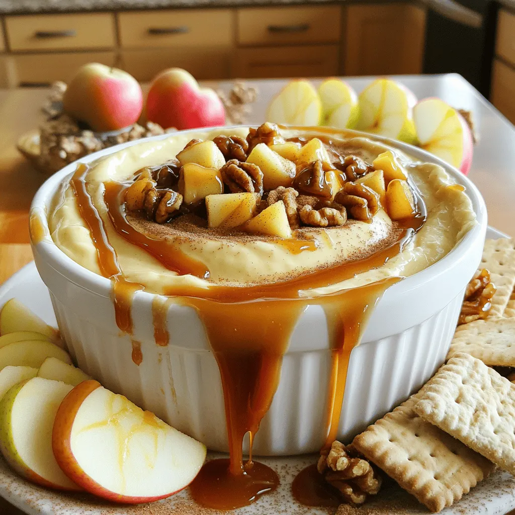 To make this tasty dip, you need: - 8 oz cream cheese, softened - 1/2 cup powdered sugar - 1 teaspoon vanilla extract - 1/2 cup sour cream - 1/2 cup caramel sauce, plus extra for drizzling - 1 large apple, diced (Granny Smith works best) These ingredients create a creamy, sweet base. The apple adds a nice crunch and tartness. The caramel sauce gives it that extra sweet kick. You can add more fun to your dip with: - 1/4 cup chopped walnuts or pecans - Cinnamon sugar for sprinkling Chopped nuts add a nice texture. Cinnamon sugar gives it a warm, sweet touch. Feel free to leave these out if you prefer a simpler dip. For the best taste, I recommend: - Philadelphia cream cheese for a rich flavor - Domino powdered sugar for sweetness - Any brand of caramel sauce you love Using quality brands really makes a difference. They enhance the flavor and texture of your dip. 1. Start by softening the cream cheese in a bowl. Use an electric mixer to beat it until smooth. 2. Add the powdered sugar slowly, mixing well until it blends in completely. 3. Pour in the vanilla extract and sour cream. Mix until the dip is light and fluffy. 4. Next, gently fold in the caramel sauce. This creates a lovely swirl in the dip. 5. If you like, fold in the diced apple and chopped nuts for extra crunch. 6. Transfer the dip to a serving bowl. Smooth the top with a spatula for a nice look. 7. Drizzle more caramel sauce on top. Sprinkling cinnamon sugar adds a tasty touch. 8. Serve with sliced apples, graham crackers, or pretzels for dipping. - Use room temperature cream cheese for easy mixing. - Mix slowly when adding powdered sugar to avoid a cloud of sugar. - When folding in ingredients, be gentle to keep the dip fluffy. - A spatula works well for folding without deflating the dip. - Use a colorful bowl to make the dip stand out. - Arrange sliced apples, crackers, and pretzels around the dip. - Drizzle extra caramel on the sides of the bowl for a beautiful look. - For a fun twist, serve the dip in small cups for individual portions. To get the best flavor, use soft cream cheese. It mixes smoothly and tastes great. Always add the powdered sugar slowly. This helps it blend well and keeps it fluffy. Use real vanilla extract for a rich taste. Granny Smith apples add a nice tartness to balance the sweet caramel. If you like nuts, add chopped walnuts or pecans. They give extra crunch and flavor. A drizzle of caramel and sprinkle of cinnamon sugar on top makes it look pretty too. Do not skip softening the cream cheese. Cold cream cheese will not mix well. Avoid adding too much caramel at once. It can make the dip too runny. If you want a thicker dip, fold in less caramel. Don’t forget to taste as you go! This way, you can adjust sweetness. Also, be careful not to overmix once you add the apples. You want to keep those nice chunks for a great texture. For a party, serve this dip with sliced apples, graham crackers, or pretzels. Arrange them nicely around the dip for a fun look. For a fall gathering, add some pumpkin spice to the mix. It gives a seasonal twist. If you have kids, cut the apples into fun shapes. They will love it! For a cozy night in, serve it with warm cinnamon sugar pita chips. This dip works well for any occasion, making it a true crowd-pleaser. {{image_2}} If you have dietary needs, you can still enjoy this dip. Use vegan cream cheese for a dairy-free version. You can swap sour cream with a dairy-free yogurt. For a sugar-free option, try using a sugar substitute in place of powdered sugar. This way, everyone can join the fun! Want to boost the flavor? Add a pinch of nutmeg or pumpkin spice. You can also mix in a tablespoon of lemon juice for a zesty kick. For a rich taste, fold in chocolate chips or toffee bits. These additions make the dip even more exciting! When it comes to dippers, think outside the box! Sliced pears or bananas work great. You can also use mini pretzels for a salty crunch. For a fun twist, serve with cookies or animal crackers. The options are endless, making each bite a surprise! To store leftover cheesecake dip, place it in an airtight container. Make sure to cover it well. This keeps it fresh and tasty. You can keep it in the fridge for up to three days. If you want to enjoy it later, remember to seal it tight. You can freeze this dip for longer storage. Use a freezer-safe container to keep it safe. Just scoop the dip into the container and seal it. When you want to eat it, take it out and let it thaw in the fridge overnight. Once thawed, stir it well before serving. The dip is best when fresh, but it can last. In the fridge, it stays good for about three days. To keep it tasting great, avoid letting it sit out too long. Serve it chilled for the best flavor. If you see any changes in color or smell, throw it out. Yes, you can make this dip ahead of time. Just mix all the ingredients and store it in the fridge. It stays fresh for about two days. If you want to serve it later, cover it tightly. This dip tastes great chilled or at room temperature. Just remember to add the caramel drizzle right before serving. You have many tasty options for dippers. Try these: - Sliced apples - Graham crackers - Pretzels - Vanilla wafers - Cinnamon sugar pita chips These dippers add a fun crunch to every bite. You can also use fruit skewers for easy serving. Yes, you can use light cream cheese or sour cream. This swap will still give you a tasty dip. The texture may be a bit different, but it will work. Just keep in mind that the flavor might be less rich than with full-fat versions. To adjust the sweetness, you can change the amount of powdered sugar. For less sweetness, cut down on the sugar by a few tablespoons. If you want it sweeter, add a little more. You can also add more caramel sauce for extra flavor. Just taste as you go to find your perfect balance. You learned about making Caramel Apple Cheesecake Dip with tasty ingredients and simple steps. I shared tips for mixing, serving, and storing so your dip stays fresh. Variations help you customize the recipe to fit your needs. Remember to avoid common pitfalls for the best flavor. Enjoy your dip at any gathering, and feel free to explore different serving options. This sweet and creamy treat can become a favorite at your table. Enjoy creating it with your loved ones!