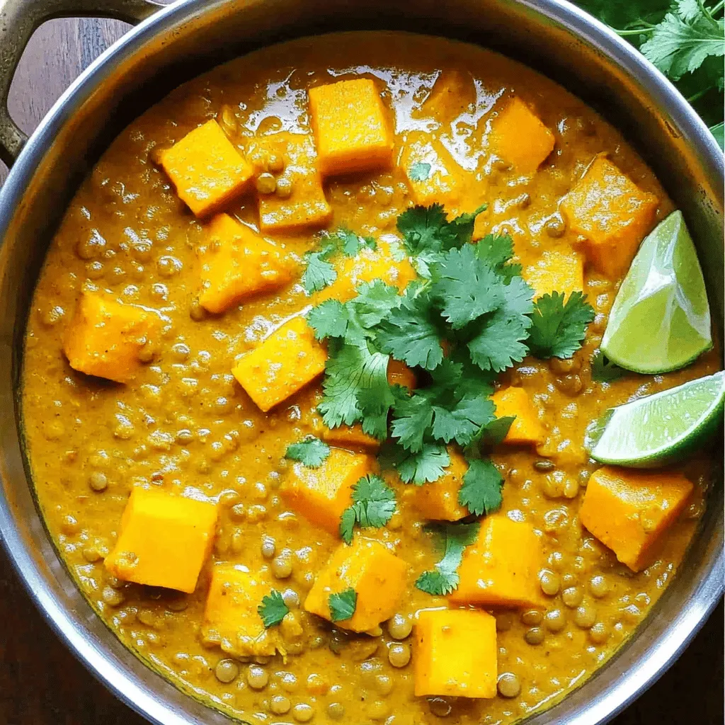 - 1 cup red lentils, rinsed - 2 cups pumpkin, peeled and cubed - 1 can (400 ml) coconut milk - 1 medium onion, finely chopped - 3 cloves garlic, minced - 1 inch ginger, grated For this dish, I love using red lentils. They cook quickly and have a nice texture. Pumpkin adds sweetness and creaminess. Coconut milk is rich and gives a lovely flavor. Onion, garlic, and ginger form the base of the curry, adding depth and warmth. - 1 tablespoon curry powder - 1 teaspoon turmeric - 1 teaspoon cumin - Salt and pepper to taste The spices make this dish shine. Curry powder brings a mix of flavors. Turmeric adds earthiness and a golden color. Cumin gives a warm, nutty taste. Don't forget salt and pepper to enhance all the flavors. - Fresh cilantro - Lime wedges Garnishing is key for a great finish. Fresh cilantro adds brightness. Lime wedges bring a zesty touch that balances the curry’s richness. You can add these right before serving for the best flavor. First, heat 2 tablespoons of olive oil in a large pot over medium heat. Then, add 1 finely chopped onion and sauté it for about 5 minutes. You want the onion to be soft and translucent. Next, add 3 minced garlic cloves and 1 inch of grated ginger. Cook them for 1 more minute until they smell amazing. Now, it’s time to spice things up! Stir in 1 tablespoon of curry powder, 1 teaspoon of turmeric, and 1 teaspoon of cumin. Cook these spices for about 30 seconds. This helps bring out their flavors, making your dish even better. Add 2 cups of cubed pumpkin and 1 cup of rinsed red lentils to the pot. Then, mix in 1 can of diced tomatoes and 2 cups of vegetable broth. Make sure everything is well combined. The colors should be vibrant and inviting. Bring this mixture to a boil, then reduce the heat to low. Cover the pot and let it simmer for 20 to 25 minutes. You want the lentils and pumpkin to be tender. Stir occasionally and add more broth or water if it looks too thick. Once the lentils and pumpkin are cooked, stir in 1 can of coconut milk. Let the curry simmer for another 10 minutes. This will help thicken it and give it a creamy texture. Season with salt and pepper to taste. Serve your curry hot. Garnish with fresh cilantro for a pop of color. You can also add lime wedges on the side. This adds a bright flavor that pairs well with the rich curry. Enjoy this tasty dish! To get the right texture, adjust the broth. If your curry feels too thick, add more broth. If it is too thin, let it simmer longer. This helps the flavors mix well. Stirring is key. Stir every few minutes while it cooks. This keeps the lentils and pumpkin from sticking to the pot. Want to spice things up? Try different spices! You can add garam masala for warmth or coriander for brightness. If you like heat, add chili flakes or fresh chopped chili. Start with a little, then add more if you want. This will give your curry an exciting kick. Choose the right pot for the best results. A heavy pot is great for simmering. It helps heat stay even. Use a wooden spoon or a sturdy spatula for easy stirring. These tools help mix the ingredients without damaging your pot. {{image_2}} You can easily make this dish vegan and gluten-free. The key ingredients are naturally plant-based. Use vegetable broth, which is already gluten-free. Check your coconut milk for any additives. This dish fits well into many diets. For low-carb alternatives, swap out lentils for cauliflower rice. Cauliflower gives a nice texture and keeps carbs low. It will change the flavor, but it stays delicious. You can also use zucchini noodles for a fresh twist. Different lentils add unique flavors and textures. Try using green or brown lentils instead of red. They take longer to cook but add a nice bite. You can also try yellow lentils for a slightly sweet taste. If you want to switch pumpkin, butternut squash works great. It has a similar texture and sweetness. Sweet potatoes can also be a tasty substitute. They blend well with the spices and make a hearty curry. Adding other vegetables can boost nutrition and flavor. Carrots, bell peppers, or spinach can work well. They cook quickly and add color. You can also toss in peas for a pop of sweetness. Incorporating proteins like chickpeas or chicken can enhance this dish. Chickpeas add more fiber and protein, making it heartier. If you prefer chicken, use diced breast or thighs. Cook them before adding to the curry for a full meal. To keep your Lentil & Pumpkin Coconut Curry fresh, store it in an airtight container. Make sure it cools down to room temperature first. Place it in the fridge right after. This helps lock in flavors and keep it safe. - Refrigeration Tips: Your curry lasts about 4-5 days in the fridge. Always check for coolness before sealing. - Freezing Recommendations: For longer storage, freeze in portions. Use freezer-safe containers or bags. It can last up to 3 months in the freezer. When reheating, aim for even warmth. This keeps the flavors intact and prevents burning. - Best Methods for Reheating Leftovers: Use a pot on the stove for best results. Heat on low, stirring gently. You can also use a microwave. Just cover it loosely and heat in short bursts. - Maintaining Flavor and Texture: Add a splash of vegetable broth or water if it seems thick. Stir well to revive the creamy texture. Knowing how long your curry lasts is key to enjoying it. Always check for signs before eating. - Duration for Refrigerated Leftovers: In the fridge, it stays good for about 4-5 days. - Signs of Spoilage: If you see mold or it has a sour smell, toss it out. Always trust your senses! The total cooking and prep time is 55 minutes. You spend 10 minutes prepping the ingredients. Then, you cook everything for about 45 minutes. This includes simmering the curry to let the flavors blend well. Yes, you can make this curry in advance. Prepare it a day or two ahead of time. Store it in the fridge in an airtight container. Reheat it on the stove or microwave when ready to serve. The flavors will develop even more, making it taste great! If you need a substitute for coconut milk, use almond milk or soy milk. You can also use heavy cream for a richer taste. Adjust the amount based on how creamy you want your curry to be. This dish is perfect for meal prepping! Portion out the curry into containers. It stores well in the fridge for up to five days. You can also freeze it for longer storage. Just make sure to let it cool before freezing. This blog post shared how to make a delicious Lentil and Pumpkin Coconut Curry. We explored the key ingredients like red lentils, pumpkin, and rich coconut milk. I provided steps on how to prepare and combine everything for a tasty meal. We also discussed helpful tips for adjusting flavors and textures. Remember, you can easily customize this dish to fit your diet. With proper storage, it can last for days. Enjoy making this simple and healthy curry at home! It's sure to satisfy your taste buds.