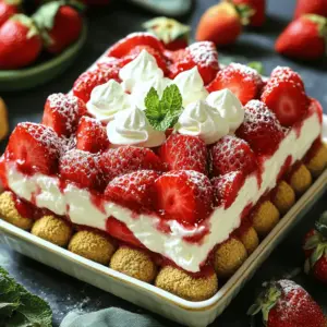 You need 2 cups of fresh strawberries. Make sure they are ripe and sweet. First, hull and slice them. Then, mix them with 2 tablespoons of granulated sugar. This helps bring out their juicy flavor. Let the strawberries sit for about 15 minutes. This step allows them to release their natural juices. The result is a sweet, syrupy topping that adds much flavor to the cake. For the creamy layer, you will need 1 cup of heavy whipping cream. This cream gives the cake its rich texture. Add 2 tablespoons of powdered sugar to sweeten it. You also need 1 teaspoon of vanilla extract for flavor. Beat these ingredients together with an electric mixer. Mix until soft peaks form. This means the cream should hold its shape but still be smooth. To hold everything together, use 1 package of graham crackers. You may need to break them to fit in your baking dish. This layer adds a nice crunch. Lastly, you can add a cup of whipped topping for garnish. Fresh mint leaves are a lovely touch too. They make the cake look pretty and add a fresh taste. These ingredients blend together to create a simple yet delicious dessert. Start by washing your strawberries. Remove the green tops and slice them into thin pieces. Place them in a medium bowl. Add two tablespoons of granulated sugar. Toss the strawberries gently until they are well coated. Let them sit for about 15 minutes. This will help the strawberries release their sweet juices. In a separate bowl, pour one cup of heavy whipping cream. Add two tablespoons of powdered sugar and one teaspoon of vanilla extract. Use an electric mixer to beat the cream mixture. Mix until soft peaks form. This means the cream should be fluffy but still hold its shape. Grab an 8-inch square baking dish. Start with a layer of graham crackers at the bottom. Break them into pieces if needed to cover the whole base. Next, spread a layer of the whipped cream over the crackers. Then, add a layer of your sugared strawberries. You can save a few strawberries for decoration if you'd like. Repeat these layers: graham crackers, whipped cream, and strawberries. Keep going until you use all your ingredients. Finish with a layer of whipped cream on top. Cover the dish with plastic wrap carefully. Place it in the fridge for at least four hours, or even overnight. This helps the flavors mix well and makes the cake firm. When you are ready to serve, you can add extra whipped topping and fresh mint leaves on top for a nice touch. Whipped cream adds great flavor and texture to your cake. Use heavy whipping cream for the best results. Start with cold cream to help it whip up faster. When you beat it, look for soft peaks. This means it has enough air to hold its shape. Adding powdered sugar gives it sweetness. A splash of vanilla makes it taste even better. Layering the cake is simple but key to its look and taste. Start with graham crackers to form the base. Make sure to break them to fit the dish. Then, spread a layer of whipped cream on top. Next, add a layer of your sweetened strawberries. Repeat these layers until you run out of ingredients. Finish with whipped cream on top for a nice look. You can add some sliced strawberries for decoration too. Refrigeration is important for this cake. It helps the flavors mix well. Cover the dish tightly with plastic wrap. Let it sit in the fridge for at least 4 hours, but overnight is best. This makes it firm and easy to cut. When serving, use a sharp knife to slice it neatly. Enjoy it cold for the best taste! {{image_2}} You can swap strawberries for other berries. Raspberries, blueberries, or blackberries work well. You might want to use a mix for a colorful touch. Mix and match for fun flavors. Just remember to adjust the sugar based on the berry's sweetness. For example, blueberries may need less sugar than strawberries. This adds a twist to your icebox cake. To make this dessert gluten-free, use gluten-free graham crackers. Many brands offer tasty options. Check the label for certified gluten-free products. You can also use crushed gluten-free cookies or almond flour. This keeps the cake light and fresh. Gluten-free variations taste just as good. Your guests won’t even notice the difference! If you love chocolate, add cocoa powder to the whipped cream. Mix in a few tablespoons to give it a rich flavor. You can also use chocolate graham crackers. This creates a chocolatey base. Layer fresh strawberries and chocolate cream. The combination is a dessert dream! It’s a fun twist on the classic strawberry shortcake. After you enjoy your strawberry shortcake icebox cake, you will have leftovers. Store them in an airtight container. This keeps the cake fresh for up to three days. If you leave it uncovered, it may dry out. Always use a tight lid for best results. Refrigeration is key for this cake. Make sure you place it in the coldest part of your fridge. Avoid opening the door often. The cold helps the layers set and keeps the cake firm. It also helps the flavors mix together well. If you need more time, it’s okay to keep it in the fridge for up to 24 hours before serving. You can freeze this cake if you want to keep it longer. First, cover it tightly with plastic wrap. Then, place it in a freezer-safe container. This method helps prevent freezer burn. The cake can last up to three months in the freezer. To serve, let it thaw in the fridge overnight. This makes it easy and tasty when you're ready to enjoy it again. The strawberry shortcake icebox cake lasts about 3 to 4 days in the fridge. Keep it covered with plastic wrap. After that, the layers may start to get soggy. I suggest enjoying it fresh for the best taste and texture. Yes, you can use frozen strawberries. Thaw them first and drain any extra juice. This will help keep your cake from getting too soggy. Frozen strawberries work well if fresh ones are not available. If you need a substitute for heavy whipping cream, you can use coconut cream. Chill a can of full-fat coconut milk, scoop the solid part, and whip it. You can also use a dairy-free whipped topping for a lighter option. Absolutely! This cake is great to make a day in advance. It needs time to chill and set, which helps the flavors blend. Just remember to cover it well and keep it in the fridge until you’re ready to serve. This blog post covers how to make a strawberry shortcake icebox cake. We explored fresh strawberries, whipped cream, and other key ingredients. You learned how to prep your strawberries, make whipped cream, and assemble the cake. We also shared tips for refrigeration and layering. Experiments with different berries or gluten-free options can change your cake. Remember to consider how to store leftovers for later. Now, you can enjoy this simple treat anytime!