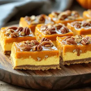 - 1 ½ cups graham cracker crumbs - ½ cup unsalted butter, melted - ¼ cup brown sugar - 16 oz cream cheese, softened - 1 cup pumpkin puree - ¾ cup sugar - 2 eggs - 1 teaspoon vanilla extract - 1 teaspoon ground cinnamon - ½ teaspoon ground nutmeg - ½ teaspoon ground ginger - 1 cup pecans, chopped - ½ cup caramel sauce (plus extra for drizzling) To make my caramel pecan pumpkin cheesecake bars, I gather my ingredients first. I love this step. It sets the stage for the fun ahead! I use graham cracker crumbs for the crust. They give a sweet crunch that pairs well with the creamy filling. Melting the unsalted butter helps stick the crumbs together. Brown sugar adds a nice depth to the crust. For the filling, I use softened cream cheese. It blends smoothly with pumpkin puree, creating a rich base. I add sugar to sweeten it up just right. Two eggs help the filling set while keeping it creamy. Next, I mix in vanilla extract and spices. Ground cinnamon, nutmeg, and ginger bring warmth and flavor. Finally, I fold in chopped pecans for a lovely crunch. The caramel sauce is the star. I drizzle it over the top after baking. This adds a sweet finish. Each bite of these bars is a mix of flavors and textures. You’ll want to share them, but you might not want to! 1. Preheat your oven to 350°F (175°C). This step is key. It helps the cheesecake bake evenly. 2. Line an 8x8-inch baking pan with parchment paper. Leave some overhang on the sides. This makes it easy to lift the bars out later. 3. In a medium bowl, mix 1 ½ cups of graham cracker crumbs, ½ cup of melted unsalted butter, and ¼ cup of brown sugar. Stir until the crumbs look like wet sand. 4. Press the crumb mixture firmly into the bottom of the pan. Make sure it is even. Bake for 10 minutes and then let it cool slightly. 1. In a large mixing bowl, beat 16 oz of softened cream cheese with an electric mixer. Mix until it is smooth. 2. Add in 1 cup of pumpkin puree, ¾ cup of sugar, 2 eggs, 1 teaspoon of vanilla extract, 1 teaspoon of ground cinnamon, ½ teaspoon of ground nutmeg, and ½ teaspoon of ground ginger. Mix until everything is well combined and creamy. 3. Stir in 1 cup of chopped pecans. Make sure they are evenly spread throughout the mixture. 1. Pour the cheesecake mixture over the cooled crust. Spread it evenly across the top. 2. Bake for 30-35 minutes. The edges should be set, but the center can still jiggle a little. This is fine. 3. Remove it from the oven and let it cool to room temperature. 4. Drizzle ½ cup of caramel sauce over the top. Refrigerate for at least 2 hours to firm up. 5. After chilling, lift the bars out of the pan using the parchment overhang. Cut them into squares. To make a firm and tasty crust, mix the graham cracker crumbs, melted butter, and brown sugar well. Press this mixture into the bottom of the pan using your fingers. Make sure it is even and compact. Bake it for ten minutes. This step sets the crust, so it holds up well. To know if the cheesecake is done, look for the edges. They should be firm while the center still jiggles slightly. It may seem undercooked, but it will firm up as it cools. Let it cool at room temperature before chilling. To boost the flavor, try adding more spices. You can mix in a pinch of ground cloves or allspice for a warm touch. You might also add a splash of maple syrup for extra sweetness. For a fun twist, use different nuts. Walnuts or almonds can replace pecans. You can also top the bars with chocolate chips or a sprinkle of sea salt for contrast. These small changes can make each bite extra special! {{image_2}} You can change the flavor of your cheesecake bars easily. For a twist, try using sweet potato puree instead of pumpkin. This gives a nice, sweet taste. You can also mix in chocolate or espresso to make a richer dessert. A bit of melted chocolate swirled into the filling adds depth. Espresso gives it a nice coffee kick. These options keep the bars exciting and new. If you want a different crust, consider using Oreo crumbs. They add a fun chocolate flavor. You can also make a nut-based crust using almonds or pecans. Just grind the nuts finely and mix them with melted butter. This gives a unique and tasty base for your cheesecake bars. Serving these bars can be fun! Pair them with a scoop of vanilla ice cream for extra creaminess. Whipped cream also works well on top. For a festive look, serve the bars on a rustic wooden platter. Add some extra pecans and a drizzle of caramel on top. This makes the dessert even more inviting and beautiful. To store leftover cheesecake bars, cover them tightly with plastic wrap or foil. You can also place them in an airtight container. This keeps them fresh and tasty. I recommend storing them in the fridge. The bars will stay good for about 4 to 5 days. After that, they may lose their flavor and texture. If you want to keep the cheesecake bars for longer, freezing is a great option. First, let the bars cool completely. Then, wrap them tightly in plastic wrap. Next, place them in a freezer-safe container or bag. This helps prevent freezer burn. You can freeze them for up to 3 months. When you're ready to enjoy them, thaw the bars in the fridge overnight. This way, they stay creamy and delicious. After thawing, you can drizzle some fresh caramel sauce on top for a special touch. Can I use store-bought crust instead? Yes, you can use a store-bought crust for this recipe. It saves time and effort. Look for a graham cracker crust in the baking aisle. Just make sure it fits your pan size. This allows you to focus on the creamy filling. Is there a way to make this recipe gluten-free? Absolutely! To make it gluten-free, use gluten-free graham cracker crumbs for the crust. You can find these at most grocery stores. Also, check your other ingredients for gluten-free labels to keep it safe. How can I adjust the sweetness of the cheesecake filling? You can tweak the sweetness by adding more or less sugar. Start with the full amount in the recipe. Taste the filling before baking. If you want it sweeter, add a bit more sugar. If it's too sweet, reduce it slightly. Best way to cut cheesecake bars To cut these bars neatly, use a sharp knife. Dip the knife in hot water, then wipe it dry. This helps make clean cuts. Cut the bars into squares for easy serving. Can these bars be made in advance? Yes, these cheesecake bars can be made ahead of time. They keep well in the fridge for up to five days. Make them a day or two early for a stress-free dessert. Just remember to drizzle the caramel sauce right before serving for extra flavor. In this post, we explored a delicious pumpkin cheesecake bars recipe. We covered the ingredients, preparation steps, baking tips, and variations. You learned how to enhance flavors and store your creation. These bars are a fun and tasty treat for any occasion. Try making them with your own twists to impress your guests. With simple adjustments, you can find the perfect taste for everyone. Enjoy your baking adventure with these pumpkin cheesecake bars!