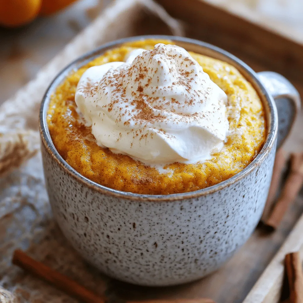 To create a delicious pumpkin spice latte mug cake, gather these key ingredients: - 4 tablespoons all-purpose flour - 2 tablespoons granulated sugar - 1/8 teaspoon baking powder - 1/8 teaspoon baking soda - 1/4 teaspoon pumpkin pie spice - 1/4 teaspoon ground cinnamon - 1/4 cup canned pumpkin puree - 2 tablespoons milk (dairy or non-dairy) - 1 tablespoon vegetable oil - 1/2 teaspoon vanilla extract These ingredients work together to make a soft, moist cake that is rich in flavor. You can make your mug cake even more special with a few toppings: - Whipped cream - A sprinkle of cinnamon - Chocolate shavings - Crushed nuts These add texture and extra flavor, making the cake feel more festive. If you need to swap out any ingredients, here are some options: - Use gluten-free flour instead of all-purpose flour. - Substitute coconut sugar for granulated sugar for a healthier choice. - Replace milk with almond or oat milk for a dairy-free option. - Use applesauce instead of vegetable oil for a lower-fat cake. These substitutions help you customize the mug cake to fit your dietary needs while keeping it tasty. Start by choosing a microwave-safe mug. This mug will hold all the goodness. In the mug, add: - 4 tablespoons all-purpose flour - 2 tablespoons granulated sugar - 1/8 teaspoon baking powder - 1/8 teaspoon baking soda - 1/4 teaspoon pumpkin pie spice - 1/4 teaspoon ground cinnamon Use a whisk to mix these dry ingredients. Whisk until there are no lumps. This step is key for a smooth cake. Now, it's time to add the wet ingredients. To your dry mix, add: - 1/4 cup canned pumpkin puree - 2 tablespoons milk (dairy or non-dairy) - 1 tablespoon vegetable oil - 1/2 teaspoon vanilla extract Stir everything together until you have a thick batter. Make sure there are no dry spots left. This batter is where the magic happens. Place your mug in the microwave. Cook it on high for about 1 minute and 30 seconds. Every microwave is different, so check the cake after one minute. It should feel set and springy. If it still looks wet, microwave it for another 10-15 seconds. After cooking, let it cool for a minute. Top with whipped cream and a sprinkle of cinnamon. Enjoy your tasty treat! To get the best texture, mix dry and wet ingredients well. This helps avoid lumps. Use a small whisk or fork to blend them smoothly. The batter should be thick but not dry. If it seems too thick, add a bit more milk. This adds moisture and makes your mug cake fluffy. Microwave power varies, so cooking times may differ. Start with 1 minute and 30 seconds. Check the cake by gently pressing the top. It should spring back when done. If it feels wet, heat it for 10 to 15 more seconds. Don't overcook, or it will dry out. Let it cool for a minute before serving; this helps the texture too. One common mistake is not mixing the batter enough. This can lead to uneven cooking. Also, using too much flour can make it dense. Always measure your ingredients accurately. Lastly, don’t skip the whipped cream! It adds a nice touch of creaminess and flavor. Enjoy your cozy mug cake! {{image_2}} If you want a gluten-free treat, use a gluten-free flour blend. Options like almond flour or coconut flour work well. Keep the same amount as the recipe states. This slight change gives you a great taste without gluten. The texture may be different, but it's still delicious! To make this mug cake vegan, swap out the milk for a non-dairy milk. Almond, soy, or oat milk are good choices. Use a plant-based oil, like coconut oil, instead of vegetable oil. For the egg, you can use 1 tablespoon of applesauce. It keeps the cake moist and tasty without any animal products. Want to add a twist? Mix in some chocolate chips or chopped nuts! Dark chocolate chips add a rich flavor. Use about 2 tablespoons for a nice surprise. Chopped walnuts or pecans add crunch and a nutty taste. Just fold them into the batter before microwaving. It’s a fun way to make this mug cake your own! To store your leftover mug cake, let it cool completely. Place it in an airtight container. Keep it at room temperature for one day. If you need to store it longer, refrigerate it. This helps keep the cake fresh and moist. When you want to enjoy your mug cake again, first take it out of the fridge. You can use the microwave to reheat. Heat it for about 10 to 15 seconds. Check if it's warm enough. If not, heat for a few more seconds. Avoid overheating, as it may dry out. The mug cake stays good for about two days at room temperature. In the fridge, it lasts about four days. For best taste, eat it fresh. If you notice any changes in smell or texture, toss it out. Always prioritize safety when it comes to food! Yes, you can bake this mug cake in the oven. Use a small baking dish instead of a mug. Preheat your oven to 350°F (175°C). Pour the batter into the dish and bake for about 15-20 minutes. Check for doneness with a toothpick. It should come out clean. If you don’t have pumpkin puree, try using applesauce. Mashed banana or sweet potato also works well. Each option adds flavor and moisture. Adjust spices to fit your choice. To make more mug cakes, multiply the ingredient amounts. Use a larger bowl to mix. You can use several mugs or a larger dish. Just remember to adjust the cooking time based on the size. Yes, adding coffee enhances the flavor. Replace some milk with brewed coffee. Use about 1 tablespoon of coffee for a nice kick. It boosts the pumpkin spice flavor, making it richer. This blog post covered how to make a tasty pumpkin spice latte mug cake. You learned about essential ingredients, fun toppings, and smart substitutions. I shared step-by-step instructions to guide you through mixing and cooking. We explored tips for texture and common mistakes to avoid. Plus, I offered tasty variations and storage tips. With this knowledge, you can enjoy your mug cake anytime and impress friends. Happy baking!