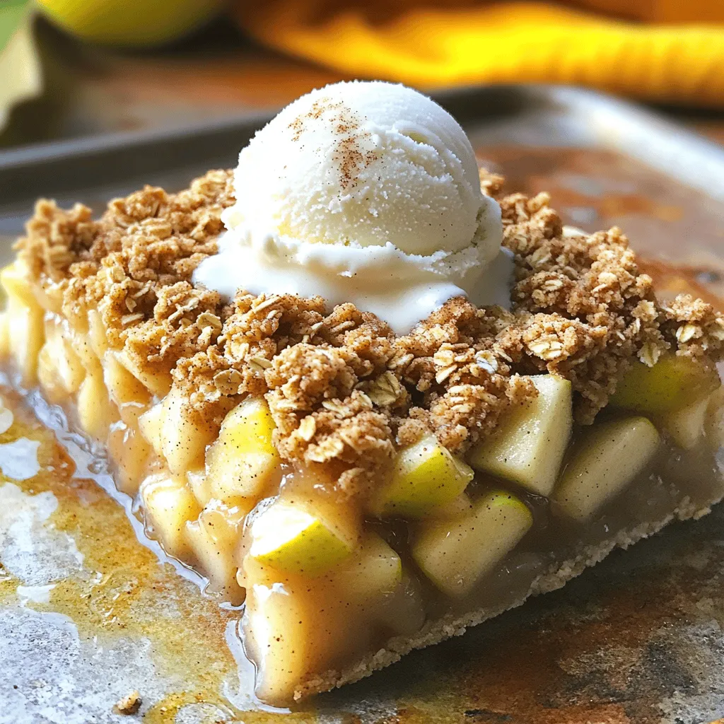 To make these tasty Warm Cinnamon Apple Crisp Bars, gather these simple ingredients: - 2 cups rolled oats - 1 cup all-purpose flour - 1/2 cup brown sugar - 1/2 cup granulated sugar - 1 teaspoon ground cinnamon - 1/2 teaspoon salt - 1/2 cup unsalted butter, melted - 2 cups Granny Smith apples, peeled, cored, and diced - 1 tablespoon lemon juice - 1 teaspoon vanilla extract - 1 tablespoon cornstarch These ingredients create a perfect balance of sweet and tart. The rolled oats give the bars a hearty texture. The Granny Smith apples add a nice tang. For this recipe, you will need a few key tools: - A 9x13 inch baking dish - Mixing bowls - A spoon for mixing - A measuring cup and spoons - A knife for chopping apples - An oven for baking These tools help you combine and bake your ingredients with ease. You can make your bars even better with some tasty toppings: - Vanilla ice cream on top - A sprinkle of extra cinnamon - Chopped nuts for crunch Serve the bars warm for the best taste. Pairing them with ice cream makes it a special treat. Enjoy! To start, preheat your oven to 350°F (175°C). This step is key for even baking. Next, grease a 9x13 inch baking dish. You can also use parchment paper for easy removal later. In a large bowl, combine 2 cups of rolled oats, 1 cup of all-purpose flour, 1/2 cup of brown sugar, 1/2 cup of granulated sugar, 1 teaspoon of ground cinnamon, and 1/2 teaspoon of salt. Mix these dry ingredients well. Then, pour in 1/2 cup of melted unsalted butter. Stir until the mixture looks crumbly. Set aside about 1 cup of this mixture for the topping. Press the rest firmly into the bottom of your prepared dish. This will be your crisp base. Now it's time to make the apple filling. In a separate bowl, take 2 cups of Granny Smith apples, which you should peel, core, and dice. Add 1 tablespoon of lemon juice to help keep the apples fresh. Then, mix in 1 teaspoon of vanilla extract and 1 tablespoon of cornstarch. Toss everything together until the apples are well coated. This mixture will add a nice sweet and tangy flavor to your bars. Spread the apple filling evenly over the oat crust in your baking dish. Make sure the apples are spread out well. Next, crumble the reserved oat mixture on top of the apples. This will create a delicious crispy layer. Now, pop the dish into the oven and bake for 25-30 minutes. Keep an eye on it! You want the top to turn golden brown and the apples to get tender. Once done, let the bars cool in the dish for about 10 minutes. Then, slice them into squares. Enjoy your warm cinnamon apple crisp bars! To make the oat mixture great, focus on texture. Use rolled oats, as they add chewiness. Combine them with flour, sugars, cinnamon, and salt. This mix brings out a warm, sweet flavor. When you pour in melted butter, mix until crumbly. This helps bind the bars. Remember to save about one cup for the topping. A good texture makes all the difference. Selecting the right apples is key. I love using Granny Smith apples for their tartness. They balance the sweetness of the sugars well. Toss the diced apples with lemon juice to brighten their flavor. Adding vanilla extract enhances the aroma. Cornstarch helps thicken the apple filling, making it less runny. This mix makes every bite flavorful and juicy. After baking, let the bars cool for about 10 minutes. This cooling time helps them set properly. Cut them into squares for easy serving. Warm bars taste best, especially with a scoop of vanilla ice cream. The cold cream melts slightly, creating a wonderful contrast. A sprinkle of cinnamon on top adds a nice touch. Enjoy these bars fresh for the best taste! {{image_2}} You can make these Warm Cinnamon Apple Crisp Bars gluten-free. Simply swap the all-purpose flour for a gluten-free blend. Most blends work well, but check for one that mimics regular flour. Ensure all other ingredients are also gluten-free. This way, everyone can enjoy this tasty treat! While apples are classic, feel free to mix it up! You can use pears, peaches, or even berries. Just remember to adjust the sugar based on the fruit's sweetness. For example, berries may need less sugar since they are sweet naturally. Experimenting with fruit can bring new flavors to your bars! Want to boost the flavor? Try adding nuts or oats for crunch. Walnuts or pecans work great in the topping. You can also add a hint of nutmeg or ginger for a warm spice twist. A splash of maple syrup can add extra sweetness too. These little changes can create a new taste every time! To keep your Warm Cinnamon Apple Crisp Bars fresh, store them in an airtight container. Place parchment paper between layers to avoid sticking. They can stay at room temperature for up to three days. If you want them to last longer, refrigerate them. They will stay good in the fridge for about a week. When you are ready to enjoy your bars again, preheat your oven to 350°F (175°C). Place the bars on a baking sheet. Heat them for about 10-15 minutes. This warms them up and makes them taste fresh again. You can also microwave a single bar for 20-30 seconds. Just keep an eye on it to avoid overheating. If you want to freeze the bars, first let them cool completely. Cut them into squares and wrap each one in plastic wrap. Then, place them in a freezer-safe bag or container. They can stay in the freezer for up to three months. When you want to eat them, thaw them in the fridge overnight. Reheat as needed for a warm treat. Yes, you can use other apples. I like Granny Smith for their tartness. You can try Honeycrisp, Fuji, or Gala apples. Each type adds its own flavor. Just pick apples you enjoy. These bars last about four days at room temperature. If you store them in the fridge, they can stay fresh for a week. Just make sure to keep them in an airtight container. Yes, you can make these bars ahead of time. They are great for meal prep. Just bake them and let them cool. Then cut and store them for later. You can use all-purpose flour instead of cornstarch. You can also use arrowroot powder. Both options work well to thicken the apple filling. Yes, you can make this recipe vegan. Use vegan butter in place of regular butter. You can also swap out the granulated sugar for coconut sugar. These changes keep the bars delicious and plant-based. You learned how to make apple crisp bars with simple steps. We covered key ingredients, tools, and tasty toppings. I shared tips on perfecting the oat mix and enhancing flavor. You also saw different fruit options and how to store leftovers. Experiment with this recipe and enjoy the sweet rewards. Try your favorite flavors and share with others. Now it’s time for you to bake these delicious bars and make memories!