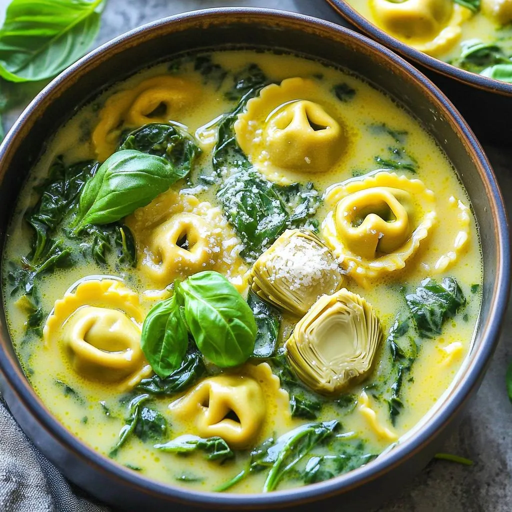 To make this tasty dish, gather these fresh ingredients: - 1 package (9 oz) refrigerated cheese tortellini - 1 can (14 oz) artichoke hearts, drained and quartered - 4 cups fresh spinach, roughly chopped - 2 cups vegetable broth - 1 cup heavy cream - 1 teaspoon garlic powder - 1 teaspoon onion powder - ½ cup grated Parmesan cheese - ½ cup cream cheese, cubed - Salt and pepper to taste - Crushed red pepper flakes (optional for spice) - Fresh basil leaves, for garnish Choosing the right brands can boost flavor. I recommend: - Tortellini: Look for brands like Buitoni or Rana for fresh taste. - Artichoke Hearts: Try Del Monte or Roland for good quality. - Broth: Swanson or Pacific Foods offer rich vegetable broth. - Cheese: Use Kraft or BelGioioso for creamy Parmesan and cream cheese. You can easily adapt this dish. Here are some swaps: - Tortellini: Use gluten-free tortellini if needed. - Heavy Cream: Substitute with coconut cream for a dairy-free option. - Parmesan Cheese: Nutritional yeast can replace Parmesan for a vegan version. - Spinach: Kale works well if you want to change the greens. These options keep the dish delicious while catering to different diets. Enjoy cooking! First, gather all your ingredients. You need: - 1 package (9 oz) refrigerated cheese tortellini - 1 can (14 oz) artichoke hearts, drained and quartered - 4 cups fresh spinach, roughly chopped - 2 cups vegetable broth - 1 cup heavy cream - 1 teaspoon garlic powder - 1 teaspoon onion powder - ½ cup grated Parmesan cheese - ½ cup cream cheese, cubed - Salt and pepper to taste - Crushed red pepper flakes (optional for spice) - Fresh basil leaves, for garnish Make sure you have a large pot ready. This is where all the magic happens! 1. Boil the Broth: Pour the vegetable broth into the pot. Set the heat to medium-high. Wait until it gently boils. This step takes about 3-5 minutes. 2. Cook the Tortellini: Add the cheese tortellini to the boiling broth. Cook them based on the package's instructions, usually around 3-5 minutes. They will float when done. 3. Add Veggies: Once the tortellini is cooked, toss in the artichoke hearts and chopped spinach. Let everything simmer for 2-3 minutes. The spinach should wilt nicely. 4. Make it Creamy: Lower the heat to medium. Pour in the heavy cream, and sprinkle in the garlic and onion powders. Add the grated Parmesan and cubed cream cheese. Stir until the cheese melts into a smooth sauce. 5. Season: Taste the mix. Sprinkle salt, pepper, and crushed red pepper flakes for heat. Stir well to blend all flavors. 6. Thicken the Sauce: Allow the mixture to simmer for another 2 minutes. This step helps the sauce thicken a bit. 7. Final Steps: Take the pot off the heat. Let it sit for a minute before serving. This waiting time helps the flavors meld. Scoop the tortellini into deep bowls. For a lovely look, garnish each bowl with fresh basil leaves. A sprinkle of Parmesan cheese adds a dash of flavor and color. If you like, drizzle some olive oil on top. This simple step makes the dish even more inviting! To achieve a smooth and creamy sauce, you need to stir well. The key is to melt the cheese fully. I recommend adding the cream cheese in small cubes. This helps it blend easily. The heavy cream also adds richness. If your sauce seems too thick, add a bit more vegetable broth. A splash will help thin it out without losing flavor. If you use fresh cheese tortellini, it cooks quickly, about 3-5 minutes. For frozen tortellini, increase the cooking time to about 6-8 minutes. Always check the package for exact times. Tortellini is done when it floats, so keep an eye on it. Overcooking can make it mushy. For more flavor, try adding herbs like thyme or oregano. Fresh basil can also brighten the dish. If you want heat, crushed red pepper flakes are great. Start with a small pinch and taste as you go. You can also add lemon zest for a zesty twist. The goal is to balance flavors that suit your taste. {{image_2}} You can easily make this dish vegetarian or vegan. To keep it vegetarian, just skip the cream cheese. Swap it for a plant-based cream cheese. Use nutritional yeast instead of Parmesan for a cheesy taste. For a vegan option, use plant-based tortellini. Many brands now offer vegan tortellini that tastes great. Replace heavy cream with coconut milk or a rich cashew cream. This way, everyone can enjoy it! Want to change up the taste? Try using different cheeses. Swap Parmesan for feta cheese for a tangy twist. You can also add sun-dried tomatoes for a pop of flavor. If you like heat, add jalapeños or a splash of hot sauce. For extra protein, toss in some cooked chicken or shrimp. These swaps can bring fun new flavors to your meal. Fresh veggies can make this dish shine. In spring, add peas or asparagus for a crisp bite. In summer, try cherry tomatoes for a sweet flavor burst. In fall, consider roasted butternut squash for warmth. Winter greens like kale or Swiss chard can also work well. Adding seasonal items keeps your dish fresh and exciting! After enjoying your One-Pot Spinach Artichoke Tortellini, store any leftovers in an airtight container. Let the dish cool down to room temperature before sealing it. This helps keep the flavors fresh. Store the container in the fridge for up to three days. If you want to keep it longer, consider freezing it. To reheat, place the tortellini in a pot over low heat. Add a splash of vegetable broth or cream to keep it moist. Stir often to prevent sticking. Heat until warm, usually about 5-7 minutes. You can also use a microwave. Place it in a microwave-safe dish, cover it loosely, and heat in 30-second intervals. Stir between each interval. You can freeze the One-Pot Spinach Artichoke Tortellini for up to two months. Portion it into freezer-safe containers or bags. Make sure to remove as much air as possible. Label each container with the date. To thaw, move it to the fridge overnight. Reheat it on the stove or in the microwave as mentioned above. Enjoy your meal later without losing flavor! Yes, you can use frozen tortellini. Just add a few extra minutes to the cooking time. Frozen tortellini cooks well in the broth. They will float to the top when done. This will give you the same great taste. You can serve this dish with a side salad for freshness. A simple green salad with lemon vinaigrette works well. Garlic bread is another tasty option. It’s great for soaking up the creamy sauce. You can also add some sautéed vegetables for extra color and nutrients. To make it spicier, add more crushed red pepper flakes. You can also use a spicy cheese or add jalapeños. For a milder dish, skip the red pepper. You can reduce the garlic powder too. Adjust the spices to match your taste. In this blog post, we explored the one-pot spinach artichoke tortellini recipe. We covered ingredients, cooking steps, and essential tips for the best results. You learned about brands for quality and smart substitutions for diets. Variations let you personalize the dish, and storage tips help keep leftovers fresh. As you try this recipe, remember to adjust for your taste. Enjoy creating variations that suit you! Happy cooking!