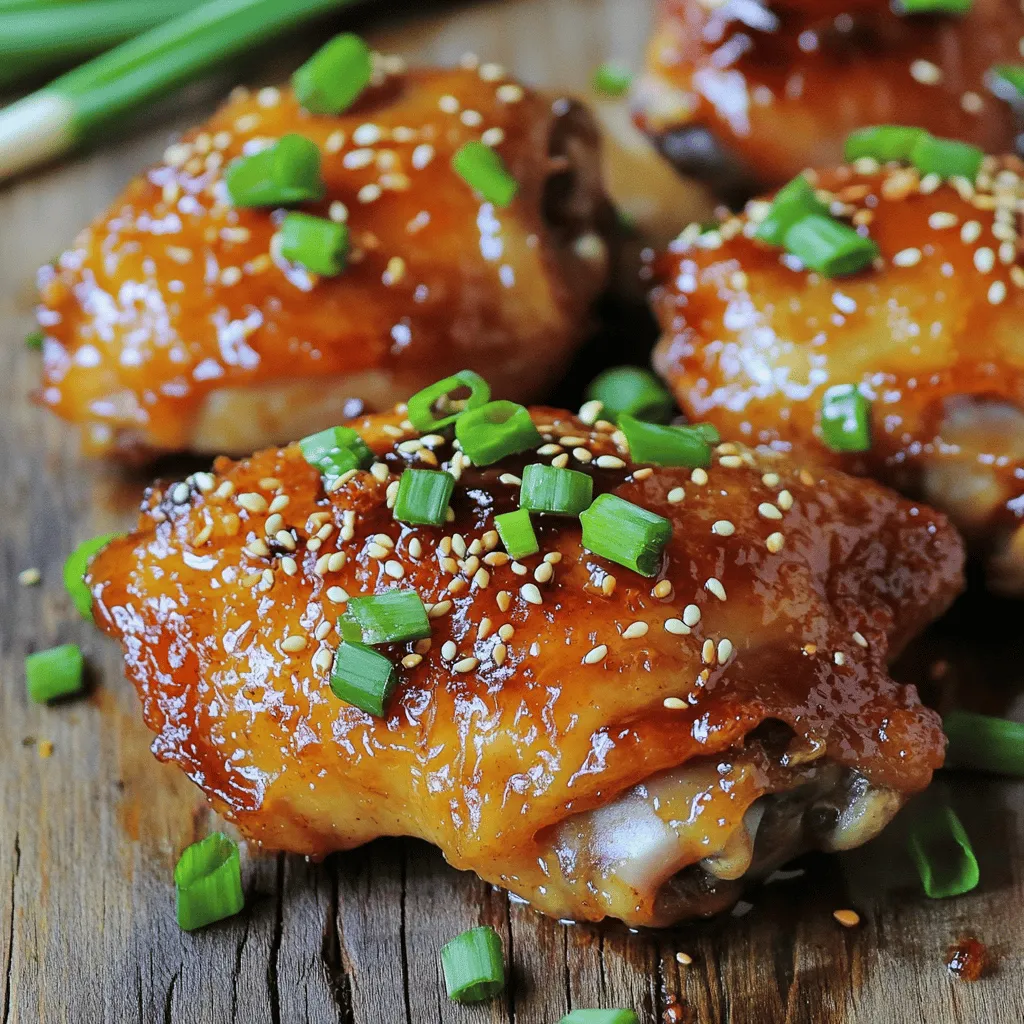 - 4 chicken thighs (bone-in, skin-on) - 1/4 cup honey - 3 tablespoons soy sauce - 3 cloves garlic, minced - 1 tablespoon fresh ginger, grated - 1 teaspoon red pepper flakes (adjust for spice level) - 1 tablespoon vegetable oil - Chopped green onions - Sesame seeds - Salt and pepper to taste The chicken thighs are the star of this dish. I love using bone-in, skin-on thighs. They stay juicy and get crispy in the oven. The honey adds sweetness, while soy sauce brings a savory touch. Garlic and ginger give a warm flavor that pairs well with the spices. Red pepper flakes let you control the heat. For garnishes, I suggest chopped green onions and sesame seeds. They add color and a nice crunch. Don’t forget to season the chicken with salt and pepper. It makes a big difference in taste. This simple list of ingredients makes a dish that is bold and satisfying. You’ll want to have these items ready for a great meal. To make the marinade, I mix honey, soy sauce, minced garlic, grated ginger, and red pepper flakes in a bowl. This blend gives the chicken its sweet and spicy kick. I recommend marinating the chicken thighs for at least 30 minutes. If you have time, let them sit for up to 2 hours in the fridge. This allows the flavors to soak in and makes the chicken taste amazing. Before cooking, I preheat my oven to 400°F (200°C). This step is key for even cooking. While the oven heats, I take the chicken thighs out of the marinade. I let the extra marinade drip off. Next, I pat the chicken skin dry with paper towels. This helps get that crispy skin. I then season both sides with salt and pepper to bring out the flavors. First, I sear the chicken thighs in an oven-safe skillet. I heat vegetable oil over medium-high heat. When the oil is hot, I place the chicken thighs skin-side down. I sear them for about 5-7 minutes until the skin is golden brown and crispy. Then, I flip the chicken and sear for another 2-3 minutes. After searing, I pour the reserved marinade over the chicken. I then transfer the skillet to the preheated oven. I bake the chicken for 25-30 minutes. The chicken is done when it reaches an internal temperature of 165°F (74°C). To make the chicken even tastier, I baste it halfway through baking. I brush it with the reserved marinade to give it a nice glaze. This step enhances the flavor and adds a beautiful shine to the dish. To get that crispy skin on your chicken thighs, start by drying the skin well. Use paper towels to remove any moisture. This helps the skin get golden and crunchy. Sear the chicken skin-side down in a hot skillet for about 5-7 minutes. This step is key for nice, crispy skin. If you want to adjust the spice level, use red pepper flakes. You can add more for extra heat or less for a milder taste. Marinating chicken is essential for deep flavor. Mix honey, soy sauce, minced garlic, grated ginger, and red pepper flakes in a bowl. Pour this over your chicken thighs in a shallow dish. Cover and let it marinate for at least 30 minutes. For even better flavor, marinate for up to 2 hours in the fridge. This gives the chicken time to soak up all the tasty goodness. When serving your spicy honey garlic chicken, think about side dishes that match well. Rice or roasted veggies work great. A cool salad can balance the spice too. For drinks, try a light beer or sparkling water with lemon. To make your plate look nice, garnish with chopped green onions and sesame seeds. This adds color and makes your dish pop! {{image_2}} You can switch things up by using boneless chicken thighs. This makes cooking faster. Boneless thighs cook quicker and are easier to eat. You can also try substituting honey with maple syrup. This gives a different taste, but still sweet and sticky. To adjust spice levels, use different peppers. You might like jalapeños or serrano peppers for more heat. You can also add herbs like thyme or rosemary. These add a nice, fresh flavor to the dish. You can grill the chicken for a smoky flavor. Grilling gives a nice char and adds depth. Baking is also great and keeps the chicken juicy. If you want a hands-off method, try the slow cooker. Just set it and forget it until dinner time! To store leftovers, place chicken thighs in a shallow, airtight container. This keeps them fresh. You can also wrap them tightly in plastic wrap or foil. With proper storage, the chicken lasts about 3 to 4 days in the fridge. To freeze cooked chicken, let it cool to room temperature. Then, wrap each thigh in plastic wrap. Place the wrapped thighs in a freezer-safe bag or container. Remove as much air as possible to prevent freezer burn. Frozen chicken can last for up to 3 months. When you're ready to eat, thaw the chicken in the fridge overnight. This keeps it safe and tasty. You can also use the microwave for quicker thawing, but it might change the texture a bit. The best way to reheat chicken without losing moisture is in the oven. Preheat the oven to 350°F (175°C). Place the chicken in a baking dish and add a splash of chicken broth or water. Cover it with foil to keep the moisture in. Heat for about 15-20 minutes or until the chicken is hot throughout. You can also use a microwave, but it might dry out the chicken faster. Using lower power settings helps keep it juicy. You can serve spicy honey garlic chicken thighs with many tasty sides. Here are some great options: - Steamed rice: It soaks up the sauce well. - Roasted vegetables: Try broccoli or carrots for color. - Coleslaw: The crunch adds a fun texture. - Mashed potatoes: Creamy potatoes balance the spice. - Quinoa salad: This adds a healthy twist. These sides make a perfect plate. They enhance the meal's taste and look. Yes, you can use other cuts. While chicken thighs are best, here are some alternatives: - Chicken breasts: Use skin-on for juiciness. - Chicken drumsticks: They are fun and flavorful. - Boneless thighs: They cook faster and are easy to manage. Each cut brings a unique taste. Just adjust cooking times as needed. To check if chicken is cooked, use a meat thermometer. The safe internal temperature is 165°F (74°C). Here’s how to check: - Insert the thermometer into the thickest part of the chicken. - Avoid touching the bone for an accurate reading. If you don't have a thermometer, cut into the chicken. The juices should run clear, not pink. Yes, this recipe is great for meal prep. Here are some tips: - Marinate the chicken up to 2 hours ahead. This boosts flavor. - Cook the chicken and let it cool completely. - Store leftovers in an airtight container for up to 3 days. You can also freeze cooked chicken. Just thaw and reheat when ready to eat. In this article, we explored the joy of making spicy honey garlic chicken thighs. We discussed essential ingredients like chicken thighs, honey, and soy sauce. You learned marinating tips and cooking techniques to bring out the best flavors. We also shared variation ideas and how to store leftovers. Remember, cooking is about experimenting and enjoying your food. Try different spices and methods to find your perfect recipe. Keep your kitchen adventurous!