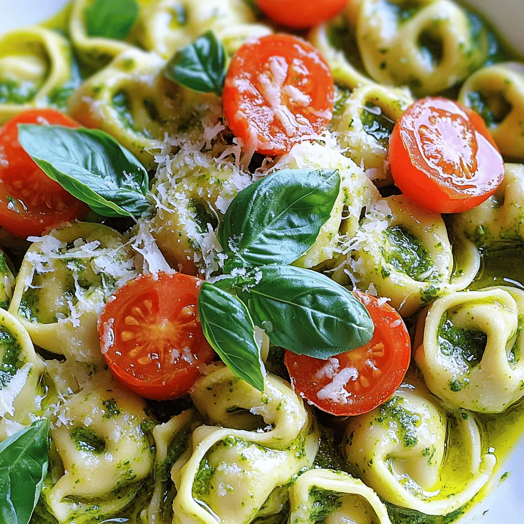 - 12 oz cheese tortellini (fresh or frozen) - 1 cup basil pesto (store-bought or homemade) - ½ cup heavy cream - 1 cup cherry tomatoes, halved - ¼ cup grated Parmesan cheese - 2 tablespoons olive oil - Salt and pepper to taste - Fresh basil leaves for garnish I love making Minute Creamy Pesto Tortellini. This dish is simple yet packed with flavor. First, you need fresh or frozen cheese tortellini. This soft pasta is filled with cheese, which makes it perfect. You can find it in most grocery stores. Next, grab some basil pesto. You can buy it or make your own. Pesto adds a fresh taste that shines in this dish. The heavy cream is the key to the creamy sauce. It makes everything rich and smooth. For a pop of color and flavor, add some halved cherry tomatoes. They bring a nice sweetness to the meal. Parmesan cheese adds a salty, nutty touch. It melts into the sauce and makes it even better. Don't forget the olive oil. It helps cook the tomatoes and adds a nice flavor. Season with salt and pepper to make it all come alive. Finally, fresh basil leaves make a lovely garnish. They not only look great but also enhance the taste. With these ingredients, you’re all set to create a dish that impresses family and friends. - Bring a large pot of salted water to a boil. - Add 12 oz of cheese tortellini to the pot. - Cook tortellini according to package instructions, about 3-5 minutes for fresh. - In a separate pan, heat 2 tablespoons of olive oil over medium heat. - Sauté 1 cup of halved cherry tomatoes for 2-3 minutes until soft. - Add 1 cup of basil pesto and ½ cup of heavy cream to the pan. - Drain the cooked tortellini and add it to the sauce mixture. - Toss gently to coat the tortellini with the creamy sauce. - Stir in ¼ cup of grated Parmesan cheese and season with salt and pepper. - Serve immediately, garnished with fresh basil leaves. To get the right sauce thickness, use reserved pasta water. When you drain the tortellini, save some of that water. Just add a little at a time to your sauce. This water helps to thicken the sauce without making it too heavy. Heating the sauce gently is key. If it gets too hot, the cream may curdle. So, keep the heat low and stir often. This way, you will keep the sauce smooth and creamy. You can boost the taste by adding spices. A pinch of red pepper flakes gives a nice kick. Garlic powder or onion powder also adds depth. Try them out to find your favorite mix! Using fresh herbs can add a bright taste. Chopped parsley or extra basil can make a big difference. Toss them in right at the end for a fresh burst of flavor. Store-bought pesto is quick and easy. However, homemade pesto tastes richer. If you have time, blend fresh basil, garlic, nuts, Parmesan, and olive oil for a delicious result. If you prefer store-bought, look for brands that use high-quality ingredients. Some great options include Classico and Barilla. These brands keep the flavor fresh without too many additives. {{image_2}} You can easily change the protein in this dish. Grilled chicken and shrimp work well. They add a nice texture and flavor. Just cook them separately and mix them in at the end. If you want a vegetarian option, try adding chickpeas. They are filling and add protein without meat. Simply add the chickpeas when you combine the tortellini and sauce. Cherry tomatoes are tasty, but you can swap them for other veggies. Try bell peppers or zucchini for a different taste. Seasonal vegetables like asparagus or spinach also work great. Just sauté them along with the other ingredients. This will keep the dish fresh and colorful, and you can use what you have on hand. If you want a dairy-free dish, there are easy swaps. Use vegan cream instead of heavy cream. It makes the sauce just as creamy. Nutritional yeast is another great choice. It gives a cheesy flavor without using cheese. Stir it into the sauce for that rich taste you love. These options let everyone enjoy this creamy pesto tortellini. To store leftover tortellini, place it in an airtight container. Make sure to let it cool down first. You can keep it in the fridge for up to three days. When ready to eat, check for any signs of spoilage before reheating. Freezing creamy pesto tortellini is easy. First, let it cool completely. Then, transfer the tortellini to a freezer-safe bag or container. Label it with the date. You can freeze it for up to three months. When you are ready to enjoy it, take out the portion you want. To reheat frozen tortellini, let it thaw in the fridge overnight. This helps it heat evenly. You can also reheat it straight from the freezer but add a few extra minutes to the cooking time. For the best reheating methods, you have a few options. You can use the microwave, stovetop, or oven. If using the microwave, heat it in short intervals. Stir it often to avoid hot spots. When reheating on the stovetop, add a splash of water or cream to keep it moist. If using the oven, cover it with foil to prevent drying out. Always check to avoid overcooking, which can make the tortellini mushy. Enjoy your meal! Yes, you can use dry tortellini. However, the cooking time will change. Dry tortellini usually takes about 10-12 minutes to cook. Make sure to follow the package instructions. Check for doneness by tasting a piece. If you need to, add a bit more water to the pot to keep it from sticking. You can find gluten-free tortellini made from rice or chickpeas. Brands like Banza and Tinkyada offer great options. Look for them in your local grocery store or online. Always check the label to ensure they are truly gluten-free. You can use half-and-half or whole milk for a lighter sauce. Coconut cream is another option for a dairy-free choice. If you want a creamy texture, try blending silken tofu with a splash of almond milk. This gives a nice taste without the extra fat. This blog post guides you through making creamy pesto tortellini. You learned the main ingredients, from cheese tortellini to fresh basil, and how to cook them perfectly. I shared helpful tips for enhancing flavors and offered variations for proteins and vegetables. You also discovered storage and reheating tricks. Cooking should be fun and easy. With this recipe, dinner can be both quick and delicious. Enjoy your creamy pesto tortellini and make it your own!