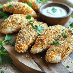 - 1 pound chicken tenders - 1 cup panko breadcrumbs - 2 tablespoons everything bagel seasoning - 1/2 cup all-purpose flour - 2 large eggs, beaten - Cooking spray - Salt and pepper For this recipe, I use fresh chicken tenders. They stay juicy and tender when cooked. Panko breadcrumbs give the tenders a great crunch. I really like adding everything bagel seasoning because it brings a fun flavor. You can find this seasoning in most grocery stores. I use all-purpose flour for the first coat. This helps the egg stick well to the chicken. Beating the eggs is key. It makes sure the chicken gets a nice layer. Don't skip the cooking spray! It helps the chicken turn golden brown and crispy. I always add salt and pepper to taste. It brings out the chicken's flavor. You can also adjust the seasoning if you want more or less salt. First, you need to preheat your air fryer. Set it to 400°F (200°C). This step helps the chicken tenders cook evenly. While the air fryer heats up, prepare your flour mixture. In a shallow dish, mix the all-purpose flour with a pinch of salt and pepper. This adds flavor to your chicken. Now it’s time to coat the chicken tenders. Start by dipping each tender into the flour mixture. Make sure to shake off any extra flour. Next, dip the floured chicken into the beaten eggs. This helps the panko stick well. After that, place the chicken in the panko mixture. You should also add the everything bagel seasoning here. Press down lightly to ensure the chicken is well-coated. Repeat this process for all the tenders until they are all ready. Once coated, place the chicken tenders in a single layer in the air fryer basket. Do not crowd them. This allows hot air to circulate around each piece. Lightly spray the tenders with cooking spray. This will help them get extra crispy. Now, cook them at 400°F (200°C) for 10-12 minutes. Flip them halfway through for even cooking. Check that the internal temperature reaches 165°F (75°C) to ensure they are safe to eat. When they are golden brown and cooked through, remove them from the air fryer and let them cool slightly before serving. To get that perfect crunch, using cooking spray is key. It helps the coating crisp up nicely. I spray a light coat on each chicken tender before cooking. This small step can make a big difference. Flipping the chicken tenders halfway through cooking is also important. This ensures even browning. I use tongs to turn them gently. It helps keep that crispy coat intact. Always check the internal temperature of the chicken. It should reach 165°F (75°C) for safety. A meat thermometer can help you with this. Avoid overcrowding the air fryer. If you add too many, they won’t cook evenly. I like to cook in batches to keep everything crispy and juicy. Pair these chicken tenders with your favorite dipping sauces. Ranch, honey mustard, or barbecue sauce work great. For a complete meal, add some side dishes. Serve with a fresh salad or crispy fries. These will complement the flavors well. Enjoy! {{image_2}} You can change up the seasonings for fun. Try using taco seasoning for a zesty twist. You can also use ranch seasoning for a creamy flavor. If you don't have chicken tenders, chicken breasts work great too. Just cut them into strips. This gives you more options for your meal. If you need a gluten-free meal, swap regular breadcrumbs for gluten-free panko. You can find this in most stores now. For flour, use almond flour or coconut flour. Both work well and keep the tenders crispy. Want to amp up the flavor? Add shredded cheese, like cheddar or mozzarella, to the panko. It melts nicely and adds a rich taste. For a spicy kick, mix in some hot sauce or cayenne pepper. This gives your tenders a nice heat that pairs well with the everything bagel seasoning. After you enjoy your air fryer everything bagel chicken tenders, store any leftovers in an airtight container. This keeps them fresh and tasty. Place the container in the fridge. They stay good for about three days. To prevent sogginess, avoid stacking tenders on top of each other. Use parchment paper between layers if needed. To reheat and keep the crispiest texture, use your air fryer again. Preheat the air fryer to 350°F (175°C). Place the chicken tenders in a single layer. Heat them for about 5-7 minutes. This method revives the crunch. You can also use an oven. Set it to 375°F (190°C) and bake for about 10-12 minutes. You can freeze the chicken tenders if you have extras. Let them cool down first. Then, wrap each tender in plastic wrap. Place them in a freezer-safe bag or container. Label it with the date. They can stay frozen for up to three months. When ready to eat, thaw them in the fridge overnight. Reheat as mentioned above for the best results. Yes, you can use regular breadcrumbs. However, panko gives a better crunch. Panko is lighter and flakier than regular breadcrumbs. This lightness helps the chicken tenders stay crisp. Regular breadcrumbs may create a denser coating. For the best results, I suggest sticking with panko. Many sauces go well with these chicken tenders. Here are some tasty options: - Creamy ranch dressing - Honey mustard - Spicy sriracha mayo - Classic barbecue sauce - Sweet chili sauce These sauces will add extra flavor and fun to your meal. These chicken tenders will last about 3 to 4 days in the fridge. Store them in an airtight container. This keeps them fresh and safe to eat. For the best taste, enjoy them within the first few days. If you want to save them longer, consider freezing. This blog post detailed making crispy chicken tenders in the air fryer. You learned about the key ingredients, like chicken and panko, and the simple process for preparing and cooking them. Remember, using cooking spray and flipping the tenders gives you the best crispiness. You can switch up ingredients for different flavors, and storage tips keep leftovers fresh. With these tips, you can create a tasty meal. Enjoy experimenting with your air fryer and serving these delicious tenders to family and friends!