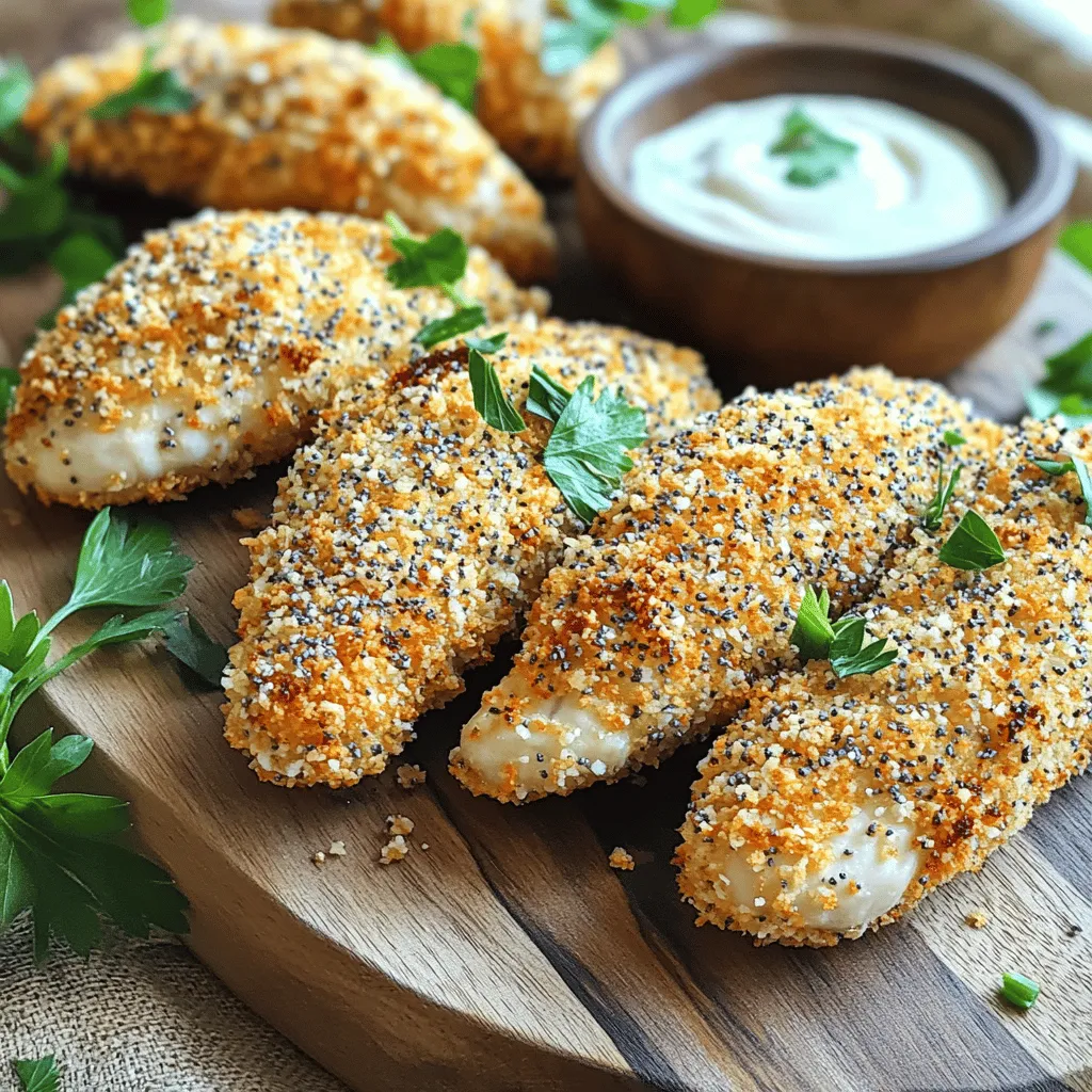 - 1 pound chicken tenders - 1 cup panko breadcrumbs - 2 tablespoons everything bagel seasoning - 1/2 cup all-purpose flour - 2 large eggs, beaten - Cooking spray - Salt and pepper For this recipe, I use fresh chicken tenders. They stay juicy and tender when cooked. Panko breadcrumbs give the tenders a great crunch. I really like adding everything bagel seasoning because it brings a fun flavor. You can find this seasoning in most grocery stores. I use all-purpose flour for the first coat. This helps the egg stick well to the chicken. Beating the eggs is key. It makes sure the chicken gets a nice layer. Don't skip the cooking spray! It helps the chicken turn golden brown and crispy. I always add salt and pepper to taste. It brings out the chicken's flavor. You can also adjust the seasoning if you want more or less salt. First, you need to preheat your air fryer. Set it to 400°F (200°C). This step helps the chicken tenders cook evenly. While the air fryer heats up, prepare your flour mixture. In a shallow dish, mix the all-purpose flour with a pinch of salt and pepper. This adds flavor to your chicken. Now it’s time to coat the chicken tenders. Start by dipping each tender into the flour mixture. Make sure to shake off any extra flour. Next, dip the floured chicken into the beaten eggs. This helps the panko stick well. After that, place the chicken in the panko mixture. You should also add the everything bagel seasoning here. Press down lightly to ensure the chicken is well-coated. Repeat this process for all the tenders until they are all ready. Once coated, place the chicken tenders in a single layer in the air fryer basket. Do not crowd them. This allows hot air to circulate around each piece. Lightly spray the tenders with cooking spray. This will help them get extra crispy. Now, cook them at 400°F (200°C) for 10-12 minutes. Flip them halfway through for even cooking. Check that the internal temperature reaches 165°F (75°C) to ensure they are safe to eat. When they are golden brown and cooked through, remove them from the air fryer and let them cool slightly before serving. To get that perfect crunch, using cooking spray is key. It helps the coating crisp up nicely. I spray a light coat on each chicken tender before cooking. This small step can make a big difference. Flipping the chicken tenders halfway through cooking is also important. This ensures even browning. I use tongs to turn them gently. It helps keep that crispy coat intact. Always check the internal temperature of the chicken. It should reach 165°F (75°C) for safety. A meat thermometer can help you with this. Avoid overcrowding the air fryer. If you add too many, they won’t cook evenly. I like to cook in batches to keep everything crispy and juicy. Pair these chicken tenders with your favorite dipping sauces. Ranch, honey mustard, or barbecue sauce work great. For a complete meal, add some side dishes. Serve with a fresh salad or crispy fries. These will complement the flavors well. Enjoy! {{image_2}} You can change up the seasonings for fun. Try using taco seasoning for a zesty twist. You can also use ranch seasoning for a creamy flavor. If you don't have chicken tenders, chicken breasts work great too. Just cut them into strips. This gives you more options for your meal. If you need a gluten-free meal, swap regular breadcrumbs for gluten-free panko. You can find this in most stores now. For flour, use almond flour or coconut flour. Both work well and keep the tenders crispy. Want to amp up the flavor? Add shredded cheese, like cheddar or mozzarella, to the panko. It melts nicely and adds a rich taste. For a spicy kick, mix in some hot sauce or cayenne pepper. This gives your tenders a nice heat that pairs well with the everything bagel seasoning. After you enjoy your air fryer everything bagel chicken tenders, store any leftovers in an airtight container. This keeps them fresh and tasty. Place the container in the fridge. They stay good for about three days. To prevent sogginess, avoid stacking tenders on top of each other. Use parchment paper between layers if needed. To reheat and keep the crispiest texture, use your air fryer again. Preheat the air fryer to 350°F (175°C). Place the chicken tenders in a single layer. Heat them for about 5-7 minutes. This method revives the crunch. You can also use an oven. Set it to 375°F (190°C) and bake for about 10-12 minutes. You can freeze the chicken tenders if you have extras. Let them cool down first. Then, wrap each tender in plastic wrap. Place them in a freezer-safe bag or container. Label it with the date. They can stay frozen for up to three months. When ready to eat, thaw them in the fridge overnight. Reheat as mentioned above for the best results. Yes, you can use regular breadcrumbs. However, panko gives a better crunch. Panko is lighter and flakier than regular breadcrumbs. This lightness helps the chicken tenders stay crisp. Regular breadcrumbs may create a denser coating. For the best results, I suggest sticking with panko. Many sauces go well with these chicken tenders. Here are some tasty options: - Creamy ranch dressing - Honey mustard - Spicy sriracha mayo - Classic barbecue sauce - Sweet chili sauce These sauces will add extra flavor and fun to your meal. These chicken tenders will last about 3 to 4 days in the fridge. Store them in an airtight container. This keeps them fresh and safe to eat. For the best taste, enjoy them within the first few days. If you want to save them longer, consider freezing. This blog post detailed making crispy chicken tenders in the air fryer. You learned about the key ingredients, like chicken and panko, and the simple process for preparing and cooking them. Remember, using cooking spray and flipping the tenders gives you the best crispiness. You can switch up ingredients for different flavors, and storage tips keep leftovers fresh. With these tips, you can create a tasty meal. Enjoy experimenting with your air fryer and serving these delicious tenders to family and friends!