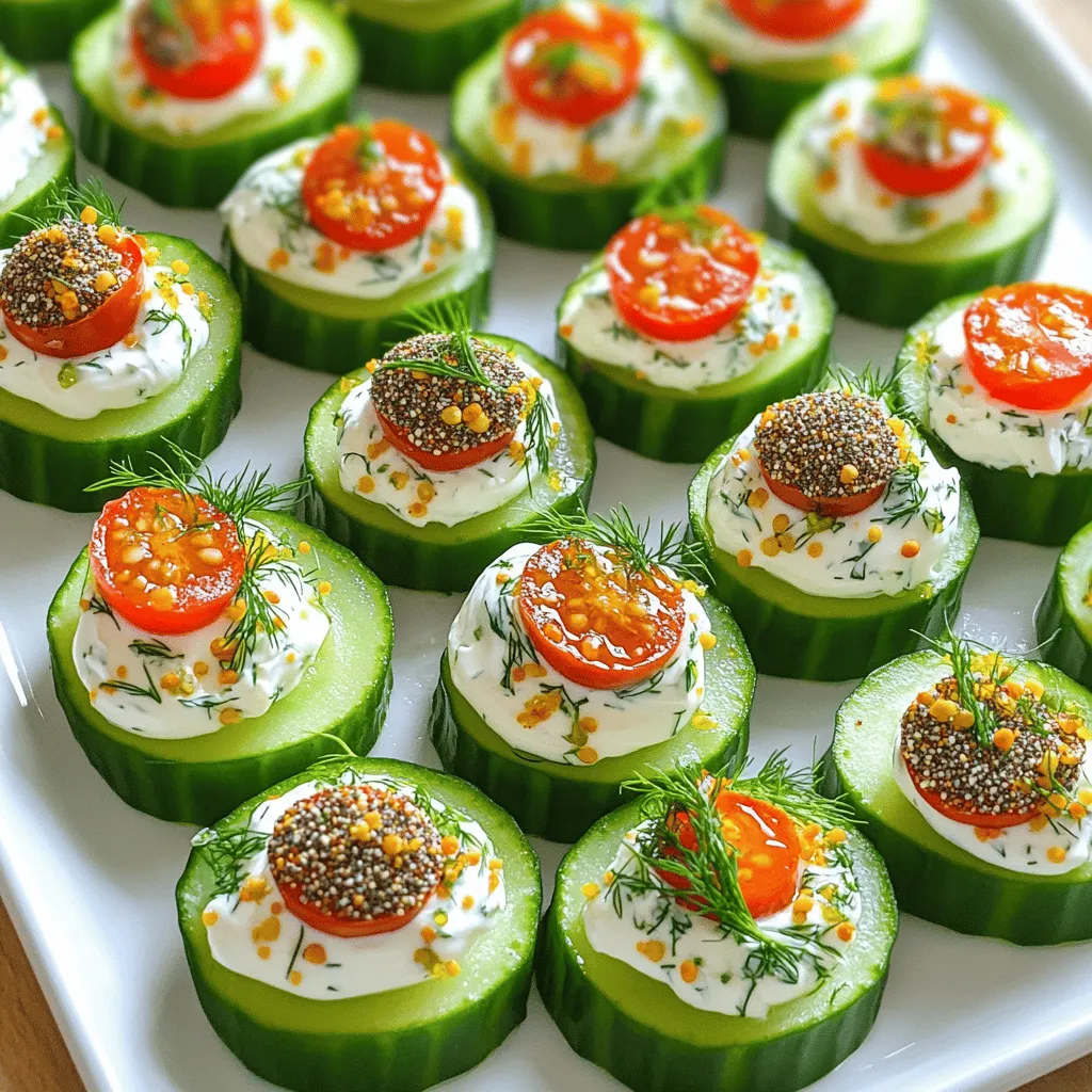 - 1 large cucumber - 4 oz cream cheese, softened - 1 tablespoon sour cream - 1 tablespoon fresh dill, chopped - 2 teaspoons lemon juice - 1/4 teaspoon garlic powder - 1/4 teaspoon onion powder - Everything bagel seasoning (to taste) - Cherry tomatoes, halved (for garnish) The key to making Everything Bagel Cucumber Bites is fresh, simple ingredients. You need a large cucumber as your base. This veggie adds crunch and keeps the bites light. Next, you’ll use cream cheese, which gives a rich and creamy texture. Softened cream cheese blends well with sour cream. Sour cream adds tanginess to the mix. Fresh dill is vital. It brightens the dish and adds herbal notes. Lemon juice gives a fresh zing. Garlic powder and onion powder add depth and flavor. Everything bagel seasoning brings it all together with its mix of seeds and salt. Finally, you’ll use cherry tomatoes for garnish. They add color and sweetness. - Calories per serving: Approximately 50 calories - Macronutrient breakdown: - Fat: 4g - Carbohydrates: 3g - Protein: 1g These bites are not just tasty; they are also light and healthy. With about 50 calories per serving, they fit well in most diets. The low carbs make them great for snacking. The fat comes mainly from the cream cheese, which keeps them creamy and satisfying. Enjoy these bites without guilt! - Cutting the cucumber Start by washing the large cucumber. Cut it into 1-inch thick slices. This size is perfect for topping. Place the slices on a serving platter. - Making the cream cheese mixture In a mixing bowl, add 4 oz of softened cream cheese. Then, mix in 1 tablespoon of sour cream. Add 1 tablespoon of fresh dill, chopped. Squeeze in 2 teaspoons of lemon juice. Now, sprinkle in 1/4 teaspoon of garlic powder and onion powder. Mix everything until it's smooth and creamy. - Assembling the cucumber bites Take a spoon or piping bag and fill each cucumber slice with the cream cheese mixture. Be generous! After that, sprinkle everything bagel seasoning on top. Finally, place a halved cherry tomato on each bite for color and taste. - Presentation tips Arrange the cucumber bites on a colorful platter. Add some fresh herbs around them for a pop of green. This makes your dish look extra special. - Pairing ideas with dips or drinks Serve these bites with a tasty dip, like tzatziki or hummus. They also pair well with sparkling water or a light white wine. These drinks enhance the fresh flavors of the cucumber bites. For this recipe, I recommend using English cucumbers. They are long, thin, and have fewer seeds. Their skin is also tender, making them perfect for bites. Regular cucumbers can work too, but they may be more watery. To get the best flavor, pick cucumbers that feel firm and have a smooth skin. You can prep these bites a day in advance. Make the cream cheese mixture and slice the cucumbers. Store the cream cheese mix in the fridge. Keep the cucumber slices in a sealed bag with a damp paper towel. This keeps them fresh and crisp. When ready to serve, just assemble the bites. This saves time and keeps the flavors bright. Feel free to get creative with spices or herbs. Add a pinch of cayenne for heat or mix in some chives for a fresh twist. You can even swap out dill for basil or parsley. Experimenting with flavors can lead to fun new bites. Tailoring these treats to your taste makes them even better! {{image_2}} You can change the cream cheese flavor to match your taste. Try adding fresh herbs like chives or basil for a garden touch. For a kick, mix in diced jalapeños. This adds heat and a fun twist to every bite. You can even try flavored cream cheese spreads from the store, like garlic or onion. Seasonal veggies can boost flavor and color. Think of adding diced bell peppers for crunch or shredded carrots for sweetness. In summer, try a slice of radish for extra zing. These add-ins keep the bites fresh and exciting throughout the year. You can also use different toppings like avocado or sliced olives for even more variety. If you have dietary needs, you can still enjoy these bites. For gluten-free options, ensure your everything bagel seasoning is gluten-free. For a vegan twist, use plant-based cream cheese and dairy-free sour cream. This keeps all the creamy goodness without the dairy. You can also swap the cucumber for sliced zucchini for a crunchy base. To keep your Everything Bagel Cucumber Bites fresh, store them in an airtight container. Place a layer of parchment paper between the bites to avoid sticking. They stay good in the fridge for up to two days. If you have extra cream cheese mixture, store it separately. This way, you can make fresh bites whenever you want! You cannot freeze Everything Bagel Cucumber Bites. The cucumber will lose its crunch and become mushy. Cream cheese does not freeze well either. It's best to enjoy these bites fresh. If you want to prep ahead, make the cream cheese mixture and store it in the fridge. Just slice the cucumber and assemble when you’re ready to serve! Yes, you can use low-fat cream cheese. It makes the bites lighter. The flavor may be less rich but still tasty. You can balance this by adding more seasoning. Try mixing in a bit of fresh herbs for extra flavor. To make this recipe vegan, use dairy-free cream cheese. There are many great brands available. You can also try blended silken tofu as a base. Add some lemon juice and spices to mimic the creaminess of cheese. Yes, you can serve Everything Bagel Cucumber Bites at room temperature. Just keep them cool until serving. If they sit out for too long, the cream cheese may soften too much. Chilling them first helps keep their shape and flavor. In this post, we explored a tasty recipe for Everything Bagel Cucumber Bites. You learned the ingredients, health facts, and how to prepare them. The tips helped you choose the best cucumbers and customize the flavors. We also covered storage and variations for dietary needs. These cucumber bites are fresh and fun. They make a great snack or party treat. Try them out, and enjoy all the delicious ways to serve and share!