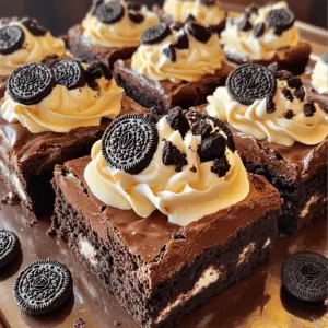 - 1 cup unsalted butter - 2 cups granulated sugar - 1 cup brown sugar - 4 large eggs - 2 teaspoons vanilla extract - 1 cup all-purpose flour - 1 cup unsweetened cocoa powder - 1 teaspoon baking powder - 1/2 teaspoon salt - 1 cup semi-sweet chocolate chips - 15 Oreo cookies, roughly chopped - 1 cup heavy cream - 8 oz cream cheese - Additional Oreo cookies for topping You can swap unsalted butter with coconut oil for a dairy-free option. Use a vegan cream cheese to replace regular cream cheese. For those needing gluten-free options, almond flour or a gluten-free all-purpose flour works well. When picking eggs, look for ones with a clean shell and a recent sell-by date. For cocoa powder, choose a brand that is rich and dark for the best flavor. High-quality chocolate chips will enhance the taste of your brownies and make them more delicious. 1. Preheat and prepare the baking pan: Start by preheating your oven to 350°F (175°C). Next, grease a 9x13-inch baking pan or line it with parchment paper. This helps with easy removal later. 2. Melt butter and mix sugars: In a medium saucepan, melt 1 cup of unsalted butter over low heat. Once melted, take it off the heat. Stir in 2 cups of granulated sugar and 1 cup of packed brown sugar. Mix until smooth and well combined. 3. Combining wet and dry ingredients: Add 4 large eggs to the butter-sugar mixture, one at a time. Mix well after each egg. Then, stir in 2 teaspoons of vanilla extract. In a separate bowl, whisk together 1 cup of all-purpose flour, 1 cup of unsweetened cocoa powder, 1 teaspoon of baking powder, and 1/2 teaspoon of salt. Gradually add this dry mix to the wet ingredients. Stir until just combined. 4. Incorporating chocolate chips and Oreos: Now, fold in 1 cup of semi-sweet chocolate chips and 15 roughly chopped Oreo cookies. Mix until the Oreo pieces are evenly distributed throughout the batter. 5. Duration and temperature guidance: Pour the brownie batter into your prepared pan. Spread it evenly. Bake in the preheated oven for 30 to 35 minutes. 6. Checking for doneness with a toothpick: To check if the brownies are done, insert a toothpick into the center. It should come out mostly clean with a few moist crumbs. If it comes out with wet batter, bake a bit longer. - Overmixing the batter: Mix only until combined. Overmixing can make brownies tough. - Not following cooling times: Allow brownies to cool in the pan for 10 minutes. This helps them set and makes cutting easier. - Adding espresso powder: A teaspoon of espresso powder boosts the chocolate flavor. It makes the brownies richer without tasting like coffee. - Drizzling chocolate sauce before serving: A drizzle of chocolate sauce adds a sweet touch. It also makes your brownies look fancy and will impress your guests. - Plating tips for presentation: Serve brownies on a large platter. Add whole Oreo cookies around them at angles for a fun look. - Pairing with ice cream or whipped cream: These brownies are great with vanilla ice cream. A dollop of whipped cream also adds a nice touch. {{image_2}} You can make Oreo Cookies and Cream Brownies even better! Adding nuts gives a nice crunch. Try walnuts or pecans for a fun twist. Crushed almonds also work great. Swapping in different cookies can change the whole flavor. Instead of Oreos, use chocolate chip cookies or peanut butter cookies. You can mix and match to find your favorite. If you want a vegan version, there are easy swaps. Use plant-based butter and replace eggs with flaxseed meal. You can use a non-dairy cream cheese for the topping too. It still tastes great! For a healthier brownie, try reducing the sugar. Swap out half the sugar for applesauce. You can also use whole wheat flour instead of white flour. These changes keep the brownies tasty and a bit lighter. Seasonal spices can add warmth to your brownies. Adding cinnamon or nutmeg makes them cozy in the fall. You can also try pumpkin spice for a fun twist. For holidays, get festive with toppings. Use crushed peppermint for winter treats or colorful sprinkles for birthdays. You can even use themed cookie cutters to shape the brownies. To keep your Oreo cookies and cream brownies fresh, place them in an airtight container. You can store them at room temperature for up to three days. Just make sure they are completely cool before sealing. If you live in a humid area, the fridge is a better option. Brownies may dry out at room temperature if the air is too moist. You can freeze brownies for longer storage. First, cut them into squares. Wrap each square in plastic wrap. Then, place the wrapped squares in a freezer-safe bag. They can last up to three months in the freezer. To defrost, take them out and leave them at room temperature for about an hour. You can also microwave them for 10-15 seconds if you want them warm. Oreo cookies and cream brownies stay fresh for about three days at room temperature. In the fridge, they last about a week. Look for signs of spoilage, such as a change in texture or smell. If they feel dry or crumbly, it’s best to toss them. Enjoy your brownies while they are soft and tasty! You can tell the brownies are done by checking a few signs. First, look for a slight crust on top. The edges should pull away from the pan a bit. Also, insert a toothpick into the center. If it comes out mostly clean with a few moist crumbs, your brownies are ready. Remember, overbaking can lead to dry brownies, so keep an eye on them. Yes, you can make these brownies ahead of time! To do this, bake the brownies and let them cool completely. Once cool, cover them tightly with plastic wrap or aluminum foil. You can store them at room temperature for up to three days. For longer storage, place them in the fridge for about a week. This way, you can enjoy them fresh any time. If you don’t have Oreo cookies, you have fun options! You can use any chocolate sandwich cookie. Some popular choices are Hydrox cookies or generic brands. If you want a twist, try other cookies like chocolate chip or peanut butter cookies. These swaps can give your brownies a unique taste while still being delicious. You now have a complete guide to making delicious brownies. From the key ingredients to baking tips, I've shared everything you need. Remember to choose quality ingredients for the best results. Don't rush the process; let your brownies cool properly. With the tips and variations, you can customize your treat. Enjoy experimenting and finding your perfect flavor combo. Happy baking!