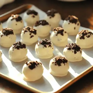- 36 Oreo cookies - 8 oz cream cheese, softened - 1 cup white chocolate chips - 1 tablespoon coconut oil (optional for smoothness) - 1/4 cup crushed Oreo cookies (for topping) - Food processor or rolling pin - Large mixing bowl - Baking sheet - Parchment paper - Microwave-safe bowl For this recipe, you need a few simple ingredients. The star is, of course, the Oreo cookies. They give a rich, chocolatey flavor that everyone loves. We mix them with cream cheese for a creamy texture. White chocolate chips add sweetness and a nice coating. If you want the chocolate to be extra smooth, use coconut oil. Finally, crushed Oreo cookies make a great topping to add crunch. Also, gather your kitchen tools. You can use a food processor to crush the cookies. A rolling pin and a plastic bag work too. You will need a large mixing bowl to combine everything. A baking sheet lined with parchment paper helps for easy cleanup. Finally, have a microwave-safe bowl ready for melting the chocolate. With these ingredients and tools, you can make these truffles in no time. To crush the Oreos, I use a food processor. This tool makes fine crumbs quickly. Just pulse the cookies until they look like sand. If you don’t have a food processor, no worries! Place the Oreos in a plastic bag. Use a rolling pin to crush them. This method takes a bit longer but works just as well. Next, I mix the crushed Oreos with softened cream cheese. I use a large bowl for this step. Make sure the cream cheese is soft. This helps the mix come together. I either use a spatula or my hands to combine the two. I mix until I have a thick, cohesive dough. It should feel smooth and easy to work with. Now, it’s time to shape the truffles. I scoop out small pieces of dough. Then, I roll them into bite-sized balls, about one inch wide. I place each truffle on a baking sheet lined with parchment paper. Once all the truffles are shaped, I chill them in the fridge for about 30 minutes. Chilling firms them up and makes coating easier. While the truffles chill, I melt white chocolate chips. I also add coconut oil for smoothness, but it’s optional. I use a microwave-safe bowl. I heat the chocolate in 30-second intervals, stirring in between. Once it is smooth, I dip each truffle into the melted chocolate. I make sure to coat them evenly. After dipping, I lift them out with a fork and let the excess chocolate drip off. While the chocolate is still wet, I sprinkle crushed Oreo cookies on top of each truffle. This adds a nice touch and looks great! Finally, I place the coated truffles back on the parchment-lined sheet. I let them cool at room temperature or refrigerate them until the chocolate sets. Once set, these truffles are ready to enjoy. Using coconut oil helps make the chocolate smooth. It adds a nice sheen too. If you skip it, the chocolate may clump. When melting chocolate, use the microwave in short bursts. Heat it for 30 seconds, then stir. Repeat until it’s fully melted and smooth. Make sure your cream cheese is soft. This helps it mix well with the Oreos. If the cream cheese is cold, it won't blend smoothly. Store your truffles in the fridge. If they feel too soft, chill them longer. If they are too hard, let them sit at room temperature. For presentation, place truffles in decorative liners. This adds flair and makes them easy to grab. Pair them with milk, coffee, or even a dessert wine. Each option brings out the sweet Oreo flavor. You can also serve them with fresh berries for a nice contrast. {{image_2}} You can switch up the chocolate coating for your truffles. Dark chocolate is a great choice. It adds a rich flavor and a slight bitterness. To use dark chocolate, melt it just like the white chocolate. Milk chocolate is another option. It gives a creamy and sweet taste. Dip the truffles in melted milk chocolate for a classic touch. Both options work well and taste amazing! Want to get creative? Try mint chocolate chip Oreo truffles. Just add a few drops of mint extract when mixing the cream cheese. This gives your truffles a fresh twist. You can also use flavored cream cheese, like peanut butter. It adds a new layer of flavor. This simple change makes the truffles even more fun and delicious! Toppings can make your truffles pop! Use colorful sprinkles for a festive look. They add a fun crunch. Chopped nuts also work well. They give a nice texture contrast. You can drizzle melted chocolate on top for extra flair. Use colored chocolate to match any theme or party. These little touches can elevate your truffles to a whole new level! To keep your No Bake Oreo Truffles fresh, you can refrigerate or freeze them. Refrigeration is best for short-term storage. Use an airtight container to prevent the truffles from drying out. If you want to save them for longer, freezing is a great option. Use a freezer-safe container or a zip-top bag. Make sure to remove as much air as possible. In the fridge, these truffles last about one week. Keep an eye out for any signs of spoilage. If you see a change in color or smell, it’s best to discard them. If stored in the freezer, they can last up to three months. When you’re ready to enjoy frozen truffles, thaw them safely. The best method is to move them to the fridge overnight. This keeps the texture smooth. Avoid thawing them at room temperature, as this may make them too soft. When thawed, they should still taste delicious and maintain their original texture. Yes, you can use regular cream cheese. It adds creaminess and flavor. If you want a lighter option, try using low-fat cream cheese. You can also use mascarpone for a richer taste. The truffles need about 30 minutes to chill. This helps them firm up before coating. After coating them in chocolate, let them sit until the chocolate hardens. This can take another 30 minutes at room temperature or quicker in the fridge. Absolutely! You can make these truffles a day or two in advance. Just store them in an airtight container in the fridge. They stay fresh and tasty, making them perfect for parties or gifts. No problem! You can crush the cookies by placing them in a plastic bag. Use a rolling pin to crush them into fine crumbs. This method works well and is easy to do. You can make delicious Oreo truffles with just a few simple steps. We covered the main ingredients, equipment, and detailed instructions to create these tasty treats. Remember to chill them for the best texture. Use our tips for smooth chocolate and unique flavor ideas to impress your friends. With the right storage, your truffles will stay fresh and tasty. Try varying the chocolate and toppings to keep things interesting. Enjoy making and sharing these fun desserts!
