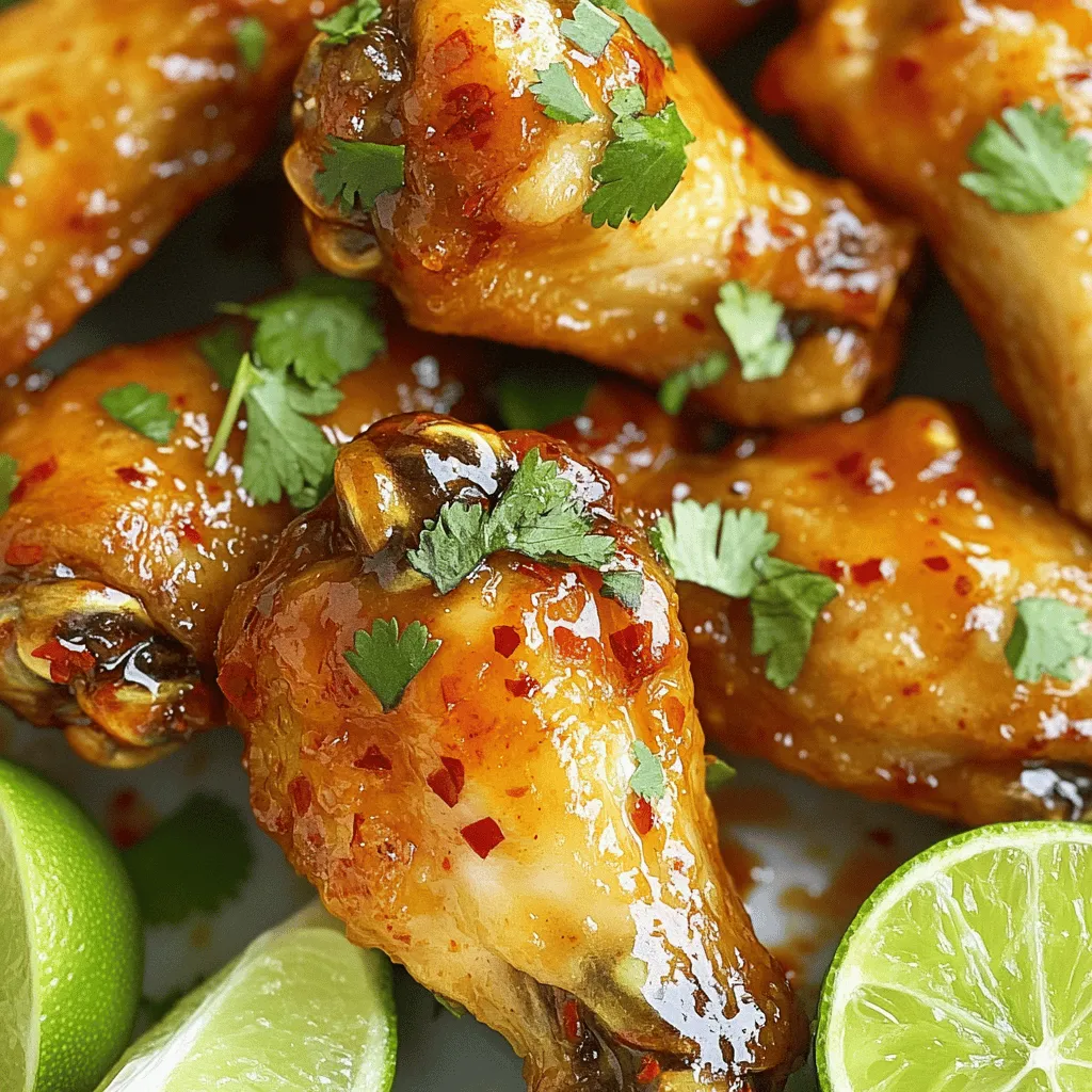- 2 pounds chicken wings - 1/2 cup sweet chili sauce - 2 tablespoons soy sauce - 1 tablespoon garlic powder - 1 teaspoon smoked paprika - 1/2 teaspoon black pepper - 1/2 teaspoon salt - 1 tablespoon cornstarch - Fresh cilantro, chopped - Lime wedges - Patting the chicken wings dry: Start by using paper towels to pat the chicken wings dry. This removes extra moisture and helps them get crispy in the air fryer. - Marinate in sweet chili and soy sauce mixture: In a large bowl, mix sweet chili sauce, soy sauce, garlic powder, smoked paprika, black pepper, and salt. Add the dried wings to this mix. Make sure they are well coated. Cover the bowl and let it sit for at least 30 minutes. For even more flavor, let it marinate for up to 2 hours in the fridge. - Coating wings with cornstarch: After marinating, sprinkle cornstarch over the wings. Toss them to coat evenly. This helps create a crunchy texture when cooked. - Preheating air fryer to the right temperature: Set your air fryer to 400°F (200°C) and let it preheat. This step ensures the wings cook evenly. - Cooking time and flipping for even crispiness: Place the wings in a single layer in the air fryer basket. Cook them for 25-30 minutes. Halfway through, flip the wings to make sure they get crispy on all sides. Check that the internal temperature reaches 165°F (74°C) for safety. - Glazing the wings with extra sweet chili sauce: In the last 5 minutes of cooking, drizzle more sweet chili sauce over the wings. This gives them a sticky and flavorful glaze. - Serving with garnishes: Once cooked, take the wings out of the air fryer. Garnish them with chopped cilantro. Serve with lime wedges on the side for a fresh burst of flavor. To get crispy wings, start by drying them well. Moisture makes wings soggy. Use paper towels and pat them dry. This step is very important. Next, sprinkle cornstarch over the wings. Toss them to coat evenly. Cornstarch absorbs moisture and creates a crunchy crust. Marinating is key for tasty wings. I suggest marinating for at least 30 minutes. If you have time, let them sit for up to 2 hours. This longer time allows the flavors to sink in. You can boost the taste by adding lime juice or ginger to the marinade. Both add a zesty kick! Every air fryer is a bit different. If your model runs hot, check the wings early. You might need to adjust the cooking time. Cook in batches if you have a small air fryer. This ensures all wings cook evenly and get crispy. Don't crowd the basket; give them space to breathe! {{image_2}} You can change the flavor of your wings easily. For a spicy kick, add hot sauce to the marinade. Just mix it in with the sweet chili sauce. You will love the heat! For a fresh twist, use orange juice. This gives your wings a bright, citrus flavor. Just replace some of the sweet chili sauce with orange juice for a unique taste. If you don’t have an air fryer, you can bake the wings in the oven. Set your oven to 400°F (200°C). Spread the wings on a baking sheet and cook for 40-45 minutes. Flip them halfway for even crispiness. Grilling is another fun way to cook wings outdoors. Preheat your grill to medium-high heat and cook the wings for 25-30 minutes. Make sure to flip them to avoid burning. Not all sauces are created equal. If you need a gluten-free option, use gluten-free soy sauce. It works just as well in the marinade. You can also try other sauces. Teriyaki sauce or barbecue sauce can give your wings a different flavor. Just mix them in like you would with sweet chili sauce. To keep your air fryer sweet chili chicken wings fresh, cool them first. Let the wings sit at room temperature for no more than two hours. This helps keep bacteria away. Use airtight containers for storage. Glass or plastic containers work well. Make sure to label them with the date. This way, you know when to eat them. You can freeze chicken wings for future meals. After cooling, place the wings in freezer-safe bags. Remove as much air as possible to prevent freezer burn. Label the bags with the date. To thaw, put the wings in the fridge overnight. This keeps them safe and tasty. If you're in a hurry, you can use cold water. Just submerge the bag in cold water for about an hour. The best way to reheat wings is in the air fryer. Preheat it to 350°F (175°C). Place the wings in the basket and heat them for about 8-10 minutes. This keeps them crispy. If you don’t have an air fryer, you can use an oven. Set it to 350°F (175°C) and place the wings on a baking sheet. Heat them for 10-15 minutes. You can also use the microwave, but this may make the wings soft. Cook chicken wings in the air fryer for 25-30 minutes at 400°F (200°C). Flip the wings halfway through. This helps them cook evenly and get crispy. Make sure they reach an internal temperature of 165°F (74°C) before serving. Yes, you can use frozen chicken wings! Increase the cooking time to about 30-40 minutes. Cook them at the same temperature, 400°F (200°C). You should not need to thaw them first. Just be sure to check that they are fully cooked before serving. Sweet chili chicken wings pair well with many sides. Here are some great options: - Fresh vegetable sticks (like carrots and celery) - Creamy ranch or blue cheese dip - Crispy potato wedges - A side salad with tangy dressing - Steamed rice or quinoa These sides balance the sweet and spicy flavors of the wings. Enjoy them with lime wedges for an extra zing! You now have everything you need to make delicious sweet chili chicken wings. We discussed key ingredients, preparation steps, cooking methods, and helpful tips to achieve crispy perfection. You can also explore fun variations and proper storage for leftovers. Experiment with different flavors and cooking methods to find your favorite. Enjoy your tasty wings, and impress friends and family with your new skills!