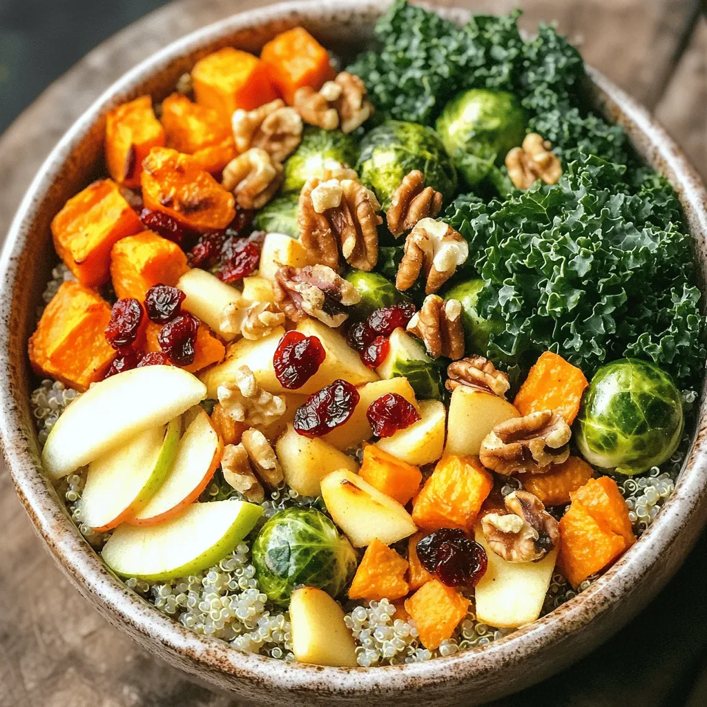 - 1 cup quinoa, rinsed - 2 cups vegetable broth - 1 medium sweet potato, peeled and diced - 1 cup Brussels sprouts, halved - 1 cup kale, chopped - 1 apple, diced These main ingredients make your Buddha bowl rich and filling. Quinoa serves as a great base, packed with protein. Sweet potatoes add natural sweetness, while Brussels sprouts bring a nice crunch. Kale offers a nutrient boost, and apples add a fresh, juicy bite. - ½ cup dried cranberries - ½ cup walnuts, roughly chopped - 1 tablespoon maple syrup These optional ingredients enhance the dish. Dried cranberries give a sweet-tart flavor, making the dish fun. Walnuts add crunch and healthy fats. A drizzle of maple syrup can bring warmth and sweetness, perfect for fall. - 2 tablespoons olive oil - 1 teaspoon cinnamon - Salt and pepper to taste Olive oil helps the veggies roast beautifully. Cinnamon adds a warm, cozy flavor. Salt and pepper balance the dish, letting the ingredients shine. Together, these spices create a warm and comforting dish that celebrates autumn. Cooking with fresh, quality ingredients makes every bite special. You can mix and match these components based on your tastes. Enjoy the process and let your creativity flow! First, preheat your oven to 400°F (200°C). This heat helps to roast the veggies just right. While the oven warms up, rinse 1 cup of quinoa under cold water. This step removes any bitterness and helps the quinoa taste fresh. Next, combine the rinsed quinoa and 2 cups of vegetable broth in a saucepan. Bring this mixture to a boil. Once it boils, reduce the heat to low, cover, and simmer for about 15 minutes. The quinoa will absorb the broth and become fluffy. After cooking, let it sit covered for 5 minutes. This resting time makes it even better. Now, let’s prepare the veggies. Peel and dice 1 medium sweet potato, and halve 1 cup of Brussels sprouts. Toss them on a large baking sheet with 2 tablespoons of olive oil, 1 teaspoon of cinnamon, salt, and pepper. Spread them out evenly. Roast the vegetables in the oven for 25-30 minutes. Stir them halfway through to ensure they cook evenly. They should turn tender and caramelized. In a large bowl, mix the cooked quinoa, roasted sweet potatoes, Brussels sprouts, 1 cup of chopped kale, 1 diced apple, ½ cup of dried cranberries, and ½ cup of roughly chopped walnuts. Drizzle with the juice of 1 lemon and maple syrup if you like. Gently toss everything together. Taste and adjust the seasoning with more salt and pepper if needed. Serve warm in bowls. For a special touch, top with extra walnuts and cranberries. Enjoy your colorful creation! To perfect quinoa texture, rinse it well. This removes bitter saponins. Use two parts vegetable broth for every cup of quinoa. This adds flavor. Bring the mixture to a boil, then lower the heat. Cover the pot and let it simmer for about 15 minutes. After cooking, let it sit covered for 5 more minutes. This helps the quinoa fluff up nicely. For roasting vegetables, keep the oven at 400°F. Dice sweet potatoes and halve Brussels sprouts evenly. Toss them with olive oil, salt, and pepper. Adding cinnamon gives a warm touch. Spread them out on a baking sheet in one layer. Stir halfway through for even cooking. Roast for 25-30 minutes until they are tender and caramelized. For dressings, a simple lemon vinaigrette works wonders. Mix olive oil, lemon juice, and a pinch of salt. You can also try tahini or balsamic vinaigrette for variety. A drizzle of maple syrup adds sweetness. For seasoning, consider adding garlic powder or smoked paprika. These add depth to the dish. Fresh herbs like parsley or cilantro can brighten flavors. A sprinkle of feta cheese can also give a nice tang. When serving, pair your Buddha bowl with crusty bread. A slice of whole grain or sourdough complements it well. You can also serve it alongside a light soup for a full meal. For presentation, use big bowls to show off the colors. Layer the ingredients nicely. Top with extra walnuts and cranberries for a crunchy finish. A lemon wedge on the side adds a fresh touch. {{image_2}} You can easily make this bowl fit your needs. For vegan or vegetarian options, use vegetable broth and skip any animal products. The whole dish is already plant-based. If you want gluten-free options, quinoa is a perfect choice. It's gluten-free and packed with protein. Always check labels on any packaged ingredients, like broth or nuts, to ensure they are gluten-free. Feel free to swap in other vegetables you love. Butternut squash or carrots work well in place of sweet potatoes. You can also try adding roasted beets or cauliflower for a new twist. For nuts, walnuts add crunch, but you can use almonds or pecans instead. If you want more sweetness, add pears or figs instead of apples. Dried apricots or raisins can replace cranberries too. You can adjust this bowl for any season. In winter, add hearty root veggies like parsnips or turnips. For summer, consider fresh cucumbers or cherry tomatoes. You can also change the grains. Try brown rice, farro, or even barley for a different texture. Each grain brings its flavor and nutrition, making your bowl unique every time. Store your leftovers in airtight containers. This helps keep food fresh and safe. Use glass or BPA-free plastic containers. They are great for easy stacking in the fridge. Let the food cool completely before sealing the containers. You can store leftovers for up to four days. To freeze the Buddha bowl, portion your meal into freezer-safe containers. Make sure to leave space for expansion. Label the containers with the date. You can freeze it for up to three months. For meal prep, freeze the quinoa and roasted veggies separately. This helps keep each ingredient fresh. When you're ready to eat, thaw the containers in the fridge overnight. This keeps the food safe and ready for reheating. The best way to reheat your Buddha bowl is in the oven. Preheat your oven to 350°F (175°C) and bake for about 15 minutes. This method helps keep the texture of the veggies. You can also use the microwave for a quicker option. Heat in short bursts of 30 seconds, stirring in between. To keep the flavors bright, add a splash of lemon juice before serving. This will wake up the dish and add freshness. A Buddha bowl is a colorful, wholesome meal in a bowl. It typically includes grains, veggies, and healthy fats. The name comes from the idea that a full bowl looks like a Buddha’s belly. This dish is all about balance and nourishment. You get a variety of textures and flavors, making it fun to eat. You can prep the Autumn Harvest Buddha Bowl in advance. Start by cooking the quinoa and roasting the veggies. Store them in separate containers to keep them fresh. When you are ready to eat, just mix everything together. You can also chop the kale, apple, and walnuts ahead of time. Store them in the fridge to maintain their crunch. Yes, adding protein is easy! You can use chickpeas, grilled chicken, or tofu. Cook the protein separately, then mix it into the bowl. For chickpeas, roast them with spices for extra flavor. If using chicken, grill or bake it until cooked. Tofu can be sautéed or baked to add a nice texture. These additions will make your bowl even more filling and nutritious. This article shared a healthful recipe for an Autumn Harvest Buddha bowl. We covered key ingredients like quinoa, sweet potatoes, and Brussels sprouts. You learned how to prepare and cook each part, then assemble the dish. I shared tips for perfecting your bowl and suggested tasty variations. These bowls offer endless options for customization. Try different veggies or dressings based on your taste. Enjoy creating and sharing this nutritious meal with others!