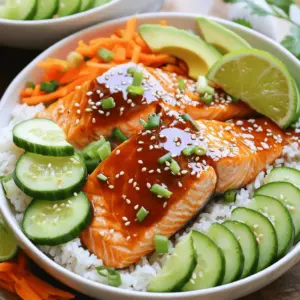 - 2 salmon fillets - 2 tablespoons honey - 2 tablespoons sriracha sauce - 1 tablespoon soy sauce - 1 tablespoon olive oil - 1 cup cooked jasmine rice - 1 avocado, sliced - ½ cucumber, thinly sliced - 1 carrot, julienned - 2 green onions, chopped - Sesame seeds for garnish - Lime wedges for serving You need simple ingredients for this bowl. The salmon gives a rich protein base. Honey and sriracha create a sweet and spicy sauce. Soy sauce adds a salty kick. Olive oil keeps the salmon moist while cooking. For the bowl, jasmine rice acts as a fluffy base. Sliced avocado brings creaminess. Cucumber adds crunch, while julienned carrot gives color and texture. Green onions offer a fresh bite. Lastly, sesame seeds and lime wedges enhance the dish’s look and flavor. These ingredients make a balanced meal that is quick and full of taste. To make the sauce, grab a small bowl. Add 2 tablespoons of honey, 2 tablespoons of sriracha sauce, and 1 tablespoon of soy sauce. Whisk these ingredients together until they blend well. This sauce adds a sweet and spicy kick to the dish. Next, take a skillet and heat 1 tablespoon of olive oil over medium-high heat. Once the oil is hot, place the 2 salmon fillets in the skillet, skin-side down. Let them cook for about 4 minutes. Then, flip the fillets carefully. Pour the honey-sriracha sauce over the salmon. Cook for another 2-3 minutes. This will make the salmon caramelized and full of flavor. Now comes the fun part—assembling the bowls! Start by dividing 1 cup of cooked jasmine rice into two bowls. On top of the rice, add sliced avocado, thinly sliced cucumber, and julienned carrot. After that, place the cooked salmon on the veggies. Drizzle any leftover sauce from the skillet over everything. Finally, garnish with chopped green onions and sesame seeds. Serve with lime wedges for a zesty finish. Enjoy your vibrant and tasty meal! For cooking salmon, the best temperature is medium-high heat. This will help cook the salmon evenly and give it a nice sear. Aim for a cooking time of about 6-7 minutes total. Start with 4 minutes skin-side down, then flip for 2-3 more minutes. The salmon should flake easily with a fork when it's done. Garnishing your salmon bowls can make them look special. Try adding fresh green onions on top for color. You can also sprinkle sesame seeds to add some crunch. For a fun touch, arrange the sliced avocado, cucumber, and carrot in a rainbow pattern. This makes your bowl not just tasty but also a feast for the eyes. To boost flavor, consider adding spices or herbs. A pinch of garlic powder or fresh cilantro can elevate the dish. For a zesty kick, squeeze some lime juice over the salmon and veggies just before serving. This adds brightness and balances the sweetness of the honey. {{image_2}} You can easily swap salmon for chicken or tofu. If you choose chicken, use boneless, skinless thighs for juicy bites. Cook them in the same way as the salmon. For tofu, use firm or extra-firm tofu. Press it to remove excess water, then cut it into cubes. Sauté it until golden brown before adding the sauce. Both options work great! If you want a change from jasmine rice, try quinoa or brown rice. Quinoa adds a nutty flavor and is packed with protein. Brown rice offers a chewier texture and more fiber. Cook them according to package directions. Both will give your bowls a healthy boost and keep them satisfying. Don’t feel limited by the veggies listed! You can use any mix you like. Try bell peppers for sweetness or snap peas for crunch. Broccoli or zucchini can add color and nutrition. You can even toss in some spinach for a fresh touch. The more variety, the better the flavor! To keep leftover salmon bowls fresh, place them in an airtight container. Make sure to separate the salmon from the rice and veggies. This prevents sogginess. Store the bowls in the fridge for up to two days. If you want to keep the flavors bright, use a squeeze of lime juice before sealing. When it’s time to enjoy leftovers, reheating gently is key. I recommend using a microwave. Heat in short bursts of 30 seconds. Check often to avoid drying out the salmon. You can also reheat on the stove over low heat. Add a splash of water to keep moisture in. You can freeze these salmon bowls, but it’s best to freeze only the salmon and rice. The veggies do not freeze well. Wrap the salmon and rice in plastic wrap, then place them in a freezer bag. They will last for up to three months. To enjoy, thaw in the fridge overnight before reheating. To check if your salmon is cooked, look for a few clear signs. First, the fish should change from a bright red to a light pink color. This shows it is cooking properly. Second, the salmon should flake easily with a fork. If it falls apart, it’s ready to eat. Lastly, use a food thermometer. The internal temperature should reach 145°F. This ensures the salmon is safe and delicious. Yes, you can swap out sriracha for other sauces. If you want less heat, try a mild chili sauce or a sweet chili sauce. For a milder taste, you can use ketchup mixed with a bit of hot sauce. This gives you the sweet and tangy flavor without too much spice. You can even try barbecue sauce for a different twist. Honey sriracha sauce has a nice kick. The heat level depends on how much sriracha you use. If you like it spicy, stick to the recipe. If you prefer it mild, use less sriracha and add more honey. This will balance the heat and give you a sweet taste. Overall, the sauce has a sweet base with a spicy finish. This blog post covered a tasty salmon bowl recipe. We explored the right ingredients and steps to make it easy. From cooking the salmon to plating with fresh veggies, each step counts. Consider tips to enhance flavors and presentation. You can also swap ingredients as you like. Remember to store leftovers properly for later enjoyment. Cooking should be fun, so try new things! Now, you’re ready to create a delicious meal that will impress anyone. Enjoy your cooking journey!