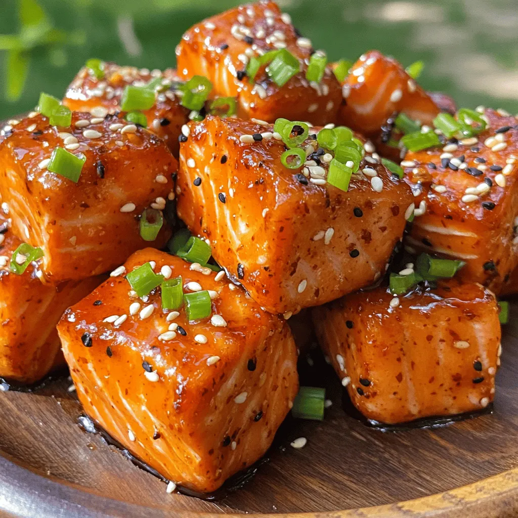 - 1 lb salmon fillet, skin removed and cut into bite-sized cubes - 2 tablespoons honey - 2 tablespoons sriracha sauce - 1 tablespoon soy sauce - 1 teaspoon garlic powder - 1 teaspoon fresh ginger, grated - 1 tablespoon olive oil - Salt and pepper to taste - Chopped green onions for garnish - Sesame seeds for garnish Using fresh salmon fillet makes a big difference. I recommend skinless salmon for even cooking. Honey adds sweetness, while sriracha gives a spicy kick. The soy sauce rounds out the flavors. Garlic powder and fresh ginger bring warmth and depth to the marinade. Don’t skip the olive oil; it helps the salmon crisp up nicely. Seasoning with salt and pepper is key for taste. For garnishes, chopped green onions add a fresh bite. Sesame seeds provide crunch and a nice look. Gather these ingredients, and you are ready to make a tasty treat. Each element plays a role in creating those delicious honey sriracha salmon bites. To start, grab a medium bowl. In this bowl, whisk together the following ingredients: - 2 tablespoons honey - 2 tablespoons sriracha sauce - 1 tablespoon soy sauce - 1 teaspoon garlic powder - 1 teaspoon fresh ginger, grated Mix these until they blend well. The honey gives sweetness while the sriracha adds a spicy kick. Next, add your salmon cubes, which should be 1 lb of skinless fillet cut into bite-sized pieces. Toss gently to coat each piece in the marinade. Let this sit for at least 15 minutes. This time helps the salmon soak in all those great flavors. While your salmon marinates, preheat your air fryer. Set it to 400°F (200°C) and let it heat for about 5 minutes. This is important for getting that crispy texture. Once hot, drizzle 1 tablespoon of olive oil over the marinated salmon. Add a pinch of salt and pepper for extra taste. Place the salmon bites in a single layer in the air fryer basket. Make sure not to crowd them; you might have to cook in batches. Cook them for 8-10 minutes. Shake the basket halfway through to ensure even cooking. Look for a crispy exterior and check that they are fully cooked. After cooking, remove the salmon bites from the air fryer. Let them rest for a minute. This helps keep them juicy. To serve, transfer the bites to a plate. For a nice finish, garnish with chopped green onions and sesame seeds. This adds both color and crunch to your dish. Enjoy your flavorful treat! For the best flavor, marinate the salmon for at least 15 minutes. This time allows the fish to soak up the honey and sriracha mix. You can adjust the marinade to fit your taste. If you like it sweeter, add more honey. For extra heat, add more sriracha. Always taste the marinade before you add the salmon. When cooking, avoid overcrowding the air fryer basket. If you pack it too tightly, the salmon will not cook evenly. Cook in batches if needed. Always check the doneness after 8 minutes. The salmon should be opaque and flake easily with a fork. If it’s not done, cook for another minute or two. Pair these bites with a fresh salad or some rice for a complete meal. They also go well with a dipping sauce. Try mixing soy sauce and a little more sriracha for an extra kick. Garnish with chopped green onions and sesame seeds for color and crunch. {{image_2}} You can change the flavor of your salmon bites easily. Try adding spices like paprika or cumin for a warm kick. Fresh herbs such as cilantro or basil can brighten the dish. If you like it spicy, add more sriracha or some chili flakes. For a sweet twist, mix in a splash of orange juice. These tweaks can make a big difference. You don’t have to stick to salmon. Chicken works great too! Cut chicken breasts into similar bite-sized pieces and follow the same steps. If you want a vegan option, use firm tofu. Press it to remove extra moisture, then cut it into cubes. Marinate and cook just like the salmon. These swaps keep the dish fresh and fun. How you serve these bites can change the vibe. For a BBQ-style meal, thread the salmon or chicken onto skewers. This makes it easy to grill or air fry. You can also make sliders by placing the salmon bites in small buns with some sauce and veggies. Wraps are another fun option. Use lettuce or tortillas to hold the salmon, adding your favorite toppings. Each style brings a new way to enjoy this tasty treat! To keep your Air Fryer Honey Sriracha Salmon Bites fresh, start with proper storage. - Refrigerating leftovers: Place the salmon bites in an airtight container. They stay fresh for up to three days in the fridge. Make sure to let them cool before sealing. This helps keep them crispy. - Freezing instructions: If you want to store them longer, freeze the bites. Use a freezer-safe bag or container. Lay them flat to prevent sticking. They can last up to three months. Just remember to label the bag with the date! When it’s time to enjoy your leftovers, reheating is key to keeping them tasty. - Using the air fryer for reheating: Preheat your air fryer to 350°F (175°C). Place the salmon bites in a single layer. Heat for about 4-5 minutes. This method keeps them crispy and warm. - Oven reheating recommendations: Preheat your oven to 350°F (175°C). Spread the salmon bites on a baking sheet. Cover with foil to prevent drying out. Heat for 10-12 minutes. Check to ensure they are warmed through. Knowing how long your salmon bites last is helpful for meal planning. - Duration in fridge vs. freezer: In the fridge, they last about three days. In the freezer, they last up to three months. Always check for any signs of spoilage before consuming. Yes, you can use frozen salmon. Just remember to thaw it first. You can do this by placing it in the fridge overnight or using the cold water method. For the cold water method, seal the salmon in a bag and submerge it in cold water. Change the water every 30 minutes until the salmon is thawed. Once thawed, cut the salmon into bite-sized cubes and follow the recipe as usual. No problem! You can use your oven or a stovetop pan. For the oven, preheat it to 400°F (200°C). Place the marinated salmon bites on a baking sheet lined with parchment paper. Bake for 10-12 minutes or until cooked through. If using a stovetop, heat a skillet over medium heat. Add a little oil, then cook the salmon bites for about 4-5 minutes on each side. Both methods yield tasty results! You can tell when the salmon is done by checking its color and texture. The salmon should change from a bright pink to a pale pink. It should flake easily with a fork. The safe internal temperature for cooked salmon is 145°F (63°C). A meat thermometer is a handy tool for this. When in doubt, just cut into a piece to check! You learned how to make tasty salmon bites using simple ingredients and easy steps. The marinade adds flavor, while the air fryer cooks them perfectly. Remember, you can adjust spices and swap ingredients for variety. Store leftovers wisely for later enjoyment. With these tips, you can impress anyone with this dish. Try it and enjoy every bite!