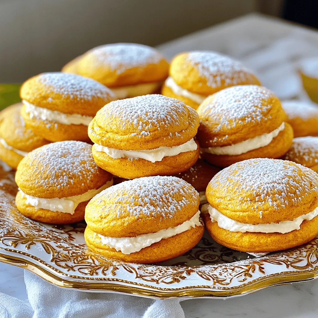 - 2 cups all-purpose flour - 1 teaspoon baking powder - 1 teaspoon baking soda - 1 teaspoon ground cinnamon - 1 teaspoon ground nutmeg - 1/2 teaspoon ground ginger - 1/2 teaspoon salt - 1 cup granulated sugar - 1/2 cup brown sugar, packed - 1 cup pumpkin puree - 1/2 cup vegetable oil - 2 large eggs - 1 teaspoon vanilla extract The main ingredients make these whoopie pies soft and flavorful. The pumpkin puree gives them moisture. This is key for that perfect texture. It also adds a lovely orange hue. The spices like cinnamon and nutmeg bring warmth and comfort. They are what make these treats feel like fall. - 8 oz cream cheese, softened - 1/2 cup unsalted butter, softened - 4 cups powdered sugar - 1 teaspoon vanilla extract - Pinch of salt The cream cheese filling is the star of these pies. It is rich and creamy. Softening the cream cheese and butter makes it easy to mix. The powdered sugar sweetens it just right. A pinch of salt balances the sweetness. This filling is what makes each bite so good. For the best results, use fresh ingredients. Fresh spices add more flavor. The cream cheese needs to be very soft. This ensures a smooth filling. These ingredients come together to create a treat that is hard to resist. 1. Preheat the oven to 350°F (175°C). Line a baking sheet with parchment paper. 2. In a medium bowl, whisk together: - 2 cups all-purpose flour - 1 teaspoon baking powder - 1 teaspoon baking soda - 1 teaspoon ground cinnamon - 1 teaspoon ground nutmeg - 1/2 teaspoon ground ginger - 1/2 teaspoon salt 3. In a large bowl, mix: - 1 cup granulated sugar - 1/2 cup brown sugar - 1 cup pumpkin puree - 1/2 cup vegetable oil - 2 large eggs - 1 teaspoon vanilla extract Beat until smooth. 1. Gradually add the dry mix to the wet mix. Stir until just combined. 2. Use a tablespoon or a cookie scoop to drop batter onto the baking sheet. Leave 2 inches between each scoop. 3. Bake for 12-15 minutes. The cookies should spring back when pressed. Let them cool on the baking sheet for a few minutes, then move to a wire rack to cool completely. 1. In a mixing bowl, beat together: - 8 oz cream cheese (softened) - 1/2 cup unsalted butter (softened) Mix until smooth and creamy. 2. Gradually add: - 4 cups powdered sugar - 1 teaspoon vanilla extract - A pinch of salt Mix until fluffy and well combined. 1. Take one cooled cookie and spread a generous tablespoon of cream cheese filling on its flat side. 2. Place another cookie on top to make a sandwich. 3. Repeat until all cookies are filled. Enjoy immediately or store for later. - How to prevent overmixing: When mixing wet and dry ingredients, stop as soon as you see no dry flour. Overmixing makes the cookies tough. Aim for a thick batter with little lumps. - Ensuring even baking: Make sure to space the dollops of batter two inches apart. This gives them room to spread. Rotate your baking sheet halfway through to bake evenly. - Tips for achieving creamy filling: Start with softened cream cheese and butter. Beat them well until smooth. Add the powdered sugar slowly. This helps avoid lumps and creates a fluffy filling. - Flavors to add to cream cheese filling: You can mix in a bit of cinnamon or nutmeg for extra spice. A splash of maple syrup also adds a nice touch. - Decorative plating ideas: Use a pretty platter to arrange the whoopie pies. Stack them high or line them up neatly. - Dusting tips for a festive look: Lightly dust the tops with powdered sugar. For a fun twist, sprinkle a bit of cinnamon or drizzle caramel sauce over them. {{image_2}} You can make a fun twist on pumpkin spice whoopie pies. Try chocolate pumpkin spice whoopie pies. Just add cocoa powder to the dry mix. Use 1/3 cup cocoa powder instead of some flour. These pies will have a rich, chocolate flavor. They pair well with the pumpkin spice filling. You can also switch up the spices. Try using cardamom, allspice, or even a pinch of cloves for extra warmth. Each spice brings its own charm. You might find a new favorite! The filling is a key part of whoopie pies. You can easily swap cream cheese for other fillings. Consider using marshmallow fluff or chocolate ganache. Both options add a different taste and texture. Adding flavors to the filling can change the game. Mix in maple syrup or pumpkin pie spice to the cream cheese. These small changes can create a filling that surprises and delights. If you need gluten-free options, use almond flour or a gluten-free baking mix. Substitute the all-purpose flour with one of these. The texture might change, but the flavor will still shine. For vegan whoopie pies, replace eggs with flaxseed meal or applesauce. Use coconut oil instead of vegetable oil. Choose a vegan cream cheese for the filling. These swaps keep all the deliciousness while making them plant-based. To keep your whoopie pies fresh, store them in the fridge. Use an airtight container to prevent them from drying out. Place parchment paper between layers to stop them from sticking together. This method keeps the cream cheese filling nice and creamy. If you want to save some for later, freezing is a great option. Wrap each whoopie pie tightly in plastic wrap, then place them in a freezer bag. This helps keep them fresh for up to three months. When you are ready to enjoy them, let them thaw in the fridge overnight. Fresh whoopie pies last about three days in the fridge. Check for any signs of spoilage, such as mold or a change in smell. If they look or smell off, it is best to toss them. For frozen whoopie pies, they can last for about three months. If you want to warm up your whoopie pies, the best method is to let them sit at room temperature for a bit. You can also use the microwave. Heat them for about 10-15 seconds to enjoy a soft treat. If the cookies feel a bit soft, you can pop them in the oven at 350°F for a few minutes to recrisp. Just keep an eye on them to avoid burning. Whoopie pies are a fun treat from New England. They are thought to come from Maine or Pennsylvania. The name "whoopie" may come from the joy of eating them. Farmers would often find them in lunchboxes. Today, they are popular across the country. Yes, you can make these whoopie pies ahead of time. Bake the cookies and let them cool completely. You can store them in an airtight container for a few days. Prepare the cream cheese filling just before serving. This keeps the cookies fresh and tasty. The whoopie pies are done baking when they spring back lightly when pressed. They should look set and slightly puffed. If you have a toothpick, you can insert it into the center. If it comes out clean, they are ready. Absolutely! You can use homemade pumpkin puree. Just make sure it is smooth and not too watery. Canned pumpkin is also great and saves time. Both options bring that rich pumpkin flavor. Serve whoopie pies on a decorative platter. Dust them with powdered sugar for a festive look. You can also drizzle some caramel sauce on top. Pair them with a hot drink for the perfect fall treat. In this post, we explored how to make delicious pumpkin spice whoopie pies. We covered the key ingredients, the steps to create the cookie base, and how to make the cream cheese filling. I shared tips for perfecting your pies and fun variations to try. Lastly, we discussed storage options to keep your treats fresh. Now you are ready to bake and enjoy these tasty treats! Happy baking!