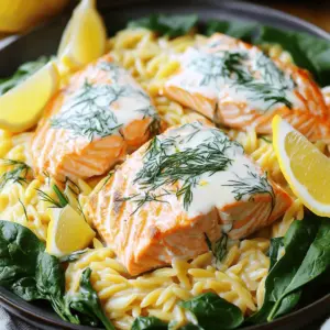 - 2 salmon fillets (4-6 oz each) - 1 cup orzo pasta - 2 tablespoons olive oil - 3 cloves garlic, minced - 1 cup vegetable or chicken broth - 1 cup heavy cream - Juice and zest of 1 lemon - 2 tablespoons fresh dill, chopped - Salt and pepper to taste - Spinach (optional, for extra greenery) - Lemon wedges (for serving) Gathering your ingredients is the first step to making creamy lemon dill salmon orzo. I love to use fresh salmon fillets for their rich flavor. The orzo pasta adds a nice texture. Olive oil gives a great base for cooking, while garlic adds that delicious aroma. I recommend using either vegetable or chicken broth. This adds depth to the sauce. Heavy cream makes everything rich and smooth. The lemon juice and zest bring brightness to the dish. Fresh dill adds a lovely herbal note. Don’t forget your seasoning: salt and pepper can elevate all these flavors. If you want a pop of color, consider adding spinach. It wilts nicely and adds nutrients. Lastly, serve with lemon wedges for an extra squeeze of citrus at the end. Make sure to have everything ready before you start cooking. This will keep your prep smooth and quick. Enjoy the process! - Start by boiling a pot of water. Add a generous pinch of salt. - Once the water is boiling, add 1 cup of orzo pasta. - Cook for about 8-10 minutes until the orzo is al dente. - Drain the orzo in a colander and set it aside. - Heat a large skillet over medium heat. Add 2 tablespoons of olive oil. - Season both sides of 2 salmon fillets with salt and pepper. - When the oil is hot, place the salmon skin-side down in the skillet. - Cook for 4-5 minutes on each side. The salmon should flake easily when done. - Remove the salmon from the skillet and set it aside. - In the same skillet, lower the heat to medium-low. Add 3 cloves of minced garlic. - Sauté the garlic for about 1 minute. It should smell fragrant but not brown. - Pour in 1 cup of vegetable or chicken broth. Bring it to a gentle simmer. - Stir in 1 cup of heavy cream, along with the juice and zest of 1 lemon. - Add 2 tablespoons of chopped fresh dill to the sauce. Let it simmer for 3-4 minutes until slightly thickened. - Taste the sauce and adjust with salt and pepper as needed. - Add the drained orzo to the sauce. You can also stir in spinach if you like. - Gently fold in the flaked salmon pieces. Be careful not to break them too much. - Once everything is heated through, serve the orzo on plates. - Drizzle with extra sauce and garnish with lemon wedges and more dill for freshness. To get the best texture from your salmon, use fresh fillets. I recommend cooking with the skin on. This helps keep the fish moist. Start by heating the oil in your skillet. Cook the salmon skin-side down first. This gives a nice crust and keeps the fish together. After about four to five minutes, flip it. Cook until it’s flaky but not dry. If you want to remove the skin, slide a spatula between the skin and the fish. It should come off easily. The sauce should be rich but not too thick. If it’s too thick, add a splash more cream or broth. Stir well and taste. You can always add more lemon juice or zest for brightness. Fresh dill adds a nice touch too. If you want extra flavor, try adding a pinch of garlic powder or a dash of white wine. These can boost the taste without making it too heavy. For side dishes, think light and fresh. A simple green salad pairs well with this meal. You can also serve it with steamed asparagus or roasted broccoli. To make your dish pop, garnish with more fresh dill and lemon wedges. This will make your plate look bright and inviting. A sprinkle of cracked pepper adds a nice finish. Enjoy your meal, knowing you made something truly special! {{image_2}} If you want to switch things up, consider these easy swaps: - Alternative fish options: Try using trout or halibut instead of salmon. Both fish have a nice texture and flavor. - Gluten-free orzo alternatives: You can use rice or quinoa for a gluten-free meal. They cook similarly and still pair well with the sauce. You can tweak the flavors to match your taste: - Other herb options besides dill: Fresh parsley or basil can add a new twist. They bring a bright taste that works well with lemon. - Citrus variations: Lime or orange juice can replace lemon juice. Each adds a unique flavor profile to your dish. Boost the nutrition of this dish with some extra ingredients: - Vegetable options for added health: Spinach is a great choice, but you can also add peas or broccoli. They add color and nutrients. - Protein enhancements: Add cooked shrimp or chickpeas for more protein. This makes the dish heartier and more filling. After you enjoy your creamy lemon dill salmon orzo, you might have some left. To store it, let it cool down first. Place the leftovers in an airtight container. This helps keep the flavors fresh. You can refrigerate it for up to three days. If you want it to last longer, you can freeze it. Just remember that freezing may change the texture a bit. When it’s time to heat up your leftovers, you want to keep them tasty. The best way to reheat orzo is on the stove. Add a splash of broth or water to keep it moist. Stir it gently over low heat. This helps avoid that soggy feeling. You can also use the microwave. Heat in short bursts, checking often. Stir between sessions to help with even heating. Enjoy your meal as if it was fresh! To check if salmon is cooked, look for flakiness. When you poke it with a fork, it should easily break apart. The salmon should also reach an internal temperature of 145°F. If it is opaque and firm, it is done. This ensures it is safe to eat and still juicy. Yes, you can use frozen salmon. Thaw it overnight in the fridge for best results. If you need it quick, place it in a sealed bag and submerge it in cold water for about 30 minutes. Cook it as you would fresh salmon. Just add a few extra minutes to the cooking time. If you need a substitute for heavy cream, try using half-and-half or whole milk. For a dairy-free option, use coconut milk or cashew cream. These alternatives keep the dish creamy and still delicious. Adjust the amount to find the right texture for your sauce. You can prep this dish ahead of time. Cook the orzo and store it in a sealed container in the fridge. Sear the salmon and make the sauce, then cool them before storing. When you’re ready to serve, just reheat everything together and combine it. Yes, you can freeze the orzo dish. First, let it cool completely. Then, place it in an airtight container. It can last for up to three months in the freezer. To enjoy later, thaw it overnight in the fridge and reheat gently on the stove. This blog post breaks down how to make creamy lemon dill salmon orzo. You learned about the necessary ingredients, step-by-step cooking instructions, and tips for perfect salmon. We explored fun variations and how to store leftovers effectively. In making this dish, you can adjust flavors or try different ingredients. The key is to enjoy the cooking process and share the dish with others. With practice, it can become a favorite meal for you and your loved ones.