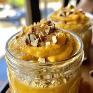 - 1 cup rolled oats - 1 cup cold brew coffee - 1/2 cup pumpkin puree - 1/2 cup almond milk (or milk of choice) - 1 tablespoon maple syrup (adjust to taste) - 1 teaspoon vanilla extract - 1/2 teaspoon pumpkin pie spice - Pinch of salt - 1/4 cup Greek yogurt (optional for creaminess) - Chopped nuts or granola for topping (optional) This recipe makes two servings. Each serving has about: - Calories: 290 - Protein: 10g - Carbohydrates: 45g - Dietary Fiber: 5g - Sugars: 8g - Fat: 8g These oats pack a good mix of carbs, protein, and healthy fats. They also have a nice amount of fiber to keep you full. You can easily change this recipe to fit your needs. Here are some ideas: - Dairy-Free: Use any plant-based milk, like soy or oat milk. - Vegan: Skip the Greek yogurt or use a plant-based yogurt. - Nut-Free: Choose oat milk or coconut milk instead of almond milk. - Lower Sugar: Cut down on maple syrup or use a sugar substitute. These options help everyone enjoy this tasty breakfast! To make Pumpkin Cream Cold Brew Overnight Oats, gather all your ingredients first. You need rolled oats, cold brew coffee, pumpkin puree, almond milk, maple syrup, vanilla extract, pumpkin pie spice, and a pinch of salt. If you want extra creaminess, grab some Greek yogurt too. This simple prep makes the cooking fun and quick. Start by taking a mixing bowl. Add 1 cup of rolled oats and 1/2 cup of pumpkin puree. Pour in 1 cup of cold brew coffee and 1/2 cup of almond milk. Next, add 1 tablespoon of maple syrup. You can adjust the sweetness later. Stir in 1 teaspoon of vanilla extract, 1/2 teaspoon of pumpkin pie spice, and a pinch of salt. If you want it creamier, mix in 1/4 cup of Greek yogurt. Keep stirring until everything blends well together. Now, it's time to store your mix. Divide the oat mixture evenly into two jars or airtight containers. Seal them tight to keep the freshness in. Place the jars in the fridge overnight or for at least 4 hours. This soaking time helps the oats absorb the flavors and get soft. In the morning, give them a good stir. If the oats seem too thick, add a splash of almond milk or more cold brew to adjust. Now, your delicious breakfast is ready to enjoy! To get the best texture, you want a creamy mix. Use rolled oats for a heartier bite. If the oats are too thick after soaking, just add a splash of almond milk or cold brew. This keeps them smooth and easy to eat. Adding Greek yogurt also helps make them creamier. You can change the flavor to match your taste. Want it sweeter? Add more maple syrup. For a spice kick, try a bit more pumpkin pie spice. You can also swap the almond milk for any milk you like. Coconut milk gives a nice twist too. Feeling adventurous? Mix in some cocoa powder for a chocolatey touch. Serve your oats straight from the jar for a quick breakfast. If you want to impress, transfer them to a bowl. Top with chopped nuts or crunchy granola for a nice crunch. A sprinkle of pumpkin pie spice on top makes it look fancy and adds aroma. Enjoy your tasty creation! {{image_2}} You can easily make this dish vegan. Simply swap the Greek yogurt for a plant-based yogurt. Use almond milk or any favorite non-dairy milk. This keeps the creamy texture while making it dairy-free. Also, check that your maple syrup is pure and vegan. You can change the flavors to keep things fun. Try adding salted caramel for a sweet treat. Just mix in a tablespoon of your favorite caramel sauce. You can also add a dash of cinnamon for warmth. A sprinkle of cocoa powder adds a nice twist too. To make your oats more filling, add protein. Mix in a scoop of protein powder. This is a great way to start your day strong. You can also add nuts or seeds. Chopped almonds or chia seeds give a nice crunch. To keep your pumpkin cream cold brew overnight oats fresh, store them in airtight jars. Glass jars work well, but any airtight container will do. Make sure to seal the lids tightly. Avoid leaving the oats uncovered, as they can dry out or absorb other odors in the fridge. Your overnight oats can last in the fridge for up to five days. This means you can prep them at the start of the week for quick breakfasts. If you notice any off smells or changes in texture, it’s best to toss them out. Always trust your senses! You can freeze these oats if you want to keep them longer. Divide the mixture into freezer-safe containers. They can last up to three months in the freezer. When you’re ready to eat, just thaw them in the fridge overnight. You may need to add a splash of almond milk or cold brew to restore the creamy texture. Yes, you can use instant oats. They will soak up liquid faster. The texture might be softer compared to rolled oats. Adjust your liquid to avoid a mushy feel. Instant oats work well if you prefer a quicker prep. To make this dish gluten-free, choose gluten-free rolled oats. Most brands offer this option. Check the label to ensure they are certified gluten-free. This way, you can enjoy the same great taste without the gluten. Absolutely! You can make these oats up to three days in advance. Just store them in airtight containers. They will stay fresh in the fridge. This makes your mornings easy and tasty! We discussed key ingredients and how to mix them for the best results. You learned how to adjust flavors and textures to fit your needs. Remember to consider dietary preferences and storage tips for freshness. In the end, this recipe invites creativity. Enjoy experimenting with flavors and variations. The right ingredients and techniques can elevate your dish every time. Thank you for exploring this topic with me; I hope it inspires your next culinary adventure!