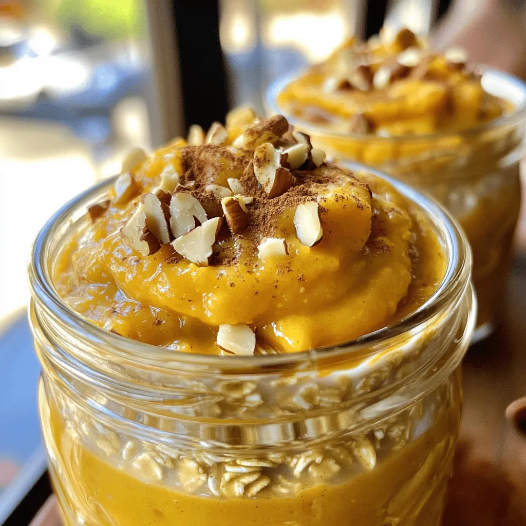 - 1 cup rolled oats - 1 cup cold brew coffee - 1/2 cup pumpkin puree - 1/2 cup almond milk (or milk of choice) - 1 tablespoon maple syrup (adjust to taste) - 1 teaspoon vanilla extract - 1/2 teaspoon pumpkin pie spice - Pinch of salt - 1/4 cup Greek yogurt (optional for creaminess) - Chopped nuts or granola for topping (optional) This recipe makes two servings. Each serving has about: - Calories: 290 - Protein: 10g - Carbohydrates: 45g - Dietary Fiber: 5g - Sugars: 8g - Fat: 8g These oats pack a good mix of carbs, protein, and healthy fats. They also have a nice amount of fiber to keep you full. You can easily change this recipe to fit your needs. Here are some ideas: - Dairy-Free: Use any plant-based milk, like soy or oat milk. - Vegan: Skip the Greek yogurt or use a plant-based yogurt. - Nut-Free: Choose oat milk or coconut milk instead of almond milk. - Lower Sugar: Cut down on maple syrup or use a sugar substitute. These options help everyone enjoy this tasty breakfast! To make Pumpkin Cream Cold Brew Overnight Oats, gather all your ingredients first. You need rolled oats, cold brew coffee, pumpkin puree, almond milk, maple syrup, vanilla extract, pumpkin pie spice, and a pinch of salt. If you want extra creaminess, grab some Greek yogurt too. This simple prep makes the cooking fun and quick. Start by taking a mixing bowl. Add 1 cup of rolled oats and 1/2 cup of pumpkin puree. Pour in 1 cup of cold brew coffee and 1/2 cup of almond milk. Next, add 1 tablespoon of maple syrup. You can adjust the sweetness later. Stir in 1 teaspoon of vanilla extract, 1/2 teaspoon of pumpkin pie spice, and a pinch of salt. If you want it creamier, mix in 1/4 cup of Greek yogurt. Keep stirring until everything blends well together. Now, it's time to store your mix. Divide the oat mixture evenly into two jars or airtight containers. Seal them tight to keep the freshness in. Place the jars in the fridge overnight or for at least 4 hours. This soaking time helps the oats absorb the flavors and get soft. In the morning, give them a good stir. If the oats seem too thick, add a splash of almond milk or more cold brew to adjust. Now, your delicious breakfast is ready to enjoy! To get the best texture, you want a creamy mix. Use rolled oats for a heartier bite. If the oats are too thick after soaking, just add a splash of almond milk or cold brew. This keeps them smooth and easy to eat. Adding Greek yogurt also helps make them creamier. You can change the flavor to match your taste. Want it sweeter? Add more maple syrup. For a spice kick, try a bit more pumpkin pie spice. You can also swap the almond milk for any milk you like. Coconut milk gives a nice twist too. Feeling adventurous? Mix in some cocoa powder for a chocolatey touch. Serve your oats straight from the jar for a quick breakfast. If you want to impress, transfer them to a bowl. Top with chopped nuts or crunchy granola for a nice crunch. A sprinkle of pumpkin pie spice on top makes it look fancy and adds aroma. Enjoy your tasty creation! {{image_2}} You can easily make this dish vegan. Simply swap the Greek yogurt for a plant-based yogurt. Use almond milk or any favorite non-dairy milk. This keeps the creamy texture while making it dairy-free. Also, check that your maple syrup is pure and vegan. You can change the flavors to keep things fun. Try adding salted caramel for a sweet treat. Just mix in a tablespoon of your favorite caramel sauce. You can also add a dash of cinnamon for warmth. A sprinkle of cocoa powder adds a nice twist too. To make your oats more filling, add protein. Mix in a scoop of protein powder. This is a great way to start your day strong. You can also add nuts or seeds. Chopped almonds or chia seeds give a nice crunch. To keep your pumpkin cream cold brew overnight oats fresh, store them in airtight jars. Glass jars work well, but any airtight container will do. Make sure to seal the lids tightly. Avoid leaving the oats uncovered, as they can dry out or absorb other odors in the fridge. Your overnight oats can last in the fridge for up to five days. This means you can prep them at the start of the week for quick breakfasts. If you notice any off smells or changes in texture, it’s best to toss them out. Always trust your senses! You can freeze these oats if you want to keep them longer. Divide the mixture into freezer-safe containers. They can last up to three months in the freezer. When you’re ready to eat, just thaw them in the fridge overnight. You may need to add a splash of almond milk or cold brew to restore the creamy texture. Yes, you can use instant oats. They will soak up liquid faster. The texture might be softer compared to rolled oats. Adjust your liquid to avoid a mushy feel. Instant oats work well if you prefer a quicker prep. To make this dish gluten-free, choose gluten-free rolled oats. Most brands offer this option. Check the label to ensure they are certified gluten-free. This way, you can enjoy the same great taste without the gluten. Absolutely! You can make these oats up to three days in advance. Just store them in airtight containers. They will stay fresh in the fridge. This makes your mornings easy and tasty! We discussed key ingredients and how to mix them for the best results. You learned how to adjust flavors and textures to fit your needs. Remember to consider dietary preferences and storage tips for freshness. In the end, this recipe invites creativity. Enjoy experimenting with flavors and variations. The right ingredients and techniques can elevate your dish every time. Thank you for exploring this topic with me; I hope it inspires your next culinary adventure!