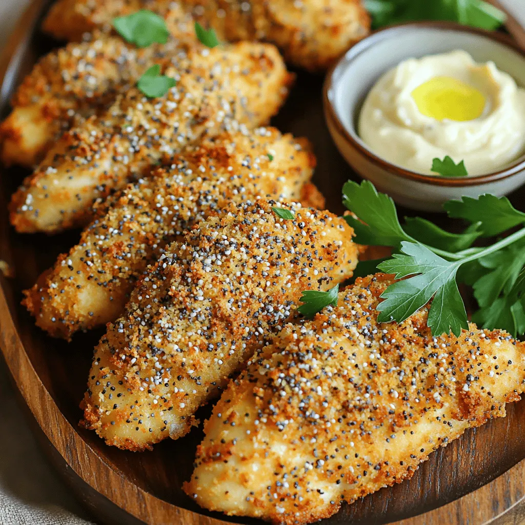 - 1 pound chicken tenders - 1 cup buttermilk (or regular milk with a splash of lemon juice) - 1 cup all-purpose flour - 2 large eggs, beaten - 1 cup breadcrumbs (preferably panko for extra crunch) - 3 tablespoons everything bagel seasoning - Salt and pepper to taste - Olive oil spray - Dipping sauces like lemon aioli or ranch - Garnish with fresh parsley or chives In this recipe, I use chicken tenders as the base. They are tender and cook quickly. Soaking them in buttermilk makes them juicier and adds flavor. If you don’t have buttermilk, mix regular milk with lemon juice. This is a great substitute that works well. Next, we need flour, eggs, and breadcrumbs. The flour helps the breading stick. The eggs bind everything together. I prefer panko breadcrumbs for that extra crunch. They give a nice texture to the chicken tenders. For seasoning, everything bagel seasoning adds a burst of flavor. It contains sesame seeds, poppy seeds, garlic, and onion. This makes the chicken taste amazing. Don’t forget to add salt and pepper to enhance the flavors. When serving, you can choose fun dipping sauces. Lemon aioli adds a zesty touch. Ranch is always a popular choice too. For a nice presentation, sprinkle fresh parsley or chives on top. It makes the dish look vibrant and inviting. First, you need to soak the chicken tenders in buttermilk. This step makes the chicken juicy and flavorful. You should marinate for at least 30 minutes. If you have time, go for up to 2 hours for the best taste. Next, set up three shallow bowls. In the first bowl, add 1 cup of flour. Season it with salt and pepper. In the second bowl, beat 2 large eggs. In the third bowl, mix 1 cup of breadcrumbs with 3 tablespoons of everything bagel seasoning. Now, it's time to coat the chicken. Take the chicken tenders out of the buttermilk. Let the excess buttermilk drip off. First, dredge each tender in the flour. Then dip it in the eggs. Finally, coat it well with the breadcrumb mixture. Press gently so the crumbs stick. Before cooking, preheat your air fryer to 400°F (200°C) for about 5 minutes. This step ensures even cooking. Next, spray the air fryer basket lightly with olive oil spray. Arrange the coated chicken tenders in a single layer. You might need to cook them in batches. Spray the tops lightly with more olive oil. Cook the chicken for about 10 to 12 minutes. Flip them halfway through. They should turn golden brown and crispy. Make sure the internal temperature reaches 165°F (75°C) for safety. Using panko breadcrumbs is key for crispiness. They are lighter and airier than regular breadcrumbs. This gives your chicken tenders a nice crunch. When you coat the chicken, press the crumbs firmly. This helps them stick well. I recommend using olive oil spray. A light spray before cooking enhances crispiness. It also adds a touch of flavor. Make sure to spray the tops of the chicken tenders too. You can customize the seasoning to your taste. Try adding garlic powder or paprika for extra flavor. You can also mix in some parmesan cheese with the breadcrumbs. This adds a delicious cheesy note. For a different twist, consider marinating the chicken in yogurt. It adds a tangy flavor. You can also use different spices in the marinade. This keeps things exciting and fresh. Cooking in batches helps ensure even cooking. Don’t overcrowd the air fryer basket. This allows hot air to circulate around the chicken. It helps them cook evenly and stay crispy. Flip the chicken halfway through cooking. This helps both sides get that golden brown color. If you find one side is cooking faster, check on it. This keeps your chicken tenders perfectly cooked every time. {{image_2}} You can easily swap the chicken tenders for chicken breast or thighs. Chicken thighs add a juicy flavor, while breast meat stays lean. If you want to skip meat, try tofu! Firm tofu works well. Just slice it into strips and press it to remove excess moisture. Then soak it in buttermilk or a vegan alternative. This will help the breading stick. Feel free to get creative with your seasonings! You can mix garlic powder, onion powder, or even paprika into the breadcrumbs. Try adding a bit of Parmesan cheese for a cheesy twist. Other popular toppings include crushed nuts or seeds, which add crunch and flavor. You can also try spicy seasoning mixes for a kick! Cooking times may vary based on your air fryer model. Most cook chicken tenders well at 400°F for 10 to 12 minutes. For thicker tenders, increase the cooking time by a few minutes. Check the internal temperature with a meat thermometer. It should reach 165°F to ensure safety. Always flip your tenders halfway through for even cooking. To store leftovers, place the chicken tenders in an airtight container. They stay fresh for up to three days in the fridge. Let the chicken cool down before sealing the container. This helps prevent moisture buildup, which can make the tenders soggy. For reheating, the air fryer is best! Set it to 350°F (175°C) and cook for 5-7 minutes. The air fryer keeps the tenders crispy. If you use an oven, preheat it to 375°F (190°C) and bake for 10-15 minutes. Cover the tenders with foil to prevent drying out. You can freeze the chicken tenders, too! Use freezer-safe bags or containers. Squeeze out any air to avoid freezer burn. They can be stored for up to three months. When ready to eat, thaw them in the fridge overnight. For a quick thaw, use the microwave on defrost. Reheat in the air fryer for the best texture! Yes, you can use regular breadcrumbs. However, panko gives a crispier texture. Regular breadcrumbs are finer and may make the chicken less crunchy. If you want extra crunch, stick with panko. It creates a better crust on your chicken tenders. The safe internal temperature for chicken is 165°F (75°C). This ensures it is fully cooked and safe to eat. Use a meat thermometer to check the thickest part of the tenders. At this temperature, the chicken is juicy and tender. Yes, you can make this recipe gluten-free. Use gluten-free breadcrumbs instead of panko. You can also swap all-purpose flour for a gluten-free flour blend. Make sure that your everything bagel seasoning is gluten-free as well. This way, everyone can enjoy these tasty chicken tenders! You learned how to make crispy air fryer chicken tenders. We covered the main ingredients, steps, and tips for perfect results. Remember that marinating in buttermilk brings out great flavor. Use panko breadcrumbs for the best crunch. Don’t forget tasty dipping sauces and garnishes to make your meal special. Try different proteins or seasonings to suit your taste. Enjoy the process and share your chicken tender success with others!