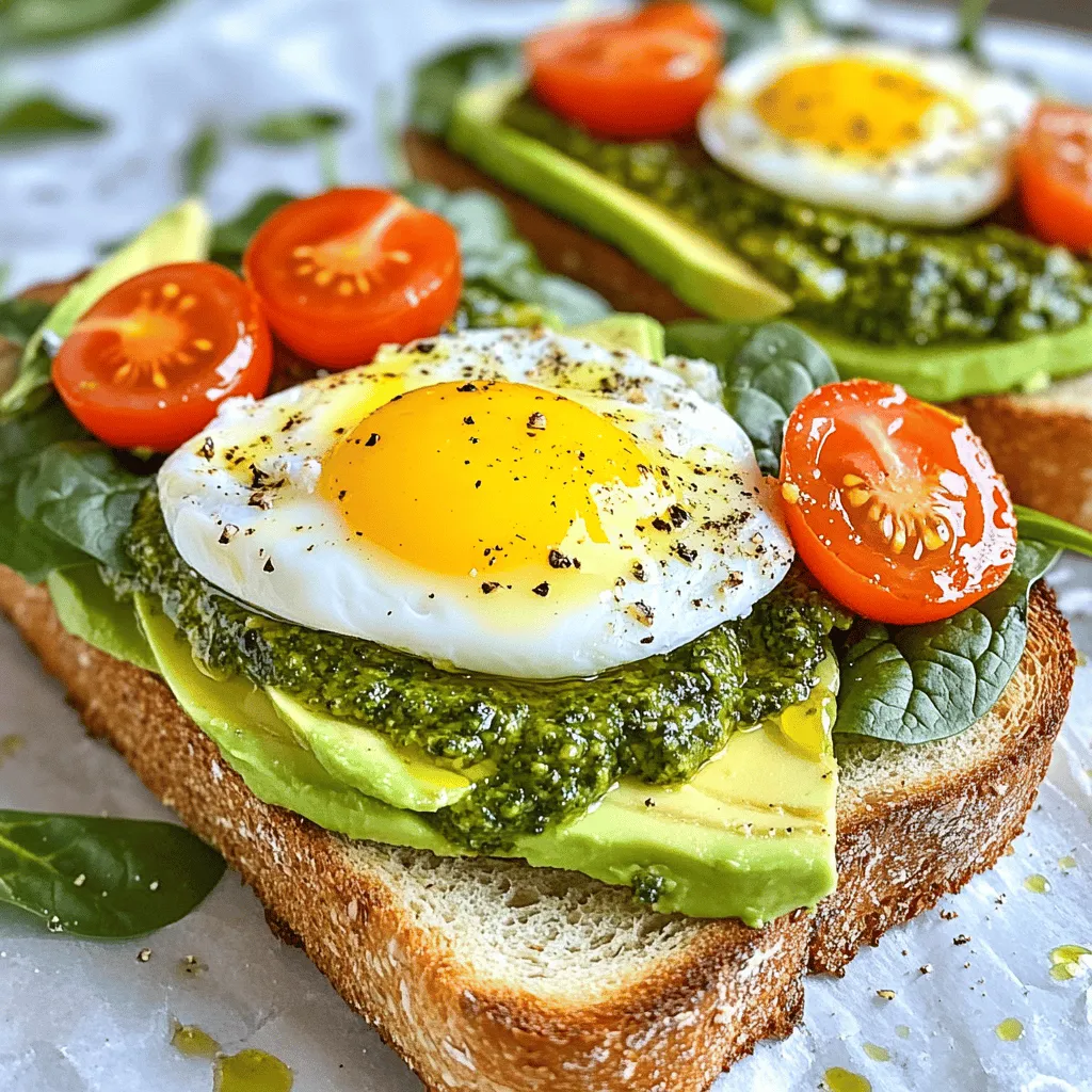 - 4 large eggs - 4 slices of your favorite bread (sourdough or whole grain recommended) - 4 tablespoons pesto (store-bought or homemade) For this sandwich, the eggs serve as the star. They add protein and flavor. You can use large eggs for the best results. Choose your bread wisely; sourdough or whole grain adds great taste and texture. Pesto is key too. Store-bought is easy, but homemade can be special. - 1 avocado, sliced - 1 cup baby spinach - ½ cup cherry tomatoes, halved Adding toppings can make this sandwich even better. Creamy avocado boosts flavor and nutrition. Baby spinach adds green goodness. Cherry tomatoes give a juicy pop. Each topping adds color and taste, making your sandwich look and taste amazing. - Olive oil or butter for cooking - Optional: Shredded cheese (mozzarella or cheddar) - Seasoning (salt and pepper) Using olive oil or butter helps cook the eggs just right. If you love cheese, sprinkle some on top to melt. A pinch of salt and pepper enhances the eggs' flavor. These essentials make the sandwich rich and tasty. 1. Start by heating your non-stick frying pan over medium heat. 2. Add a drizzle of olive oil or a small pat of butter. This helps the eggs cook well. 3. Crack the eggs into the pan. Space them apart to avoid sticking. 4. Season the eggs with salt and pepper. This adds flavor to your dish. 5. Cook for about 3-4 minutes. The whites should set, but the yolks can stay runny. 6. If you want firmer yolks, cook a bit longer. Adjust the time to your taste. 1. While the eggs cook, prepare your bread. You can use a toaster or a skillet. 2. If using a toaster, pop the slices in and toast until golden brown. 3. If using a skillet, place the slices in the pan until they turn golden brown. 4. Aim for that perfect shade of brown. It adds a nice crunch to your sandwich. 1. Take one slice of toasted bread and spread 1 tablespoon of pesto on it. 2. On another slice, layer on some baby spinach. This adds a fresh taste. 3. Next, add the sliced avocado on top of the spinach. 4. Carefully place the cooked egg on top. 5. Finish with halved cherry tomatoes for a pop of color and taste. 6. Top it with the other slice of bread, pesto side down. 7. Serve your sandwich right away for the best flavor and texture. 8. For a fun touch, cut the sandwich in half to show off the layers. To get the best eggs, think about how you like your yolks. For runny yolks, cook the eggs just until the whites are set. This usually takes about 3-4 minutes. If you want well-done yolks, just cook them a bit longer. Watch them closely to avoid overcooking. Overcooked eggs become dry and rubbery. Keep an eye on them to keep your eggs soft and tasty. When it comes to pesto, you have options. Store-bought pesto is quick and easy. However, homemade pesto adds a fresh touch. To make your own, blend fresh basil, garlic, nuts, oil, and cheese. You can swap basil for other herbs like parsley or cilantro. This gives your pesto a unique flavor. Have fun and experiment with what you like best! Cut your sandwiches in half diagonally. This shows off the colorful layers inside. It also makes them easier to eat. To make your meal even better, serve the sandwiches with a small side salad. This adds freshness to your plate. Enjoy the mix of textures and flavors! {{image_2}} You can switch up the bread for your pesto egg breakfast sandwich. If you need gluten-free options, look for gluten-free bread at your store. It tastes great too! You can also try using bagels or English muffins. These choices add a fun twist to your meal. Want to add more flavor? Consider cheese alternatives. If you prefer vegan options, try cashew cheese or nutritional yeast. They work well with the pesto. You can also add more veggies. Bell peppers and arugula are great choices. They bring extra color and taste to your sandwich. For a protein boost, think about adding different proteins. You could use turkey bacon, ham, or even tofu. These options make your sandwich heartier. If you like spice, add sriracha or jalapeños. They will give your breakfast a nice kick and make it even more exciting. To keep eggs fresh, store them in the fridge. Place them in a sealed container. The same goes for pesto. If you make it fresh, cover it tightly. You can also add a thin layer of olive oil on top. This helps to keep it from browning. For bread, avoid the fridge. It can make bread soggy. Instead, wrap it in plastic or foil and keep it in a cool, dry place. When reheating your pesto egg breakfast sandwich, use a skillet. Heat it on low to medium. This keeps the bread crisp and warms the eggs gently. If you use a microwave, wrap the sandwich in a damp paper towel. This helps prevent it from getting too dry. For a fresh taste, add more pesto after reheating. You can prepare these sandwiches ahead and freeze them. Wrap each sandwich in foil or plastic wrap, then place them in a freezer bag. This keeps them fresh. When you are ready to eat, take one out and thaw it in the fridge overnight. You can reheat it in the oven or skillet. This way, the bread stays crispy, and the eggs stay tasty. Yes, you can use different types of eggs. You can also try egg substitutes. If you want a vegan option, tofu works great. Silken tofu mimics the texture of eggs when cooked. Just crumble and sauté it with a bit of salt and pepper. For a different taste, try chickpea flour. Mix it with water to form a batter and cook it like scrambled eggs. The best bread depends on your taste. Sourdough adds a tangy flavor and chewy texture. Whole grain bread is hearty and packed with fiber. You could also try bagels or English muffins. Each bread type brings a unique taste to your sandwich. If you want something lighter, look for gluten-free options, like rice or almond flour bread. You can make this sandwich healthier with a few simple swaps. Use whole grain or sprouted bread for extra fiber. Swap avocado for low-fat Greek yogurt for creaminess without extra fat. Add more veggies, like bell peppers or mushrooms, for added nutrients. You can also reduce the amount of cheese or choose a lighter option. This way, you keep all the flavor but also boost the health factor. You learned how to create a tasty breakfast sandwich. We covered key ingredients, like eggs and pesto. I shared step-by-step cooking tips and ideas for extra toppings. You also explored variations and storage methods. Now, it’s time to get cooking and enjoy your own creations! Try new flavors and be creative. You can make each sandwich your own. Enjoy every bite!